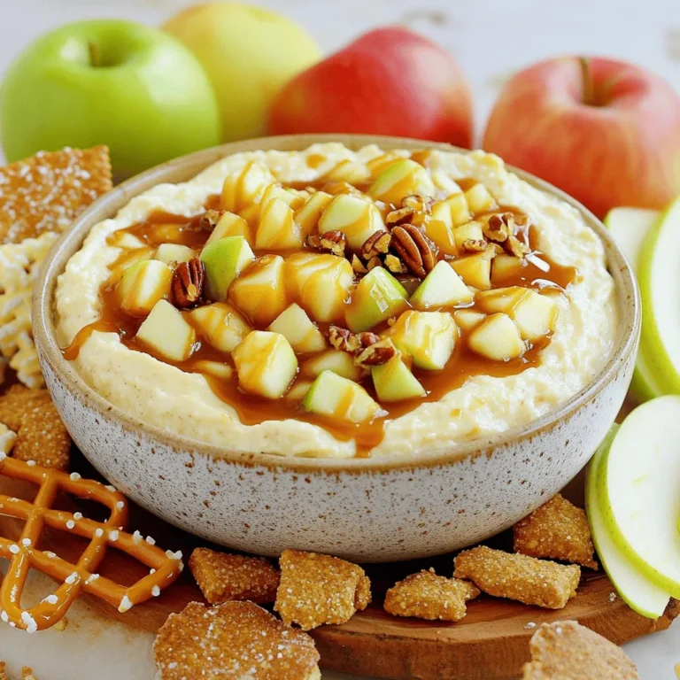 - 8 oz cream cheese, softened to room temperature - 1/2 cup powdered sugar - 1 tsp vanilla extract - 1/2 cup sour cream - 1 cup caramel sauce (store-bought or homemade) - 1 large apple (Granny Smith or Honeycrisp), diced into small pieces - 1/2 cup crushed graham crackers - 1/4 cup chopped pecans (optional) - Additional caramel sauce for drizzling on top The cream cheese forms the base of the dip. It gives a rich and creamy texture. The powdered sugar adds sweetness, while the vanilla extract gives a warm flavor. Sour cream adds tanginess, balancing the sweetness. The caramel sauce brings that classic caramel flavor, making every bite special. Diced apples add freshness and crunch, while graham crackers give a nice texture. Chopped pecans add extra crunch if you want it. - Cinnamon (for warmth) - Nutmeg (for spice) - Chocolate chips (for sweetness) - Toasted coconut (for a tropical twist) You can add cinnamon or nutmeg for a warm flavor. Chocolate chips make the dip sweeter. Toasted coconut adds a fun tropical taste. These options let you customize the dip to your liking. - Use Greek yogurt instead of sour cream for a healthier option. - Swap the cream cheese for mascarpone for a different texture. - Choose different apples like Fuji or Gala based on your taste. If you want to make it lighter, Greek yogurt is a good swap. Mascarpone can give a creamier texture. Different apples can change the flavor, so feel free to experiment. Start by grabbing a big mixing bowl. You need to beat 8 oz of softened cream cheese. Use an electric mixer to make it smooth. Add 1/2 cup of powdered sugar and 1 tsp of vanilla extract. Mix until it is creamy and there are no lumps. Next, stir in 1/2 cup of sour cream. Beat it again until everything blends well. The mixture should look nice and smooth. Now, it’s time for the fun part! Take 1 large diced apple and fold it into the cream cheese mix. I love using Granny Smith for a tart taste or Honeycrisp for sweetness. Make sure the apples mix evenly so every bite has flavor. Then, pour in 1 cup of caramel sauce. Gently stir to combine. This adds that sweet, sticky goodness you want. Transfer the creamy dip into a nice serving dish. Spread it out so it looks even. Drizzle more caramel sauce over the top. It should look inviting! Next, sprinkle 1/2 cup of crushed graham crackers on top. If you like, add 1/4 cup of chopped pecans for crunch. For a final touch, drizzle a little more caramel on top. Serve with fresh apple slices, pretzels, or vanilla wafers around the dip. This makes it look pretty and invites everyone to dig in! To get the best creamy texture, start with softened cream cheese. This is key. Use an electric mixer for smooth results. Mix until it looks fluffy. Gradually add powdered sugar and vanilla. Keep mixing until the sugar blends in well. Then add sour cream slowly. Beat again until it’s lump-free. This makes your dip rich and velvety. Serve the dip in a shallow bowl. This makes it easy to scoop. Drizzle caramel sauce on top for a beautiful finish. You can add crushed graham crackers and pecans for texture. Pair it with fresh apple slices. Pretzels and vanilla wafers also work great. This mix of flavors will wow your guests. You can make this dip in advance. Prepare it up to two days ahead. Just store it in the fridge. Keep it covered to stay fresh. Add the toppings right before serving. This keeps everything crunchy. You’ll have more time to enjoy your guests when they arrive! {{image_4}} You can make this dip even better with extra flavors. Try adding cinnamon for warmth. A pinch of nutmeg gives a nice spice too. You can also use different extracts. Almond extract adds a unique twist. Just remember, a little goes a long way! While apples are the star, you can switch things up. Pears work well if you want a softer fruit. For a tropical vibe, try adding diced mango or pineapple. You can also top the dip with chocolate chips for extra sweetness. Fresh berries add color and a tart taste. Want a lighter version? Use Greek yogurt instead of sour cream. It gives a creamy texture with less fat. You can swap cream cheese for a low-fat version too. For sweetening, try honey or maple syrup instead of powdered sugar. These options keep the dip delicious while making it a bit healthier. Store any leftover caramel apple cheesecake dip in an airtight container. Keep it in the fridge for up to three days. Make sure to cover it well to keep it fresh. If the dip seems thick after chilling, just give it a quick stir before serving again. You can freeze this dip, but it may change texture. To freeze, place it in a freezer-safe container. Seal it tightly to avoid freezer burn. It can last for about one month. When ready to eat, thaw it in the fridge overnight. Stir again to help restore its creamy texture. Use glass or plastic containers with tight lids for the best storage. Glass jars keep flavors fresh and are easy to clean. If you use plastic, make sure it is BPA-free. Label your containers with the date, so you remember when you made it. Yes, you can make this dip ahead of time. I suggest preparing it a few hours before your guests arrive. Just store it in the fridge. This allows the flavors to blend well. If you want to make it even earlier, you can prep it a day ahead. Just add the toppings right before serving for the best look. I love using Granny Smith apples for their tartness. They add a nice contrast to the sweet dip. Honeycrisp apples are another great choice. They bring a sweet crunch that pairs well with the creaminess of the dip. Feel free to mix both types for a fun flavor combo! Definitely! To make this dip gluten-free, simply swap out regular graham crackers for gluten-free ones. Many brands offer tasty gluten-free options now. You can also skip the graham crackers if you want. This dip is still delicious and creamy without them! Caramel apple cheesecake dip is easy and fun to make. We explored its key ingredients, like cream cheese and caramel, and discussed how you can customize flavors. I shared step-by-step instructions and tips for perfect texture and presentation. Don't forget to consider variations and storage tips to enjoy your dip longer. As you dive into making this treat, remember it’s all about having fun and sharing with others. Get creative, and enjoy each bite!