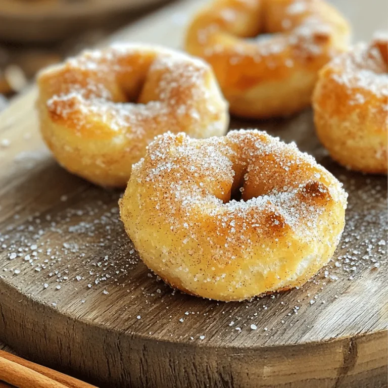 To make these tasty bites, gather the following essential ingredients: - 1 cup warm water (between 110°F and 115°F) - 1 packet (2 1/4 teaspoons) active dry yeast - 3 tablespoons granulated sugar (divided) - 2 tablespoons unsalted butter (melted) - 1 teaspoon salt - 3 cups all-purpose flour (plus extra for dusting) - 1/4 cup baking soda - 1 large egg (beaten for egg wash) - 1/2 cup granulated sugar (for cinnamon sugar coating) - 1 tablespoon ground cinnamon - Coarse sea salt (for sprinkling) These ingredients work together to create a soft and chewy pretzel bite, coated in sweet cinnamon sugar. You can add these optional ingredients to elevate the flavor of your pretzel bites: - Vanilla extract for a hint of sweetness - Cream cheese for a richer dough - Nutmeg to add warmth to the cinnamon These additions can make your pretzel bites unique and even more delightful. Each serving of cinnamon sugar pretzel bites, which is about 2-3 bites, contains: - Calories: 120 - Protein: 3g - Fat: 2g - Carbohydrates: 23g - Fiber: 1g - Sugars: 5g This treat has a good balance of fun and flavor, making it a great snack option! Start with warm water. It should feel nice, around 110°F to 115°F. Add the yeast and 1 tablespoon of sugar to the water. Let it sit for about 5 minutes. This step makes the yeast frothy. A frothy mix means the yeast is ready! Next, mix in melted butter, the other 2 tablespoons of sugar, and salt. Stir until everything blends well. Now, slowly add flour, one cup at a time. You will mix it with a wooden spoon or your hands. Keep adding until the dough feels soft and easy to work with. Dust a clean surface with flour. Knead the dough for 5-7 minutes. It should feel smooth and springy. After kneading, put the dough in a greased bowl. Cover it with a kitchen towel. Let it rise in a warm spot for about 1 hour. Your dough should double in size. Once the dough has risen, punch it down to release air. Roll it into a long log about 1 inch thick. Cut the log into 1-inch pieces. This gives you bite-sized pretzel pieces. Next, bring 10 cups of water to a boil. Add in the baking soda. Carefully drop the pretzel bites into the boiling water. Cook them for 30 seconds. Use a slotted spoon to take them out. Place the pretzel bites on a lined baking sheet. Preheat your oven to 425°F (218°C). Brush the tops of each pretzel bite with a beaten egg. This makes them shiny. Sprinkle coarse sea salt on top for taste. Bake the pretzel bites for 12-15 minutes. They should look golden and puffed. While they bake, mix the remaining sugar with ground cinnamon in a shallow bowl. Once baked, toss the pretzel bites in the cinnamon sugar mix. Make sure each bite gets a nice coat. Enjoy your tasty snack! When making cinnamon sugar pretzel bites, I see some common mistakes. Here are a few to watch out for: - Using water that is too hot can kill the yeast. Keep it warm, between 110°F and 115°F. - Not letting the dough rise enough can lead to tough bites. Always let it double in size. - Adding too much flour can make the dough dry. Start with less and add more if needed. To get the best texture for your pretzel bites, follow these tips: - Knead the dough for 5-7 minutes until it feels smooth and elastic. This helps develop gluten. - Use a sharp knife to cut uniform pieces. This ensures even cooking and nice shapes. - Boil the pretzel bites for 30 seconds. This gives them that classic pretzel texture. Sometimes, dough can be tricky. Here’s how to fix common issues: - If your dough is too sticky, sprinkle in a bit more flour as you knead. - If the dough does not rise, check your yeast. It should be frothy after mixing with water. - If your pretzel bites come out hard, they might be overbaked. Keep an eye on them in the oven. Following these tips will help you create perfect cinnamon sugar pretzel bites each time you bake! {{image_4}} You can easily add cheese to these bites. To make cheesy pretzel bites, add shredded cheese to the dough. Use a mild cheese like cheddar or mozzarella for a smooth melt. Fold the cheese in after kneading. Shape and boil the bites just like the classic recipe. After baking, you can sprinkle more cheese on top for extra flavor. Want to make these bites gluten-free? Simply swap the all-purpose flour for a gluten-free blend. Look for one that works well for baking. Follow the same steps for rising and boiling. Check the dough's texture; it may need a bit more flour. The taste will still be sweet and cinnamon-y, perfect for everyone. You can mix it up with toppings! Instead of cinnamon sugar, try garlic powder and Parmesan cheese. For a sweet twist, serve with chocolate or caramel sauce. A creamy cheese dip also pairs well with the warm pretzel bites. You can explore these options to find your new favorite combination. To keep your leftover cinnamon sugar pretzel bites fresh, store them in an airtight container. Make sure they cool completely before sealing. This will help them stay soft and tasty. You can keep them at room temperature for up to two days. If you want to keep them longer, consider freezing. Freezing is a great way to save your pretzel bites. After they cool, place them in a freezer bag or container. Be sure to remove as much air as possible. Label the bag with the date. You can keep them frozen for about three months. When you’re ready to enjoy them, just thaw them in the fridge overnight. To reheat your pretzel bites, preheat your oven to 350°F (175°C). Place the bites on a baking sheet. Heat them for about 5 to 10 minutes, until warm. This will make the outside crispy again. You can also use a microwave, but they may get a bit chewy. Enjoy your pretzel bites just like fresh! To help your dough rise, use warm water between 110°F and 115°F. This temperature activates the yeast. Mix the warm water with the yeast and some sugar. Let it sit for five minutes until it bubbles. This shows the yeast is alive. After this, mix in your other ingredients. Cover the dough with a towel and place it in a warm spot. Let it rise until it doubles in size, usually about one hour. Yes, you can. Prepare the dough and let it rise as usual. After shaping the bites, you can freeze them before boiling. Lay them on a baking sheet without touching. Freeze for about one hour, then transfer them to a bag. When ready to bake, boil them straight from the freezer. Adjust the baking time as needed. You can find ready-made pretzel bites in grocery stores. Look in the frozen food aisle. Many brands offer soft pretzel bites that are tasty and easy to prepare. Some local bakeries might also sell fresh pretzel bites. Check their pastry section for these delightful treats. This blog post covered how to make delicious cinnamon sugar pretzel bites. We talked about key ingredients, easy steps, and some tips to avoid mistakes. You can even try fun variations like cheesy bites or gluten-free options. In the end, making pretzel bites is simple and tasty. With practice, you can enjoy fresh treats at home anytime. Get ready to impress your friends and family with your new skills!