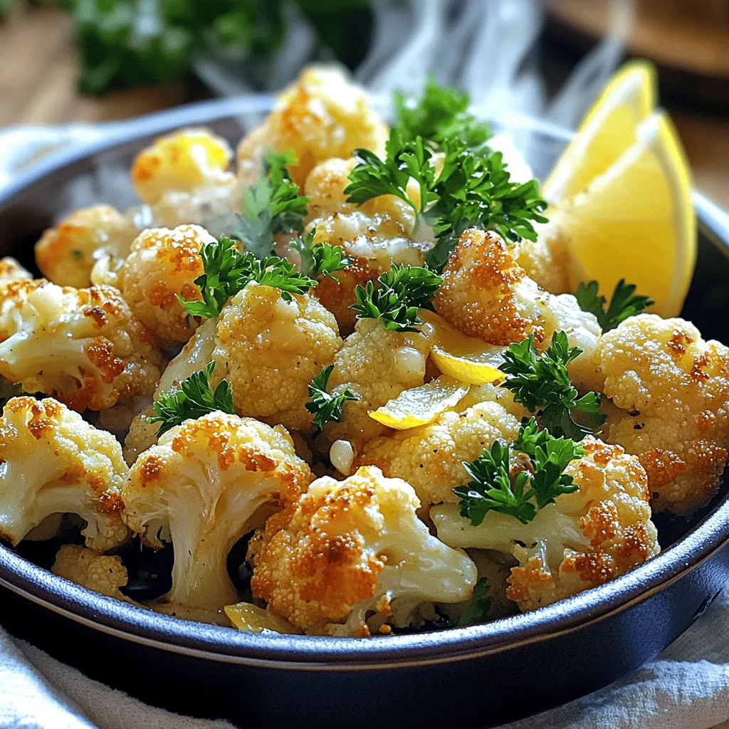 - 1 large head of cauliflower, cut into bite-sized florets - 4 cloves garlic, finely minced - 1/4 cup extra virgin olive oil - Juice and zest of 1 large lemon - 1 teaspoon smoked paprika - 1 teaspoon ground cumin - Sea salt and freshly ground black pepper For the best flavor, use a large head of cauliflower. You can swap in frozen cauliflower if fresh isn’t available. Use about 4 cloves of garlic for a strong taste. Extra virgin olive oil adds richness, but you can use another oil if needed. The lemon juice and zest give a bright flavor. If you want a milder taste, reduce the amount of lemon. Smoked paprika adds a nice touch, but regular paprika works too. Ground cumin gives warmth, yet you can skip it if you prefer. Season with salt and pepper to your liking. Garnish your dish with fresh parsley. It adds a lovely color and flavor. Serve lemon wedges on the side. This way, people can add more lemon if they want. It brightens the dish even more! To start, wash your cauliflower under cold water. This helps remove dirt and any small bugs. Next, cut the cauliflower into bite-sized florets. Aim for even sizes to cook well. After that, grab a large baking sheet. Line it with parchment paper. This makes cleanup easy and prevents sticking. Now, let’s make the marinade. In a big mixing bowl, add the minced garlic, olive oil, lemon juice, and lemon zest. Also, include smoked paprika and ground cumin. Don’t forget sea salt and black pepper for flavor. Whisk these ingredients together until they blend well. To ensure an even mixture, whisk slowly at first. This helps combine the olive oil with the lemon juice. Set your oven to 425°F (220°C). This high heat is perfect for roasting. Once it’s hot, add your cauliflower florets to the bowl with the marinade. Toss them gently, making sure each piece is coated. Spread the florets in a single layer on your baking sheet. This helps them roast evenly. Now, roast the cauliflower for 25 to 30 minutes. Halfway through, stir the florets to promote even browning. You want them to be tender and golden brown. For even cooking, cut your cauliflower into similar-sized florets. Aim for about 1 to 2 inches. This size helps them cook at the same rate. Spread the florets in a single layer on the baking sheet. Avoid crowding, as this can lead to steaming rather than roasting. To check for doneness, look for a golden-brown color. You can poke a floret with a fork. It should feel tender but not mushy. If it needs more time, put it back in the oven. You can easily add herbs or spices to make this dish your own. Try adding rosemary or thyme for a nice twist. A pinch of red pepper flakes can add heat if you like spice. Adjust the acidity with lemon to brighten the dish. You can add more lemon juice or zest before serving. This can enhance the flavor and make it pop. Using parchment paper is key for easy cleanup. Line your baking sheet with it before adding the cauliflower. This prevents sticking and makes cleanup a breeze. To make washing easier, soak your pans in warm water after use. This loosens any stuck bits. It helps you clean up faster, so you can enjoy your meal! {{image_4}} You can change up the flavor of Lemon Garlic Roasted Cauliflower in many ways. Adding cheese can give it a rich taste. Try crumbled feta or grated Parmesan for a creamy touch. Nuts like toasted almonds or pine nuts add crunch and flavor. If you love heat, sprinkle in some chili powder or red pepper flakes. This will give your dish a spicy kick. You can adjust the amount based on your taste. This dish fits many diets. It is vegan and gluten-free. All the main ingredients are plant-based. If you need a low-carb option, this cauliflower dish is perfect. It’s a great substitute for rice or pasta. Pair this roasted cauliflower with meats or fish. It goes well with grilled chicken or salmon. You can also make it part of a grain bowl. Add quinoa, brown rice, or farro for a filling meal. In salads, use it as a hearty topping. It adds a tasty crunch and healthy nutrients. Feel free to get creative with how you serve it! After making Lemon Garlic Roasted Cauliflower, let it cool down completely. Place it in an airtight container. This way, it stays fresh for up to four days in the fridge. Proper cooling helps maintain flavor and texture. If you want to keep it longer, freezing works well. First, let the cauliflower cool completely. Then, spread it on a baking sheet to freeze individually. Once frozen, transfer it to a freezer-safe bag. This method keeps it tasty for up to three months. To reheat, thaw in the fridge overnight. Then, warm it in the oven at 350°F (175°C) for about 15 minutes. Use leftover cauliflower in many fun ways. Add it to salads for crunch. Mix it into grains like quinoa or rice for extra flavor. You can even blend it into soups for creaminess. It’s a great way to enjoy your meal prep. Get creative and have fun with your leftovers! Roasting cauliflower usually takes about 25 to 30 minutes. Preheat your oven to 425°F (220°C) for the best results. Keep an eye on the florets as they roast. Halfway through, stir them gently for even cooking. You want them to be tender and golden brown. Yes, you can use frozen cauliflower, but fresh is best. Frozen cauliflower often has more water. This can lead to a softer texture after roasting. If you use frozen, thaw it first and pat it dry. This helps reduce excess moisture and improves the final dish. Lemon Garlic Roasted Cauliflower pairs well with many dishes. Here are some tasty options: - Grilled chicken or fish - Quinoa or rice bowls - Mixed green salads - Roasted potatoes or sweet potatoes These sides balance the flavors of the cauliflower and create a complete meal. To add some heat to your Lemon Garlic Roasted Cauliflower, try these options: - Add 1/2 teaspoon of red pepper flakes to the marinade. - Mix in some cayenne pepper for a bolder kick. - Toss in diced jalapeños before roasting. These spices will give your dish a nice zing while keeping the lemon and garlic flavors. Roasting cauliflower is simple and tasty with just a few ingredients. We discussed the main ingredients and helpful tips to ensure perfect results. Remember to stick to the suggested measurements, but feel free to customize your dish to fit your taste. Incorporate your roasted cauliflower into meals or enjoy it on its own. Whether you eat it fresh, frozen, or as leftovers, this versatile dish will please your palate. Get ready to enjoy this healthy, flavorful dish!