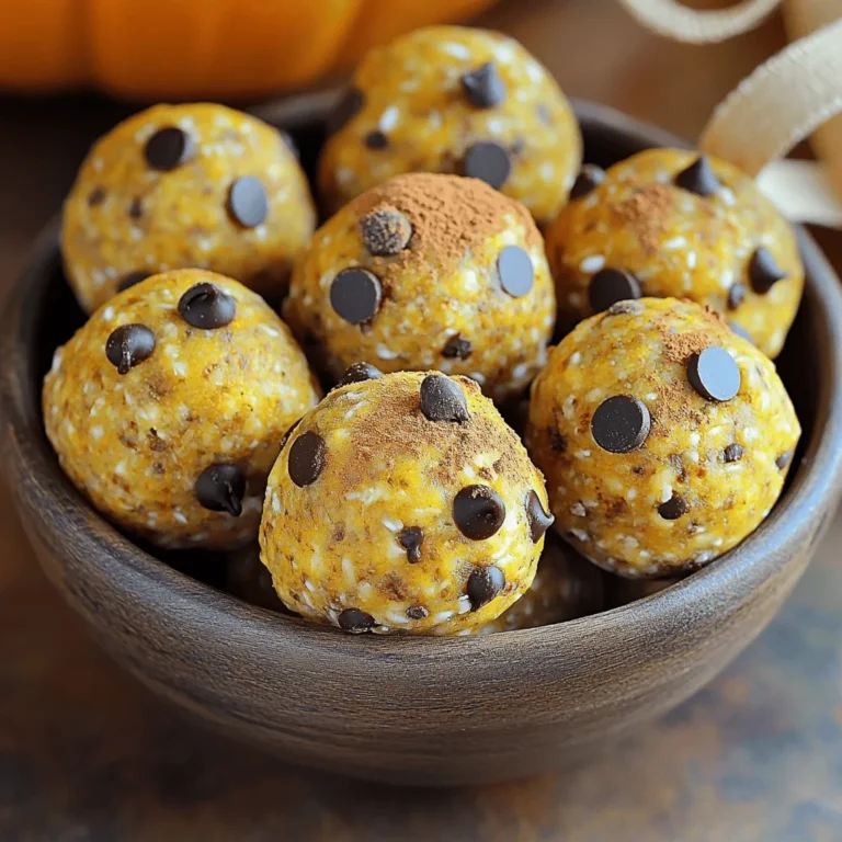- 1 cup rolled oats - 1/2 cup almond butter - 1/4 cup pumpkin puree - 1/4 cup pure maple syrup - 2 tablespoons ground flaxseed - 1 tablespoon chia seeds - 1 tablespoon pumpkin spice blend - 1 teaspoon vanilla extract - 1/2 cup chocolate chips (optional: dairy-free) - Pinch of sea salt You can easily swap almond butter for peanut butter if needed. Sunflower seed butter works well too for nut-free options. For pumpkin puree, use homemade puree or canned. Instead of pure maple syrup, you can try honey or agave syrup. If you want a different sweetener, use coconut sugar or a sugar substitute. Each serving of these energy balls has: - Calories: 120 - Protein: 3g - Carbohydrates: 15g - Fiber: 2g - Sugars: 5g - Fat: 6g These energy balls are a tasty way to fuel your day! The oats give you lasting energy, while the nut butter adds healthy fats. Enjoy these as a snack or a quick breakfast! To start making your pumpkin spice latte energy balls, gather your ingredients first. You will need: - 1 cup rolled oats - 1/2 cup almond butter - 1/4 cup pumpkin puree - 1/4 cup pure maple syrup - 2 tablespoons ground flaxseed - 1 tablespoon chia seeds - 1 tablespoon pumpkin spice blend - 1 teaspoon vanilla extract - 1/2 cup chocolate chips (optional: dairy-free) - Pinch of sea salt Begin by taking a large mixing bowl. Add the rolled oats, almond butter, pumpkin puree, maple syrup, and vanilla extract. Stir it all together with a spatula. You want to make a sticky base. Next, add the ground flaxseed, chia seeds, pumpkin spice blend, and a pinch of sea salt. Mix well until the dry ingredients blend in. This step is key for even flavor. If you like chocolate, fold in the chocolate chips. This will give your energy balls sweet bursts. Make sure to spread them evenly in the mixture. Now comes the fun part! Use clean hands to take small bits of the mixture. Each bit should be about 1 tablespoon. Roll them between your palms to form smooth balls, about 1 inch in size. Once you have all your balls rolled, line a plate with parchment paper. Place the energy balls on the plate, giving them space. Now, put the plate in the fridge. Let them chill for at least 30 minutes. This helps them firm up and makes them easier to eat. After your energy balls have set, you can serve them in many ways. For a lovely look, use a clear glass jar. Tie a decorative ribbon around it. This makes a cute gift too! Another idea is to use a rustic wooden bowl. You can sprinkle some pumpkin spice on top for a cozy touch. Enjoy these tasty energy balls as a snack or a boost during your day. To get the best texture for your energy balls, use fresh ingredients. Check the oats and nut butter for quality. You want a sticky mix. If it feels too dry, add a bit more pumpkin puree or almond butter. If it’s too wet, add a few oats. Rolling them into balls should be easy. They should hold their shape well. To keep your energy balls fresh, store them in an airtight container. Place them in the fridge right after they set. They stay good for about a week. For longer storage, you can freeze them. Just make sure to separate each ball with parchment paper. That way, they won’t stick together. Want to spice things up? Try adding a teaspoon of cinnamon for warmth. You can also add chopped nuts for a crunchy texture. If you love coconut, mix in some shredded coconut. For a fun twist, swap out the chocolate chips for dried fruit. Each addition gives you a new flavor to enjoy! {{image_4}} You can easily tweak this recipe to fit your diet. For a gluten-free option, just use gluten-free oats. If you need nut-free energy balls, swap almond butter for sunflower seed butter. This change still gives a great taste while keeping it safe for nut allergies. Feel free to play with flavors! You might add a dash of nutmeg or a splash of caramel extract for extra fall vibes. Want a chocolate twist? Use cocoa powder in place of some oats. This adds richness and makes each bite even more delicious. Switching ingredients can make a big difference. Try peanut butter instead of almond butter for a stronger taste. If you prefer a different sweetener, honey or agave syrup works well too. You can also use vanilla protein powder to boost nutrition. Each swap brings a new twist to your energy balls! To keep your Pumpkin Spice Latte Energy Balls fresh, store them in an airtight container. A glass jar with a tight lid works great. Place the container in the refrigerator. This helps them stay tasty for up to a week. Be sure to keep them away from strong-smelling foods. This keeps their pumpkin spice flavor intact. If you want to save some for later, freezing is a smart choice. First, line a baking sheet with parchment paper. Place the energy balls on the sheet, making sure they don’t touch. Freeze them for about two hours until solid. Then, move the balls to a freezer-safe bag or container. They can stay frozen for up to three months. When you're ready to eat them, thaw them in the fridge overnight. Check your energy balls before you eat them. If they smell off or change color, it’s best to toss them out. A slimy texture is a sign that they are no longer good. Always trust your senses; if something seems wrong, don’t eat it. Keeping an eye on these signs helps ensure you enjoy your delicious fall treat! Yes, you can make these energy balls vegan. Simply swap almond butter for a nut-free butter like sunflower seed butter. Use maple syrup as your sweetener, and ensure your chocolate chips are dairy-free. This way, you keep all the flavor without any animal products. These energy balls can last up to one week in the fridge. Make sure to store them in an airtight container. If you want them to last longer, you can freeze them for up to three months. Just thaw them in the fridge before enjoying. Absolutely! You can omit the chocolate chips if you prefer. The energy balls will still taste great with just the pumpkin and spices. You could also add dried fruit or nuts for extra texture and flavor. This blog covered how to make tasty energy balls. You learned about the key ingredients, how to prep them, and tips for the best texture. I shared storage tips to keep them fresh and ways to change flavors for your taste. You can easily customize them to fit diets. Remember, these energy balls are not just fun to make; they are also a healthy treat. Try them out, and enjoy your delicious snacks anytime!
