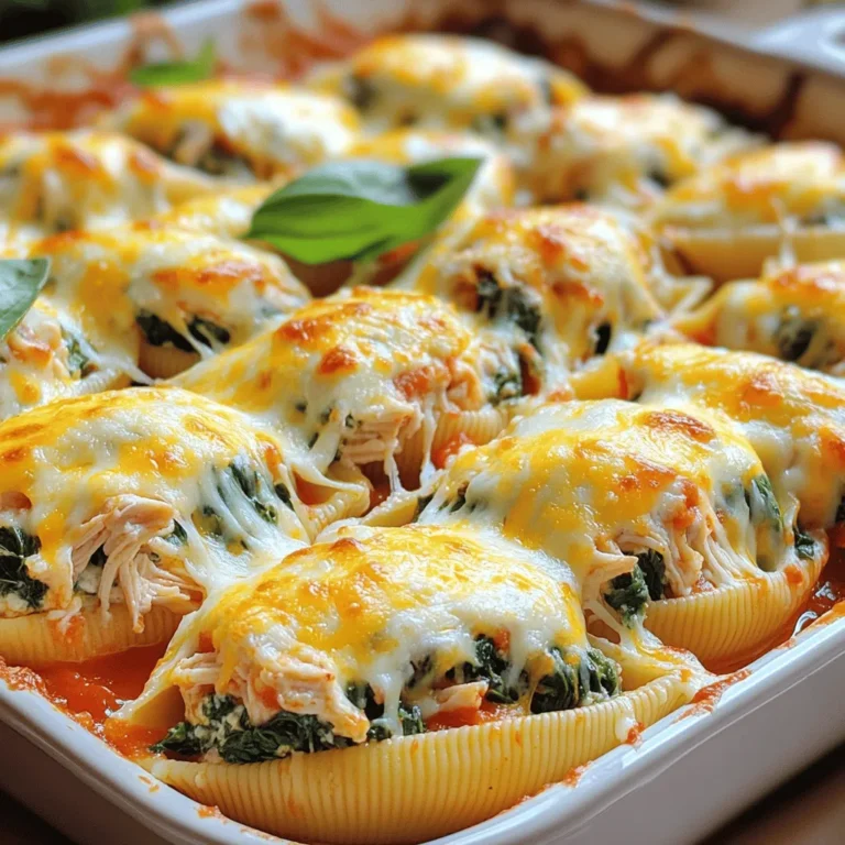 Here’s what you need for the chicken and spinach stuffed shells. Gather these items before you start cooking: - 20 jumbo pasta shells - 2 cups cooked chicken, shredded - 1 cup ricotta cheese - 1 cup shredded mozzarella cheese, divided - 1 cup fresh spinach, finely chopped - 1/2 cup grated Parmesan cheese - 1 garlic clove, minced - 1 teaspoon Italian seasoning - 1/2 teaspoon salt - 1/4 teaspoon black pepper - 1 cup marinara sauce - Fresh basil leaves for garnish (optional) Each ingredient plays a key role in making this dish tasty. The jumbo pasta shells hold the filling well. Shredded chicken adds protein and flavor. Ricotta and mozzarella cheeses give a creamy texture. Fresh spinach not only adds color but also boosts nutrition. Seasoning enhances the taste, bringing everything together. Make sure to use quality ingredients. They will elevate your dish. Feel free to add your favorite herbs or spices to the mix. Cooking should be fun and creative! First, preheat your oven to 375°F (190°C). This step helps cook the shells evenly. Next, boil a large pot of salted water. When the water boils, add 20 jumbo pasta shells. Cook them for about 8-10 minutes, or until they are al dente. I recommend stirring them gently so they don't stick. After cooking, drain the shells in a colander. Place them on a plate to cool. This keeps them from sticking together. In a large mixing bowl, combine the filling ingredients. Add 2 cups of shredded cooked chicken, 1 cup of ricotta cheese, and half of the shredded mozzarella cheese. Next, add 1 cup of finely chopped spinach, 1/2 cup of grated Parmesan cheese, and 1 minced garlic clove. Sprinkle in 1 teaspoon of Italian seasoning, 1/2 teaspoon of salt, and 1/4 teaspoon of black pepper. Mix everything well with a spatula. You want all the flavors to blend nicely. Now, take each cooled shell and fill it with about 2 tablespoons of the chicken mixture. Use a spoon to pack the filling gently into each shell. Make sure they are full, but don’t overstuff them. For the next step, prepare your baking dish. Pour 1/2 cup of marinara sauce into the bottom. Spread it evenly to create a nice base. Now, arrange the stuffed shells in the dish, seam side up. This helps them stay together while cooking. Once all the shells are in place, pour the remaining marinara sauce over them. Sprinkle the rest of the shredded mozzarella cheese on top. This will give your dish a cheesy finish. Cover the dish with aluminum foil. This step helps keep moisture in while baking. Bake it in the oven for 25 minutes. After 25 minutes, remove the foil. Return the dish to the oven and bake it for another 10-15 minutes. Look for the cheese to melt and bubble, turning a lovely golden color. Once done, take the dish out of the oven. Let it rest for a few minutes before serving. If you like, add fresh basil leaves on top for a nice touch. To cook your shells just right, follow these tips: - Boil in Salted Water: Use a big pot with salt to add flavor. It helps the shells taste better. - Don’t Overcook: Cook the shells until they are al dente, about 8-10 minutes. This keeps them firm and easier to fill. - Cool Properly: After cooking, drain and spread the shells out. This stops them from sticking together. For cheese that melts perfectly: - Use Fresh Cheese: Fresh mozzarella melts smoothly. It gives a great texture. - Cover with Foil: When baking, cover the dish with foil for the first part. This keeps moisture in for melting. To boost the flavor, consider adding these herbs and spices: - Basil: Fresh or dried basil adds a sweet taste. - Oregano: This herb gives a nice, earthy flavor. - Red Pepper Flakes: For some heat, add red pepper flakes to the mix. Choosing the right marinara sauce is key: - Homemade Sauce: If you have time, make your own. It enhances the dish. - Store-Bought Options: Look for sauces that say "natural." They usually taste better. For side dishes, try these: - Garlic Bread: A crunchy side that pairs well with the stuffed shells. - Salad: A fresh green salad adds a nice crunch and balances the meal. Garnishing techniques can elevate your dish: - Fresh Basil: Add basil leaves on top for a pop of color. - Parmesan Shavings: Sprinkle some Parmesan for extra flavor and elegance. {{image_4}} You can switch chicken for other proteins. Try shredded turkey or ground beef. Both options add a unique twist to the dish. For a lighter choice, use cooked shrimp. If you prefer a meat-free option, go for a vegetarian stuffed shell. Replace chicken with mushrooms or zucchini. You can also use beans for added protein. Mix in more spinach and some artichoke hearts for extra flavor. While marinara sauce is classic, you can explore other sauces too. A creamy Alfredo sauce provides a rich and smooth taste. You could also try pesto for a fresh and herby flavor. Tomato-based sauces add acidity and brightness. Creamy sauces are richer and more filling. Both options work well with stuffed shells, so choose your favorite. Cheese is key to flavor in stuffed shells. Mozzarella is great for melting, while Parmesan adds depth. You can swap mozzarella for provolone or fontina for a different taste. If you want to go dairy-free, vegan cheese works. Look for options made from nuts or soy. Nutritional yeast adds a cheesy flavor too. Experiment with different cheeses to find what you love most. After you enjoy your chicken and spinach stuffed shells, let them cool down. This step is key to keeping your food safe. Use an airtight container to store any leftovers. Glass or plastic containers work well. You can keep them in the fridge for up to three days. To reheat your stuffed shells, the oven works best. Preheat it to 350°F (175°C). Place the shells in a baking dish and cover them with foil. This keeps them moist. Heat for about 20 minutes or until they are warm inside. You can also use a microwave, but be careful not to overcook them. If you want to save your stuffed shells for later, freezing is a great option. First, cool them completely. Then, wrap each shell in plastic wrap. Place the wrapped shells in a freezer bag. Make sure to remove all the air. They can stay in the freezer for up to three months. When you are ready to eat, thaw them overnight in the fridge. Bake them at 350°F (175°C) for about 30 minutes. Enjoy your delicious meal again! How do I make chicken and spinach stuffed shells from scratch? To make chicken and spinach stuffed shells, start by cooking jumbo pasta shells. Boil them until they are al dente. In a bowl, mix cooked chicken, ricotta cheese, spinach, and spices. Fill each shell with the mixture, then place them in a baking dish. Top with marinara sauce and mozzarella cheese. Bake at 375°F for about 35-40 minutes. Can I use pre-cooked rotisserie chicken? Yes, you can use pre-cooked rotisserie chicken. It saves time and adds great flavor. Just shred the chicken and add it to your filling mix. How long do stuffed shells last in the fridge? Stuffed shells last about 3-5 days in the fridge. Make sure to store them in an airtight container to keep them fresh. Can you make stuffed shells ahead of time? You can make stuffed shells ahead of time. Prepare and fill them, then cover and refrigerate. Bake them when you are ready to serve. What can I substitute for ricotta cheese? You can substitute ricotta cheese with cottage cheese or cream cheese. For a dairy-free option, try silken tofu blended until smooth. This blog post shared a tasty recipe for chicken and spinach stuffed shells. We covered the key ingredients, preparation steps, and tips for perfecting this dish. You can also explore various filling options and sauce alternatives. Storing and reheating leftovers is easy, too! Enjoy making this dish for family or friends. It’s sure to please everyone at the table. Get creative with flavors, and don’t forget to have fun in the kitchen!