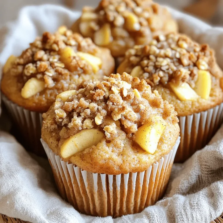 - 2 cups all-purpose flour - 1 cup granulated sugar - 1 tablespoon baking powder - 1 teaspoon ground cinnamon - ½ teaspoon salt - 1 large egg - ¾ cup milk - ½ cup unsalted butter, melted - 1 teaspoon vanilla extract - 2 cups apples, peeled and diced (about 2 medium apples) - For the Streusel Topping: - ½ cup brown sugar - ½ cup rolled oats - ½ cup chopped pecans or walnuts (optional) - 1 teaspoon ground cinnamon - 4 tablespoons unsalted butter, cold and cubed When I bake these muffins, I love picking fresh apples. They bring a sweet and tangy flavor that shines through. The spices add warmth. You can use any apple you like, but I enjoy using Granny Smith for their tartness. The streusel topping provides a crunchy contrast to the soft muffin. Brown sugar and oats blend well. Add chopped nuts for extra texture. The combination of flavors makes each bite a delight. Gather all these ingredients before starting. It helps to have everything ready. Each item plays a role in creating the perfect Cinnamon Apple Streusel Muffins. 1. Preheat the oven to 375°F (190°C). This step ensures your muffins bake evenly. 2. Prepare a 12-cup muffin tin. You can line it with paper liners or grease it with non-stick spray. This helps the muffins come out easily. 3. In a medium bowl, mix together the brown sugar, rolled oats, nuts (if using), and ground cinnamon to make the streusel topping. 4. Add cold, cubed butter to the mixture. Use a fork or your fingers to mix until it looks like coarse crumbs. Set this aside. 5. In a large bowl, whisk together the all-purpose flour, granulated sugar, baking powder, cinnamon, and salt. This blends the dry ingredients well. 6. In a separate bowl, crack the egg and beat it lightly. Then, add the milk, melted butter, and vanilla. Whisk until smooth. 1. Pour the wet ingredients into the dry ingredients. Stir gently with a spatula until just mixed. Don’t overmix! 2. Fold in the diced apples. Make sure they are evenly spread throughout the batter. 1. Use a scoop or spoon to fill each muffin cup about ¾ full with batter. This gives room for them to rise. 2. Generously sprinkle the streusel topping over each muffin. This adds a nice crunch. 3. Place the muffin tin in the oven and bake for 18-20 minutes. Check if they are done by inserting a toothpick in the center. It should come out clean. 4. Once baked, take them out and let them cool in the pan for about 5 minutes. This helps them set. 5. After that, transfer the muffins to a wire rack to cool completely. Enjoy them warm! - Baking Temperature: Always preheat your oven to 375°F (190°C). This helps the muffins rise evenly. - Baking Time: Bake for 18-20 minutes. Check doneness by inserting a toothpick. It should come out clean. - Common Mistakes: Avoid overmixing your batter. This can lead to dense muffins. Mix until just combined. - Presentation Tips: Serve warm muffins in a cozy basket. Line it with a soft cloth for charm. - Beverage Pairings: These muffins pair well with coffee or tea. Their warmth enhances the flavors. - Common Allergen Alternatives: Use oat milk for dairy-free muffins. Try gluten-free flour for a gluten-free version. - Apple Tips: For a sweeter taste, use Fuji or Honeycrisp apples. For tartness, Granny Smith works well. {{image_4}} You can make these muffins shine even more. Try adding spices like nutmeg or ginger. A splash of vanilla extract can boost the flavor too. If you want crunch, consider using nuts or seeds. Pecans or walnuts add a nice twist. You can even swap in sunflower seeds for a nut-free option. Want to make these muffins gluten-free? Use a gluten-free flour blend instead of all-purpose flour. Make sure the blend includes xanthan gum for the right texture. If you're looking for a vegan version, replace the egg with a flax egg. Mix one tablespoon of flaxseed meal with three tablespoons of water. Let it sit until it thickens. Substitute milk with almond or oat milk, and use coconut oil in place of butter. Change up the fruit based on the season. In fall, add pumpkin puree for a cozy flavor. During summer, toss in fresh berries like blueberries or strawberries. You can even mix apples with pears for a tasty twist. These small changes can make each batch unique and exciting. To keep your Cinnamon Apple Streusel Muffins fresh, follow these tips: - Room Temperature: Store muffins in an airtight container for up to 3 days. This keeps them soft. - Refrigeration: If you need to store them longer, place them in the fridge for up to a week. Wrap them tightly to avoid drying out. - Freezing: For longer storage, freeze muffins. Place them in a freezer bag and remove as much air as possible. They can last up to 3 months this way. Tips for Freshness: - Cool Completely: Always let muffins cool completely before storing. This prevents moisture buildup. - Separate Layers: If stacking, place parchment paper between layers to avoid sticking. - Avoid Slicing: Keep muffins whole until you are ready to eat. This helps maintain their moisture. To enjoy your muffins warm and fresh, reheating is key. Here’s how: - Microwave: Place a muffin on a microwave-safe plate. Heat for 10-15 seconds. Check if it’s warm enough. - Oven: Preheat your oven to 350°F (175°C). Wrap muffins in foil and heat for about 10 minutes. This restores the crispness of the streusel. - Toaster Oven: Use the toaster oven for about 5 minutes at 350°F (175°C). This keeps the topping crunchy. These methods help revive the taste and texture, making each bite delightful! How can I make the muffins more moist? To make your muffins more moist, you can add a bit more milk. Try using 1 cup of milk instead of ¾ cup. You can also add a small amount of applesauce for added moisture and flavor. Can I use other fruits instead of apples? Yes, you can use other fruits! Pears, blueberries, or even mashed bananas work great. Just remember to adjust the sugar if the fruit is sweeter or less sweet than apples. What is the best way to measure flour for baking? The best way to measure flour is to spoon it into a measuring cup. Avoid scooping directly from the bag. This method helps prevent too much flour in your mix, which can make your muffins dense. How long do these muffins last? These muffins last about 3 days at room temperature in an airtight container. If you want them to last longer, you can freeze them for up to 3 months. I would love to hear about your muffin-making adventures! What did you think of the recipe? Did you try any fun variations? Share your stories and tips with us. What fruits or spices do you love to add to your muffins? Let’s share ideas and inspire each other! In this blog post, we explored the essentials for baking delicious apple muffins. I covered ingredients, step-by-step instructions, and helpful tips for success. You now have a complete guide to creating moist muffins with a crunchy streusel topping. Remember, the right ingredients and techniques lead to tasty results. Experiment with flavors and share your twists. Your baking journey can spark creativity and bring joy!