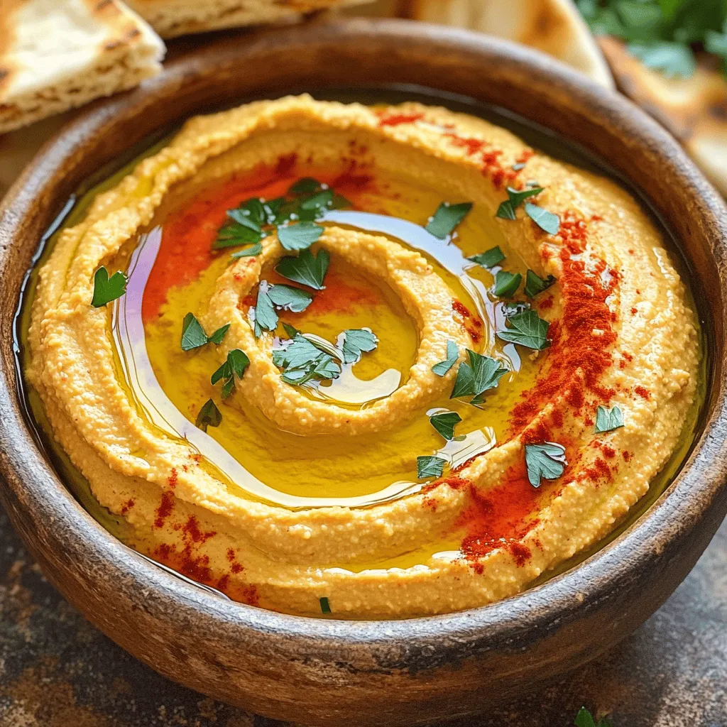 This hummus is both tasty and simple to make. Here are the main ingredients you need: - 1 cup canned chickpeas, thoroughly drained and rinsed - 1 large roasted red pepper, either jarred or homemade - 2 tablespoons tahini (sesame seed paste) - 2 cloves garlic, finely minced - 2 tablespoons extra virgin olive oil, plus more for drizzling - 2 tablespoons freshly squeezed lemon juice - 1/2 teaspoon ground cumin - Salt, to taste - Cold water, as needed for adjusting consistency - Fresh parsley leaves, for garnish - Smoked paprika, for garnish Each ingredient brings unique health benefits: - Chickpeas: They are high in protein and fiber. They support digestion and help keep you full. - Roasted Red Pepper: This pepper is rich in vitamins A and C. It boosts your immune system. - Tahini: This creamy paste is a good source of healthy fats and calcium. - Garlic: Garlic can lower blood pressure and improve heart health. - Olive Oil: Extra virgin olive oil is a heart-healthy fat. It helps reduce inflammation. - Lemon Juice: It adds vitamin C and brightens the flavor. It also aids digestion. - Cumin: This spice has antioxidant properties. It can help with digestion too. - Salt: Use just enough to enhance the flavors without overdoing it. You can change the recipe to fit your taste. Here are some ideas: - Chickpeas: Use white beans or black beans instead. They work well too. - Tahini: If you don't have tahini, you can use almond butter or sunflower seed butter. - Garlic: For a milder flavor, use roasted garlic instead of fresh. - Lemon Juice: Lime juice works as a substitute. It adds a different zest. - Cumin: Try smoked paprika or coriander for a new flavor twist. - Garnishes: You can add chopped olives or feta cheese on top for extra flavor. Feel free to get creative with the ingredients! Roasting red peppers brings out their sweet flavor. Here’s how to do it: 1. Preheat your oven to 450°F (230°C). 2. Cut the bell pepper in half and remove the seeds and stem. 3. Place the halves cut-side down on a lined baking sheet. 4. Roast for about 25-30 minutes until the skin is charred and blistered. 5. Transfer to a heatproof bowl and cover with plastic wrap. 6. Let it steam for 10 minutes to make peeling easier. 7. Once cool, peel off the charred skin and set the pepper aside. Now it’s time to blend the hummus for that creamy texture: 1. In a food processor, add the drained chickpeas, roasted red pepper, tahini, minced garlic, olive oil, lemon juice, and ground cumin. 2. Pulse the mixture on high speed until it’s smooth and creamy. 3. Stop to scrape down the sides as needed for even blending. Getting the right texture is key for great hummus: - If it's too thick, add cold water one tablespoon at a time. - Blend after each addition until you reach the creamy consistency you like. - Taste your hummus and adjust the salt and lemon juice for a balanced flavor. - Transfer the hummus to a serving bowl when ready. - Use fresh lemon juice. It brightens the taste. - Add smoked paprika for a nice kick. - A drizzle of olive oil adds richness. - Taste often while blending to find the right balance. - Skipping the rinsing of chickpeas can leave a tinny taste. - Not adjusting the consistency leads to a dry hummus. - Forgetting to taste the mix might result in bland flavor. - Over-blending can make it too smooth and lose texture. - Add roasted garlic for a sweeter taste. - Mix in herbs like basil or cilantro for freshness. - Try different spices, such as curry or chili powder. - Incorporate sun-dried tomatoes or olives for a savory twist. By using these tips, you can create a hummus that suits your taste perfectly. Enjoy experimenting! {{image_4}} You can spice up your roasted red pepper hummus in many ways. Adding heat can give it a kick. Try adding a pinch of cayenne pepper or a few dashes of hot sauce. You can also mix in a teaspoon of smoked paprika for a deeper flavor. Want to make your hummus stand out? Try mixing in unique ingredients. Consider adding: - Olives: Chopped green or black olives add a salty bite. - Sun-dried Tomatoes: They bring a rich, tangy flavor. - Herbs: Fresh basil or mint can give a fresh twist. These additions will make your hummus more interesting and fun to eat. How you serve hummus matters. You can serve it as a dip or a spread. Here are some great ideas: - With Pita Chips: They add great crunch. - Veggie Sticks: Carrots, cucumbers, or bell peppers are fresh and healthy. - On Sandwiches: Use it instead of mayo for a creamy taste. Try these serving styles to impress your guests and enjoy a flavorful snack! Store your hummus in an airtight container. This keeps air out and preserves freshness. If you don’t have a lid, use plastic wrap. Press it directly onto the hummus surface to reduce air exposure. You can also drizzle a little olive oil on top before sealing to lock in moisture. Homemade roasted red pepper hummus lasts about 4 to 7 days in the fridge. For longer storage, freeze it. Use an airtight container or freezer bag. Label the bag with the date. Your hummus will stay fresh for around 3 months in the freezer. To use, simply thaw it overnight in the fridge. Hummus is best served cold. If it thickens in the fridge, add a bit of cold water. Blend it again until it reaches a smooth consistency. You can warm it slightly in the microwave, but avoid overheating. A few seconds should be enough if you choose to warm it. Enjoy your hummus fresh and flavorful! You can serve Roasted Red Pepper Hummus with many tasty options. Try fresh veggies like carrots, cucumbers, and bell peppers. Pita bread or pita chips work great too. You could also pair it with crackers or toasted baguette slices. For a fun twist, serve it with grilled meats or falafel. It’s a perfect dip for gatherings or snack time. Yes, you can make hummus without tahini. If you skip the tahini, your hummus may taste a bit different. You can replace tahini with more olive oil or a small amount of nut butter. Another option is to add yogurt for creaminess. Experiment and find what you like best! Homemade Roasted Red Pepper Hummus lasts about five to seven days in the fridge. Store it in an airtight container for best results. If you see any signs of spoilage, like mold or an off smell, throw it out. You can also freeze hummus for up to three months. Just thaw it in the fridge before use. Roasted red pepper hummus is simple and fun to make. We explored the ingredients and their benefits. I provided clear steps for roasting peppers and blending the hummus. We discussed tips to boost flavor and avoid mistakes. You can even try unique variations and smart storage tips. Remember, this hummus can please any palate. Get creative with your own flavors and serve it your way! Enjoy this tasty dish and share it with friends.