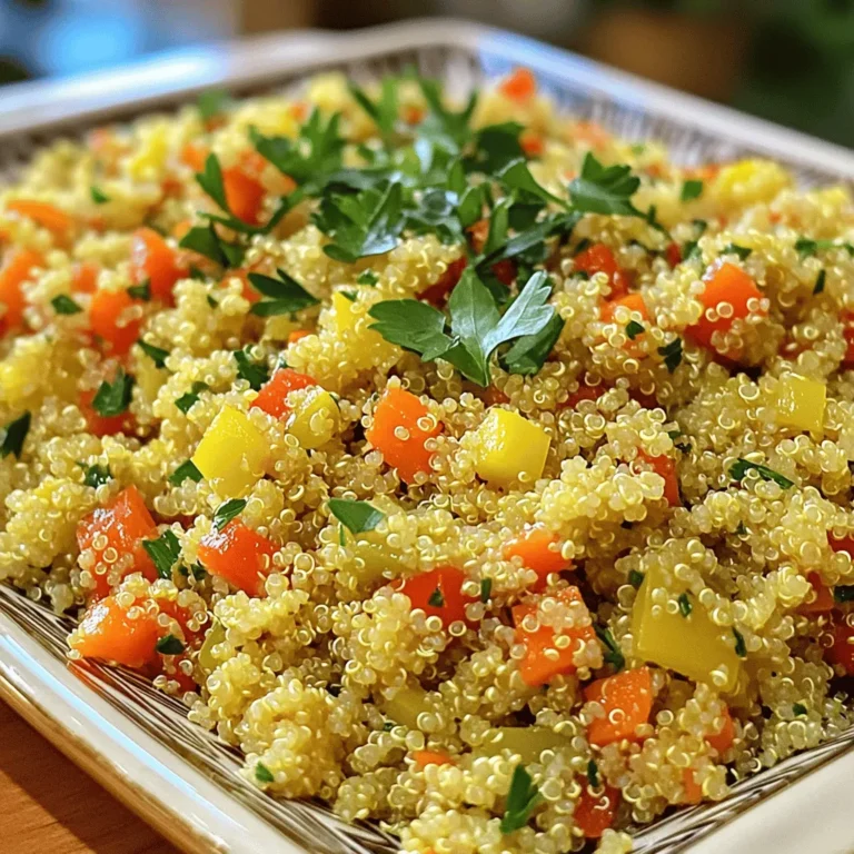 To make Lemon Herb Quinoa Pilaf, gather these simple items: - 1 cup quinoa, thoroughly rinsed - 2 cups rich vegetable broth - 1 tablespoon extra virgin olive oil - 1 small onion, finely diced - 2 cloves garlic, minced - 1 medium carrot, diced into small cubes - 1 red bell pepper, diced - 1 teaspoon dried oregano - 1 teaspoon dried thyme - Zest from 1 lemon - Juice squeezed from 1 lemon - Sea salt and freshly ground black pepper to taste - ¼ cup fresh parsley, chopped (for garnish) Using fresh herbs makes a big difference in flavor. Fresh herbs add brightness and depth. They bring a vibrant taste that dried herbs can't match. I recommend using fresh parsley to garnish this pilaf for a pop of color. Dried herbs, however, have their place. They are great for convenience and longer shelf life. If you use dried herbs, make sure to adjust the amount. Use about one-third of the amount of dried herbs compared to fresh. You can easily swap ingredients in this recipe. If you don't have vegetable broth, use water or chicken broth. Quinoa types also vary. You can use white, red, or even black quinoa. Each type has a unique taste and texture. If you want to add more color, try mixing quinoa types. For a richer flavor, add a splash of lemon juice. This brightens the dish and enhances the herbs. Start by rinsing 1 cup of quinoa in cold water. Rinsing helps remove any bitter taste. Heat 1 tablespoon of extra virgin olive oil in a medium saucepan over medium heat. When the oil shimmers, add 1 small finely diced onion. Sauté for about 3 to 4 minutes until the onion is soft and clear. Next, mix in 2 minced garlic cloves and cook for 1 more minute. The garlic will give off a great smell. Now, add 1 medium diced carrot and 1 diced red bell pepper to the pan. Stir these veggies and cook for about 5 minutes. You want them soft but still bright. After that, fold in the rinsed quinoa. Toast it for 1 to 2 minutes while stirring. This step brings out a nutty flavor in the quinoa. Pour in 2 cups of rich vegetable broth. Add 1 teaspoon of dried oregano, 1 teaspoon of dried thyme, the zest from 1 lemon, and a pinch of sea salt and black pepper. Stir everything well and bring it to a boil. Once it boils, lower the heat and cover the pan. Let it simmer for about 15 minutes. The quinoa will soak up the broth and become fluffy. After 15 minutes, take the pan off the heat. Fluff the quinoa with a fork and stir in the juice of 1 lemon. This adds a bright taste. Serve the pilaf in a colorful bowl and sprinkle with ¼ cup of chopped fresh parsley for a fresh look. To cook quinoa just right, always rinse it first. This removes any bitter flavor. Use a ratio of 1 cup of quinoa to 2 cups of broth or water for the best texture. Avoid lifting the lid while it cooks. This keeps the steam inside, making the quinoa fluffier. After cooking, let it sit for a few minutes before fluffing. This allows it to settle and become even better. Sautéing vegetables can really boost their taste. Start with onions, as they add sweetness when cooked. Garlic adds a great aroma; just be careful not to burn it. Add firmer veggies like carrots and bell peppers next, as they need more time to cook. Stir them often to cook evenly. This method keeps their color and crunch, making your dish look and taste great. To get the best flavor, use fresh herbs whenever possible. Fresh parsley adds bright notes. Lemon zest and juice boost the dish with tanginess. Balance the salt and pepper to enhance the flavor without overpowering it. I like to taste as I go. This helps me find the right mix. A medium-sized saucepan is key for cooking quinoa evenly. Use a sharp knife for chopping veggies. A cutting board makes prep easy. A fork is perfect to fluff quinoa. If you have a zester, it can help get lemon zest quickly. These tools make cooking fun and smooth. One common mistake is not rinsing quinoa. Rinsing removes a bitter coating. Another mistake is overcooking the quinoa, which makes it mushy. Follow the cooking time closely. Lastly, don’t skip tasting. Adjust seasoning as needed. These tips will help you make a perfect quinoa pilaf. {{image_4}} You can boost the nutrition of your quinoa pilaf easily. Add nuts like almonds or walnuts for crunch. They give healthy fats and protein. You can also toss in legumes like chickpeas or black beans. They add fiber and make the dish heartier. Each option brings great taste and extra health benefits. Change up the veggies based on the season. In spring, add peas or asparagus for a fresh touch. In summer, try zucchini or fresh tomatoes. Autumn calls for butternut squash or kale. Winter is a good time for root veggies like sweet potatoes. These swaps keep your pilaf exciting and full of flavor all year long. Pair your quinoa pilaf with proteins for a complete meal. Grilled chicken or fish work well. For a plant-based option, serve it with baked tofu or lentils. You can also use it as a side dish. It goes great with roasted vegetables or a fresh salad. This flexibility makes it a perfect dish for any meal. To keep your Lemon Herb Quinoa Pilaf fresh, let it cool down. Once it is cool, place it in an airtight container. Make sure to seal it well to keep out air. You can store it in the fridge for up to four days. If you notice any moisture, dry it off before sealing. This helps prevent spoilage. When you are ready to enjoy your pilaf, reheat it gently. Place the quinoa in a saucepan over low heat. Add a splash of vegetable broth or water to keep it moist. Stir it often to heat evenly. You can also microwave it in a bowl with a damp paper towel over the top. This method keeps the moisture in and prevents it from drying out. If you want to save your Lemon Herb Quinoa Pilaf for later, you can freeze it! First, let it cool completely. Then, divide it into portions and place them in freezer-safe bags. Remove as much air as possible to prevent freezer burn. You can keep it in the freezer for up to three months. When you are ready to eat it, thaw it in the fridge overnight before reheating. White quinoa is mild and fluffy. It cooks up light and has a soft texture. Red quinoa has a nuttier flavor and stays firmer when cooked. It adds color and crunch to dishes. Tri-color quinoa mixes all three types. It has a range of flavors and textures, making meals more vibrant and interesting. Yes, this dish can easily be vegan. Just use vegetable broth, like the recipe says. Make sure to check if your broth is vegan-friendly. The recipe already uses plant-based ingredients, so you can enjoy this dish without animal products. To adjust servings, simply change the amount of quinoa and broth. For four servings, use 1 cup of quinoa. For two servings, use ½ cup. Keep the broth ratio the same. For larger groups, just multiply the ingredients. This makes it easy to serve any number of guests. Lemon Herb Quinoa Pilaf pairs well with many dishes. You can serve it with grilled vegetables, roasted chicken, or fish. It also complements salads and bean dishes. Try it as a bed for sautéed greens or a side with hummus. The bright flavors make it a versatile choice for any meal. Lemon Herb Quinoa Pilaf is easy to make and full of flavor. We covered all the key ingredients, including fresh herb tips and substitutes. I shared step-by-step cooking methods for perfect quinoa. Remember to enhance flavors by sautéing vegetables well. Feel free to add nuts or seasonal swaps for variety. Proper storage and reheating keep your dish tasty. Now, with these tips, you can make a delicious pilaf every time. Enjoy your cooking journey!