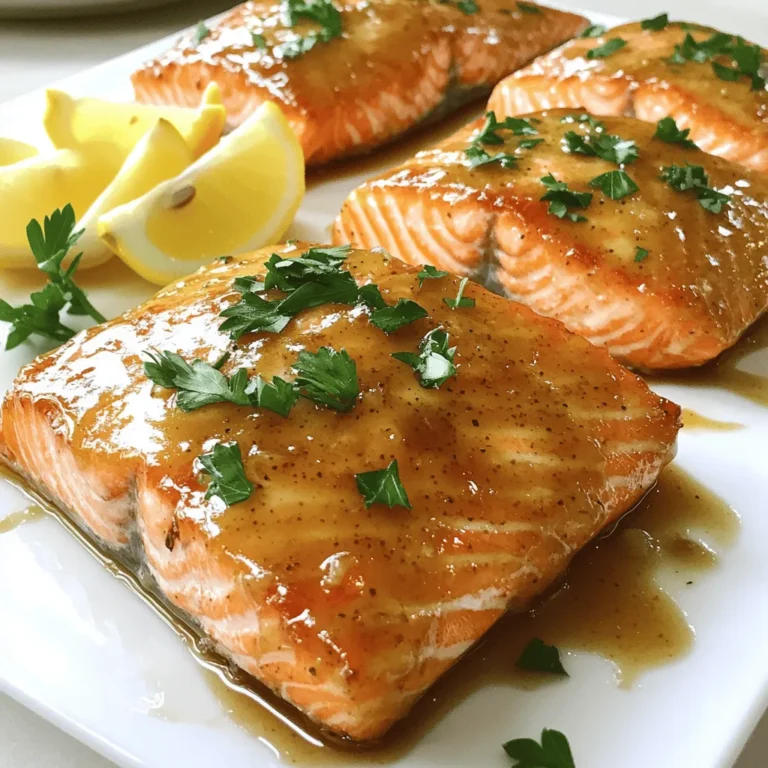 - 4 salmon fillets (approximately 6 ounces each) Fresh salmon is key. Look for bright color and firm texture. - 1/4 cup pure maple syrup - 2 tablespoons Dijon mustard - 2 cloves garlic, minced - 1 tablespoon soy sauce (or tamari for a gluten-free option) - 1 tablespoon olive oil - Salt and freshly cracked pepper to taste This glaze blends sweet and tangy flavors well. Use real maple syrup for the best taste. - Fresh parsley, finely chopped (for garnish) - Lemon wedges (for serving) Garnish adds color. Lemon wedges offer a zesty kick. Serve with veggies or a light salad for a full meal. First, preheat your oven to 400°F (200°C). This step is key for even cooking. Next, line a baking sheet with parchment paper. It makes cleanup easier later. In a small bowl, mix the following ingredients: - 1/4 cup pure maple syrup - 2 tablespoons Dijon mustard - 2 cloves garlic, minced - 1 tablespoon soy sauce - 1 tablespoon olive oil Whisk these well until smooth. This glaze will add a sweet and tangy flavor to your salmon. Take your salmon fillets and season both sides with salt and freshly cracked pepper. Place them skin-side down on the baking sheet. Now, brush the glaze generously over the top of each fillet. Make sure every piece is well-coated. Reserve some glaze for later. Bake the salmon for 12-15 minutes. It’s done when it flakes easily with a fork. After baking, let the salmon rest for a couple of minutes. This helps the flavors to settle. Drizzle the reserved glaze over the salmon just before serving. Garnish with freshly chopped parsley for a nice look. Serve with lemon wedges on the side for a fresh touch. Enjoy your delicious maple Dijon glazed salmon! To make the glaze shine, use pure maple syrup. It adds a rich sweetness. Mix the maple syrup, Dijon mustard, minced garlic, soy sauce, and olive oil well. Whisk until smooth. This step gives your glaze a great blend of flavors. Brush it generously on the salmon. Don't forget to save some for later! Bake your salmon at 400°F (200°C) for 12-15 minutes. The fish is ready when it flakes easily with a fork. If you want it moist, check it early. Ovens can vary, so keep an eye on it. A perfect cook will show a slightly caramelized glaze. Serve your salmon on individual plates. Add lemon wedges for a fresh touch. A sprinkle of chopped parsley gives a pop of color. Pair it with steamed veggies or a light salad for a complete meal. This not only looks great but also enhances the flavors! {{image_4}} You can switch up the glaze for more flavor. Try adding orange juice or zest for a bright twist. Honey can replace maple syrup for a different sweetness. You might also use whole grain mustard for a punchy texture. For a spicy kick, mix in some cayenne or chili flakes. You can grill or bake the salmon. Grilling gives it a smoky flavor and nice grill marks. To grill, heat your grill to medium-high. Oil the grill grates, and place the salmon skin-side down. Cook for about 6-8 minutes per side. Baking is easier and less messy. It also keeps the salmon moist. Maple Dijon glazed salmon pairs well with many sides. Serve it with steamed broccoli or green beans for a healthy touch. A light salad with mixed greens adds freshness. You can also serve it with rice or quinoa for a filling meal. Don't forget the lemon wedges for a zesty finish! After you enjoy your Maple Dijon Glazed Salmon, store any leftovers in an airtight container. Place the salmon in the fridge. It stays fresh for up to three days. Make sure to keep the glaze separate if you have any left. This helps keep the fish moist and flavorful. When you want to enjoy your leftovers, the best way is to reheat them gently. Preheat your oven to 275°F (135°C). Place the salmon on a baking sheet. Cover it with foil to keep it from drying out. Heat for about 15 minutes or until warm. You can also use a microwave if you’re in a hurry. Just heat for 30 seconds at a time until warmed through. If you have more salmon than you can eat, freezing is a great option. Wrap each salmon fillet tightly in plastic wrap. Then, place them in a freezer bag. Label the bag with the date. Frozen salmon can last up to three months. When you’re ready to eat it, thaw in the fridge overnight before reheating. You can tell the salmon is done when it flakes easily with a fork. The glaze should look shiny and slightly caramelized. It should not be dry or overcooked. If you are unsure, use a meat thermometer. The internal temperature should reach 145°F (63°C). Yes, you can use frozen salmon. Just make sure to thaw it before cooking. You can thaw it overnight in the fridge or place it in a sealed bag and run it under cold water. Cooking time may be a bit longer for frozen salmon, so check it often. Maple Dijon Glazed Salmon pairs well with many sides. Here are some great options: - Steamed seasonal vegetables like broccoli or asparagus - A light, fresh salad with mixed greens - Roasted potatoes or sweet potatoes - Quinoa or rice for a hearty side These sides complement the flavors of the salmon and add a well-rounded meal. Yes, you can use other mustards if you prefer. Honey mustard adds sweetness. Yellow mustard gives a milder flavor. If you want to skip mustard, try using a mix of honey and olive oil for a different glaze. Just adjust the amounts to your taste. This blog covered how to make Maple Dijon Glazed Salmon. We looked at the ingredients, step-by-step instructions, and tips for perfecting the dish. I shared variations, storage tips, and answers to common questions. In summary, you can create a tasty meal that impresses everyone. With simple steps, delicious glaze options, and smart cooking tips, you can enjoy this dish any time. Don't hesitate to try your own flavors and pairings!