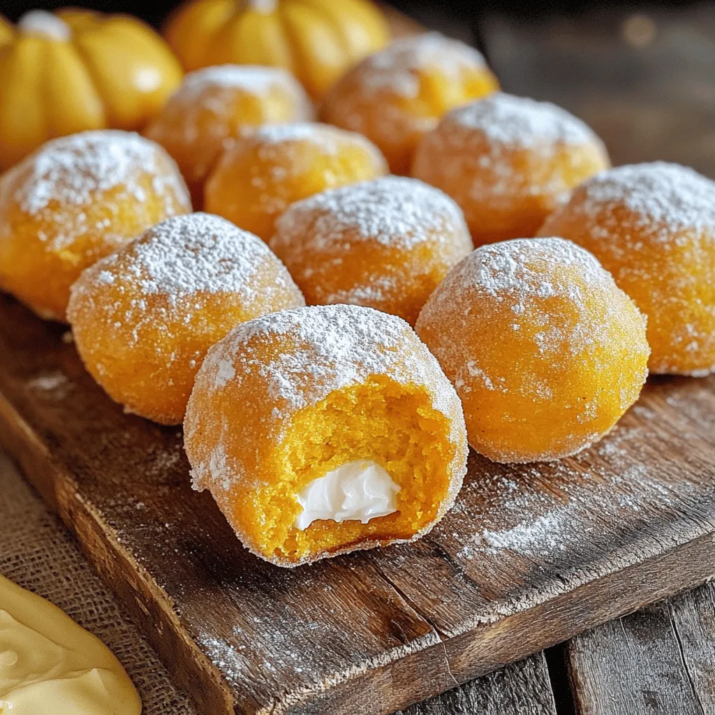 - 1 cup pure pumpkin puree - 4 oz cream cheese, softened - 1/4 cup granulated sugar - 1/4 cup packed brown sugar These ingredients create a rich and creamy base. The pumpkin adds moisture and flavor. Cream cheese makes them soft and fluffy. The sugars add sweetness and depth. - 1/4 cup vegetable oil - 2 large eggs - 2 cups all-purpose flour Vegetable oil keeps the donut holes moist. Eggs help bind everything together. All-purpose flour gives them structure and the right texture. - 2 teaspoons baking powder - 1 teaspoon baking soda - 2 teaspoons ground cinnamon - 1/2 teaspoon ground nutmeg - 1/2 teaspoon ground ginger - 1/2 teaspoon salt Baking powder and soda make the donut holes rise. Spices like cinnamon, nutmeg, and ginger bring warmth and a lovely aroma. Salt enhances all the flavors. Together, these create a warm, comforting taste perfect for fall. - Preheat oven to 350°F (175°C). - Grease the donut hole pan. Start by heating your oven. Set it to 350°F (175°C). This step is crucial. A hot oven helps the donut holes rise and bake evenly. Next, take your donut hole pan and grease it. Use a light coat of oil or non-stick spray. This prevents the donut holes from sticking, making them easy to remove later. - Combine wet ingredients. - Gradually add in dry ingredients. In a large mixing bowl, combine the wet ingredients. Add 1 cup of pumpkin puree, 4 oz of softened cream cheese, 1/4 cup of granulated sugar, 1/4 cup of packed brown sugar, and 1/4 cup of vegetable oil. Mix these well with a hand mixer or whisk. Make sure it is smooth without lumps. Next, add the eggs. Beat them in one at a time. Mix well after each egg. This step helps blend the eggs into the batter. In a separate bowl, whisk together the dry ingredients. Combine 2 cups of all-purpose flour, 2 teaspoons of baking powder, 1 teaspoon of baking soda, 2 teaspoons of ground cinnamon, 1/2 teaspoon of ground nutmeg, 1/2 teaspoon of ground ginger, and 1/2 teaspoon of salt. Mix until there are no lumps. Now, gradually fold the dry mixture into the pumpkin mixture. Use a spatula or wooden spoon. Be gentle and don’t overmix. This keeps the batter light and fluffy. - Fill pan and bake. - Cooling process on wire rack. Take a cookie scoop or spoon to fill each section of the donut hole pan. Fill them about 3/4 full. This gives enough room for the donut holes to rise. Place the pan in the oven and bake for 12 to 15 minutes. Check them with a toothpick. If it comes out clean, they are ready. Once baked, let the donut holes cool for about 5 minutes in the pan. After that, gently transfer them to a wire rack. This helps them cool completely and keeps them light and airy. To get the right texture for your donut holes, avoid overmixing the batter. Overmixing makes them dense and tough. Mix just until you see no dry flour. Also, measuring flour correctly is key. Too much flour can cause dry donut holes. Use the spoon and level method for accuracy. Spoon flour into your measuring cup and level it with a knife. Add extra spices to boost the flavor. Consider using cloves or allspice for a warm kick. You can also add a splash of vanilla extract for sweetness. For toppings, try different glazes or coatings. A simple glaze made from powdered sugar and milk can add sweetness. You can also roll the donut holes in cinnamon sugar for extra flavor. Using the right tools helps you create perfect donut holes. A hand mixer works well to blend the wet ingredients. A spatula is great for folding in the dry ingredients without overmixing. Choose a non-stick donut hole pan to prevent sticking. Finally, have measuring cups and spoons handy for precise measurements. This will ensure your ingredients mix well and your donut holes bake perfectly. {{image_4}} You can easily change the flavor of your donut holes. For a fun twist, try adding pumpkin spice. Just mix in a bit more cinnamon, nutmeg, and cloves. This adds depth to the pumpkin flavor. You can also include chocolate chips for a rich treat. Add about one cup of mini chips to the batter. The chocolate pairs well with the pumpkin and cream cheese. If you need gluten-free options, use a gluten-free flour blend. Many blends work well in baking without affecting taste. For vegan substitutions, replace the eggs with flax eggs. Mix one tablespoon of flaxseed meal with three tablespoons of water for each egg. You can also use dairy-free cream cheese for a vegan-friendly option. With these adjustments, everyone can enjoy these tasty treats! Pair your donut holes with warm drinks. Coffee, chai, or hot chocolate all make great companions. You can also serve them with a sweet cream cheese dip. For a fun presentation, arrange the donut holes on a colorful platter. Use small muffin liners to hold each donut hole. Don't forget to sprinkle some extra cinnamon or nuts on top for a festive look! To keep your pumpkin cream cheese donut holes fresh, store them in an airtight container. This helps prevent moisture loss. You can line the container with paper towels to absorb any excess moisture. If you have leftover donut holes, stack them with parchment paper between layers. This method keeps them from sticking together. If you want to enjoy these donut holes later, freezing is a great option. First, let them cool completely. Then, place them on a baking sheet in a single layer. Freeze for about an hour until firm. After that, transfer them to a freezer bag or container. Remove as much air as possible to avoid freezer burn. To thaw, simply take them out and let them sit at room temperature for about 30 minutes. If you're in a hurry, you can microwave them for about 10 seconds. Be careful not to overheat them; you want them warm, not hot. These delicious donut holes stay fresh for about three days at room temperature. If you store them in the fridge, they can last up to a week. Always check for signs of spoilage, like an off smell or mold. If they feel hard or dry, it’s best to toss them. Enjoy them while they are soft and tasty! Yes, you can make these donut holes ahead of time. To prep and store them, follow these tips: - Baking: Bake the donut holes as directed. - Cooling: Let them cool completely on a wire rack. - Storing: Place them in an airtight container. This keeps them fresh for about 3 days. - Freezing: You can also freeze them. Arrange the donut holes in a single layer on a baking sheet. Once frozen, transfer them to a freezer bag. They will last up to 3 months. Just thaw them in the fridge before serving. A quick warm-up in the microwave brings back their fluffy texture. To make these pumpkin cream cheese donut holes healthier, consider these substitutions: - Sugar: Use less sugar or try honey or maple syrup. Both add sweetness with fewer calories. - Oil: Substitute the vegetable oil with applesauce. This reduces fat while keeping moisture. - Cream Cheese: Opt for low-fat cream cheese. This cuts calories without losing flavor. - Flour: Use whole wheat flour instead of all-purpose flour. This adds fiber and nutrients. These changes can make your treat lighter while still delicious. You can find pumpkin cream cheese donut holes at local bakeries and some grocery stores during fall. Look for shops that focus on seasonal treats. If you prefer online options, check popular baking sites. Some even offer delivery. You can also explore local food delivery apps. They might have options from nearby bakeries. Enjoy the ease of getting these tasty bites without baking! In this post, we explored how to make delicious pumpkin cream cheese donut holes. We covered essential and extra ingredients, spices, and the baking steps. Tips on mixing and storing will guide you to success. There are fun ways to swap flavors and even make them gluten-free or vegan. Now you have all the tools to create tasty treats. Enjoy baking and sharing these delightful donut holes with friends and family!