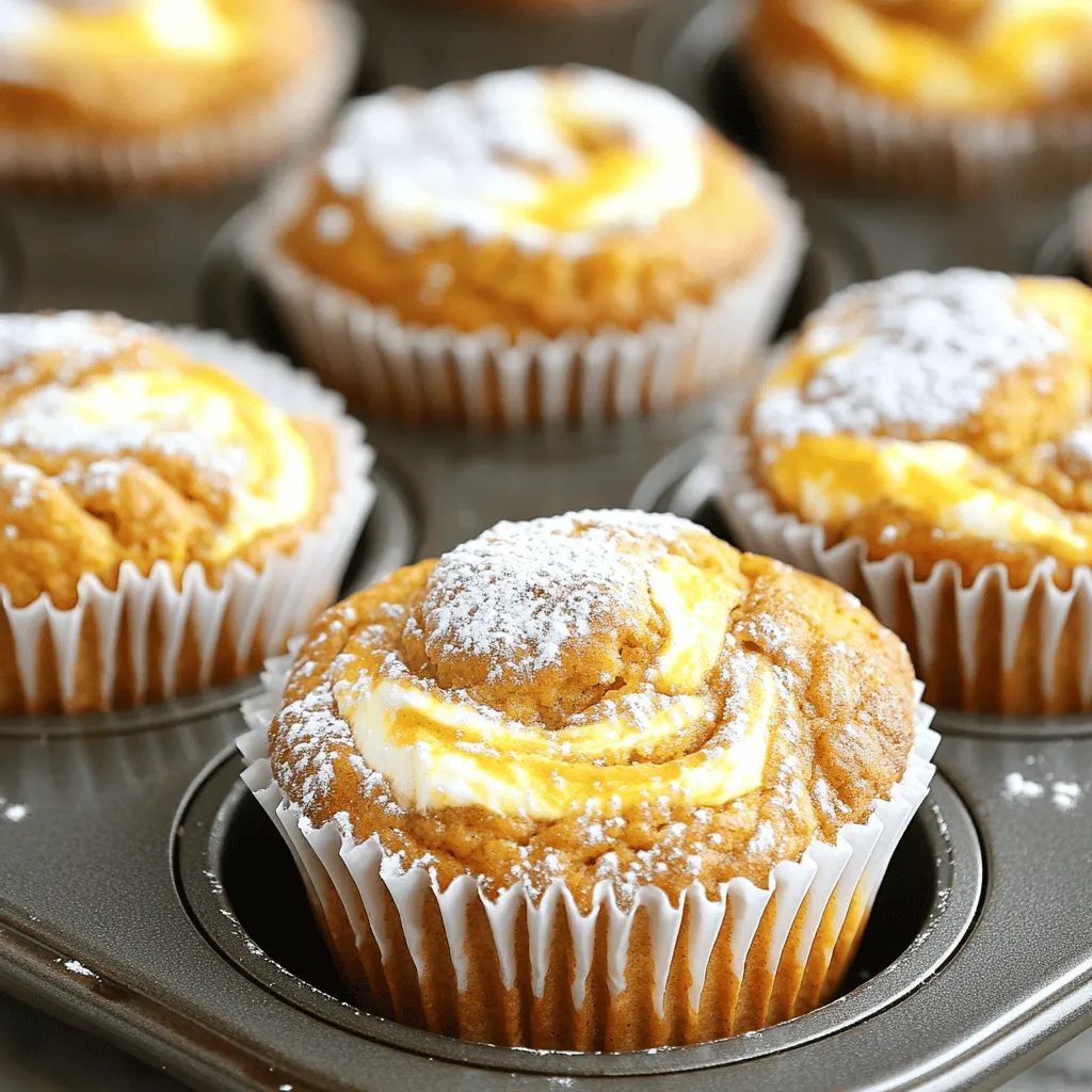 - 1 ½ cups all-purpose flour - 1 teaspoon baking powder - 1 teaspoon baking soda - ½ teaspoon salt - 1 teaspoon ground cinnamon - ½ teaspoon ground nutmeg - ½ teaspoon ground ginger - ½ cup granulated sugar - ½ cup brown sugar, packed - 1 cup canned pumpkin puree - ½ cup vegetable oil - 2 large eggs - 1 teaspoon vanilla extract - 8 oz cream cheese, softened at room temperature - ¼ cup powdered sugar - 1 teaspoon vanilla extract - 1 large egg In this recipe, I use simple ingredients that create a warm, cozy flavor. The dry mix combines flour, baking powder, soda, and spices. The spices, like cinnamon and nutmeg, give the muffins that classic fall taste. The wet mix features both granulated and brown sugar for a nice balance. I love adding pumpkin puree; it keeps the muffins moist and adds a lovely orange hue. Vegetable oil makes the batter light and fluffy, while eggs and vanilla extract add richness and depth. For the cream cheese swirl, I use softened cream cheese, which blends well with powdered sugar and a touch of vanilla. A little egg helps bind it all together, creating a smooth mixture. This creamy layer brings a delightful contrast to the spiced pumpkin. Gather these ingredients, and you’re set for a delicious baking adventure! You'll be amazed at how well they blend to create the perfect muffin. First, you need to preheat your oven to 350°F (175°C). This temperature helps the muffins rise nicely. While the oven heats, prepare your muffin tin. You can line it with paper liners or grease each cup lightly. This step prevents the muffins from sticking. In a medium bowl, whisk together the dry ingredients. Use 1 ½ cups of all-purpose flour, 1 teaspoon of baking powder, 1 teaspoon of baking soda, and ½ teaspoon of salt. Add 1 teaspoon of ground cinnamon, ½ teaspoon of ground nutmeg, and ½ teaspoon of ground ginger. Mix these well so the spices are evenly spread. Next, grab a large bowl for the wet mix. Combine ½ cup of granulated sugar and ½ cup of packed brown sugar. Add 1 cup of canned pumpkin puree, ½ cup of vegetable oil, 2 large eggs, and 1 teaspoon of vanilla extract. Use a whisk or an electric mixer to blend these until smooth and uniform. Now, it’s time to combine the dry and wet mixes. Gradually add the dry ingredients from the first bowl into the wet mixture. Stir gently, just until everything is combined. It's okay if the batter has a few lumps; overmixing can make the muffins tough. In a small bowl, make the cream cheese mixture. Beat 8 oz of softened cream cheese with ¼ cup of powdered sugar and 1 teaspoon of vanilla extract. Add 1 large egg to this mix. Beat until you have a smooth and creamy texture. With a spoon or scoop, fill each muffin cup with the pumpkin batter until they are about two-thirds full. Next, place about one tablespoon of the cream cheese mixture on top of each filled muffin cup. Take a toothpick or the back of a small spoon and gently swirl the cream cheese into the pumpkin batter. Aim for a pretty marbled look. Place your muffin tin in the preheated oven. Bake for 20-25 minutes. To check for doneness, insert a toothpick into the center. It should come out clean or with a few moist crumbs attached. Once done, let the muffins cool in the pan for about 5 minutes. Then transfer them to a wire rack to cool completely. To get fluffy muffins, you must avoid overmixing. When you mix the dry and wet ingredients, stir gently. It’s okay to have some lumps; they help keep your muffins light. Overmixing can make them tough. Aim for a just-combined batter for the best results. You can boost the flavor with a few simple spices. Adding a pinch of allspice or cloves can give a warm kick. You might also try a splash of maple syrup for sweetness. Another option is to mix in chopped nuts or chocolate chips for a fun twist. To make your muffins look special, dust them with powdered sugar. This adds a nice touch and sweetness. Serve them warm for the best experience. A pat of butter on top while they are still warm melts beautifully. Enjoy them with a hot cup of coffee or tea for a cozy treat! {{image_4}} You can swap cream cheese with Greek yogurt or ricotta. Greek yogurt adds a tangy twist and keeps muffins moist. Ricotta gives a lighter texture and a subtle flavor. Both options work well in the swirl. Just keep the same amount, about eight ounces. For a gluten-free option, use almond flour or a gluten-free blend. Almond flour gives a nutty taste and moist texture. A gluten-free blend often works best for muffins, keeping the texture fluffy. Always check the package for the right amount to use. Mix in some chopped nuts, chocolate chips, or dried fruit for extra flavor. Walnuts or pecans add crunch. Chocolate chips bring sweetness and fun. Dried cranberries or raisins offer a chewy texture. Aim for about half a cup of your favorite mix-ins to keep muffins balanced. To keep your pumpkin cream cheese swirl muffins fresh, store them at room temperature. Use an airtight container to prevent drying out. If you live in a humid area, keep them in the fridge. They will stay good for about 3 to 5 days. You can also place parchment paper between layers to avoid sticking. Freezing muffins is easy and keeps them tasty. First, let the muffins cool completely. Wrap each muffin in plastic wrap. Then, place them in a freezer bag or airtight container. They will last up to 3 months. To thaw, simply leave them at room temperature for a few hours or microwave for 15-20 seconds. This way, they stay moist and delicious. Reheating muffins brings back their warm, cozy feel. The best way is to use the oven. Preheat it to 350°F (175°C). Place the muffins on a baking sheet for about 10 minutes. If you're in a hurry, you can use the microwave. Heat for 10-15 seconds. Enjoy your muffins warm, with some butter if you like! Yes, you can use fresh pumpkin. However, it needs some prep. First, peel and chop the pumpkin. Then, steam or roast it until soft. After that, mash it until smooth. Fresh pumpkin has a different moisture level than canned. You may need to adjust the flour. Start with a little less flour, then add more if needed. Fresh pumpkin can add a bright taste and a bit of texture to your muffins. These muffins stay fresh for about three to five days. Keep them in an airtight container at room temperature. This keeps them soft and moist. If you want to extend their life, you can store them in the fridge. They can last up to a week there. Remember, the cream cheese swirl can make them spoil faster. Always check for signs of mold or an off smell before eating. Yes, you can prepare the batter ahead of time. Mix up the wet and dry ingredients separately. Then, keep them in the fridge for up to 24 hours. When you're ready to bake, just combine them. If the batter thickens, add a splash of milk to loosen it. This helps keep the muffins fluffy and light. Just remember to swirl in the cream cheese mix right before baking for the best taste! This blog post covered everything you need to make delicious pumpkin muffins. We discussed the right ingredients, clear steps, and helpful tips for success. You learned how to create the perfect texture and flavor, plus how to customize your muffins. Store your treats properly for long-lasting freshness. Now, you're ready to bake and share your tasty creations. Enjoy the process and the yummy results!