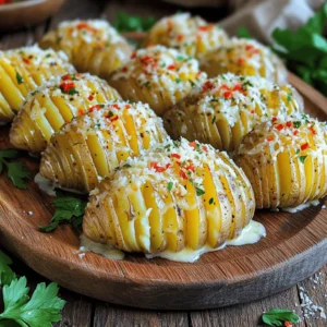To create delicious Garlic Parmesan Hasselback Potatoes, you need the following key ingredients: - 4 medium russet potatoes - 4 tablespoons unsalted butter, melted - 3 cloves garlic, finely minced - 1 teaspoon garlic powder - 1 teaspoon dried Italian herbs (a mix of oregano, thyme, and basil) - 1/2 cup freshly grated Parmesan cheese - Salt and freshly ground black pepper to taste These ingredients combine to give the potatoes rich flavor and a crispy texture. If you want to add more depth to your dish, consider using these optional ingredients: - 1/4 teaspoon red pepper flakes (for a little heat) - Fresh parsley, finely chopped (for a bright garnish) Adding red pepper flakes gives a nice kick, while parsley adds color and freshness. Using the right tools makes cooking easier. Here are some tools I recommend for this recipe: - A sharp knife - A sturdy cutting board - Two chopsticks or wooden spoons (to guide your knife) - A small mixing bowl - A pastry brush These tools will help you slice the potatoes safely and apply the garlic butter mixture evenly. Start by preheating your oven to 425°F (220°C). Next, wash the russet potatoes well under running water. Scrub them to remove dirt. Once clean, pat them dry with a towel. Place one potato on a cutting board. Use a sharp knife to make cuts about 1/4 inch apart. Be careful not to cut all the way through. To help, place chopsticks or wooden spoons beside the potato. This keeps your knife from cutting too deep. In a small bowl, combine 4 tablespoons of melted butter with 3 minced garlic cloves. Add 1 teaspoon of garlic powder and 1 teaspoon of dried Italian herbs. Mix in 1/4 teaspoon of red pepper flakes for heat, if you want. Season this mixture with a little salt and black pepper. Whisk everything together until well blended. Line a baking sheet with parchment paper. Arrange the cut potatoes on the sheet. Brush the garlic butter mixture over each potato. Make sure it seeps into the cuts for great flavor. Next, sprinkle 1/2 cup of freshly grated Parmesan cheese over the potatoes. Bake them in the oven for 45-55 minutes. They should be tender inside and crispy outside. Halfway through, brush on more garlic butter. Once done, let them cool for a few minutes. Just before serving, sprinkle chopped parsley on top. This adds a nice touch! To get the best Hasselback potatoes, start by choosing good russet potatoes. Aim for medium-sized ones, as they cook evenly. Wash each potato well and dry it off. Before cutting, place chopsticks or wooden spoons beside the potato. This trick stops your knife from cutting all the way through. Make cuts about 1/4 inch apart to create that classic Hasselback look. Even cooking is key to great texture. Bake your potatoes at 425°F (220°C) for 45 to 55 minutes. Halfway through, brush on more garlic butter to keep them moist and flavorful. This also helps the cheese melt perfectly. Check for tenderness with a fork; they should feel soft inside but crispy outside. For a stunning look, serve the potatoes on a wooden platter. Add a sprinkle of chopped parsley for color. A little extra Parmesan cheese on top makes it even better. You can also serve them with a side of sour cream or a light salad for contrast. Keep it simple but elegant to highlight the flavors. {{image_4}} You can switch up the cheese to mix flavors. Try using cheddar for a sharp taste. Goat cheese adds creaminess and a tang. For a smoky flavor, use smoked gouda. Each cheese brings a new twist to your dish. You can even blend different cheeses for a rich taste. Mixing cheeses makes your potatoes unique and fun. Feel free to add veggies for more color and nutrition. Thinly sliced onions or bell peppers work great. You can also use fresh spinach or kale for added greens. Try adding crispy bacon bits for a savory crunch. Even mushrooms can add an earthy taste. These extras make your potatoes a complete meal. If you like heat, add more red pepper flakes or jalapeños. Chipotle powder can give a nice smoky kick too. For a fresh flavor, add herbs like rosemary or cilantro. You can mix these into your garlic butter for extra depth. Try different herb blends to find your favorite. These spicy twists keep your dish exciting and flavorful. To store leftover Garlic Parmesan Hasselback Potatoes, let them cool first. Place them in an airtight container. You can keep them in the fridge for up to three days. Make sure to cover them well to keep them fresh. This will help them retain their flavor and texture. When you’re ready to enjoy your leftover potatoes, preheat your oven to 350°F (175°C). Place the potatoes on a baking sheet. Cover them with foil, which helps keep moisture in. Reheat for about 15-20 minutes. This method keeps them crispy and tasty. You can also use a microwave, but it may make them softer. If using a microwave, heat in short bursts and check often. You can freeze Garlic Parmesan Hasselback Potatoes if you want to save some for later. First, let them cool completely. Wrap each potato tightly in plastic wrap. Place them in a freezer-safe bag or container. They will stay fresh for up to three months. When you’re ready to eat, thaw them in the fridge overnight before reheating. Baking Hasselback potatoes takes about 45 to 55 minutes. The oven should be set to 425°F (220°C). This time allows the potatoes to become tender and crispy. Keep an eye on them. You want a golden-brown finish. A fork should slide easily into the potatoes when they are done. Yes, you can prepare Hasselback potatoes in advance. You can slice and season them. Then, store them in the fridge for a few hours or overnight. When you're ready, just bake them as directed. This saves time on busy days. Garlic Parmesan Hasselback potatoes pair well with many dishes. Here are some tasty options: - Grilled chicken or steak - Roasted vegetables like broccoli or carrots - A fresh green salad with lemon vinaigrette - Creamy dips like sour cream or garlic aioli These choices balance the rich flavors of the potatoes. Enjoy your meal! Garlic Parmesan Hasselback Potatoes are simple and tasty. We explored essential ingredients and tools needed. You learned to prepare, bake, and present these potatoes with flair. I shared tips for perfecting your technique and ideas for tasty variations. Plus, we discussed storage and reheating options to keep leftovers fresh. These potatoes can impress anyone at your table. Now, you have the skills to make them shine! Enjoy your cooking journey and savor the results!