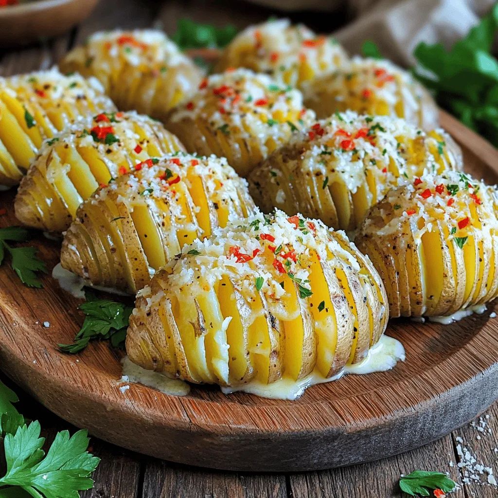 To create delicious Garlic Parmesan Hasselback Potatoes, you need the following key ingredients: - 4 medium russet potatoes - 4 tablespoons unsalted butter, melted - 3 cloves garlic, finely minced - 1 teaspoon garlic powder - 1 teaspoon dried Italian herbs (a mix of oregano, thyme, and basil) - 1/2 cup freshly grated Parmesan cheese - Salt and freshly ground black pepper to taste These ingredients combine to give the potatoes rich flavor and a crispy texture. If you want to add more depth to your dish, consider using these optional ingredients: - 1/4 teaspoon red pepper flakes (for a little heat) - Fresh parsley, finely chopped (for a bright garnish) Adding red pepper flakes gives a nice kick, while parsley adds color and freshness. Using the right tools makes cooking easier. Here are some tools I recommend for this recipe: - A sharp knife - A sturdy cutting board - Two chopsticks or wooden spoons (to guide your knife) - A small mixing bowl - A pastry brush These tools will help you slice the potatoes safely and apply the garlic butter mixture evenly. Start by preheating your oven to 425°F (220°C). Next, wash the russet potatoes well under running water. Scrub them to remove dirt. Once clean, pat them dry with a towel. Place one potato on a cutting board. Use a sharp knife to make cuts about 1/4 inch apart. Be careful not to cut all the way through. To help, place chopsticks or wooden spoons beside the potato. This keeps your knife from cutting too deep. In a small bowl, combine 4 tablespoons of melted butter with 3 minced garlic cloves. Add 1 teaspoon of garlic powder and 1 teaspoon of dried Italian herbs. Mix in 1/4 teaspoon of red pepper flakes for heat, if you want. Season this mixture with a little salt and black pepper. Whisk everything together until well blended. Line a baking sheet with parchment paper. Arrange the cut potatoes on the sheet. Brush the garlic butter mixture over each potato. Make sure it seeps into the cuts for great flavor. Next, sprinkle 1/2 cup of freshly grated Parmesan cheese over the potatoes. Bake them in the oven for 45-55 minutes. They should be tender inside and crispy outside. Halfway through, brush on more garlic butter. Once done, let them cool for a few minutes. Just before serving, sprinkle chopped parsley on top. This adds a nice touch! To get the best Hasselback potatoes, start by choosing good russet potatoes. Aim for medium-sized ones, as they cook evenly. Wash each potato well and dry it off. Before cutting, place chopsticks or wooden spoons beside the potato. This trick stops your knife from cutting all the way through. Make cuts about 1/4 inch apart to create that classic Hasselback look. Even cooking is key to great texture. Bake your potatoes at 425°F (220°C) for 45 to 55 minutes. Halfway through, brush on more garlic butter to keep them moist and flavorful. This also helps the cheese melt perfectly. Check for tenderness with a fork; they should feel soft inside but crispy outside. For a stunning look, serve the potatoes on a wooden platter. Add a sprinkle of chopped parsley for color. A little extra Parmesan cheese on top makes it even better. You can also serve them with a side of sour cream or a light salad for contrast. Keep it simple but elegant to highlight the flavors. {{image_4}} You can switch up the cheese to mix flavors. Try using cheddar for a sharp taste. Goat cheese adds creaminess and a tang. For a smoky flavor, use smoked gouda. Each cheese brings a new twist to your dish. You can even blend different cheeses for a rich taste. Mixing cheeses makes your potatoes unique and fun. Feel free to add veggies for more color and nutrition. Thinly sliced onions or bell peppers work great. You can also use fresh spinach or kale for added greens. Try adding crispy bacon bits for a savory crunch. Even mushrooms can add an earthy taste. These extras make your potatoes a complete meal. If you like heat, add more red pepper flakes or jalapeños. Chipotle powder can give a nice smoky kick too. For a fresh flavor, add herbs like rosemary or cilantro. You can mix these into your garlic butter for extra depth. Try different herb blends to find your favorite. These spicy twists keep your dish exciting and flavorful. To store leftover Garlic Parmesan Hasselback Potatoes, let them cool first. Place them in an airtight container. You can keep them in the fridge for up to three days. Make sure to cover them well to keep them fresh. This will help them retain their flavor and texture. When you’re ready to enjoy your leftover potatoes, preheat your oven to 350°F (175°C). Place the potatoes on a baking sheet. Cover them with foil, which helps keep moisture in. Reheat for about 15-20 minutes. This method keeps them crispy and tasty. You can also use a microwave, but it may make them softer. If using a microwave, heat in short bursts and check often. You can freeze Garlic Parmesan Hasselback Potatoes if you want to save some for later. First, let them cool completely. Wrap each potato tightly in plastic wrap. Place them in a freezer-safe bag or container. They will stay fresh for up to three months. When you’re ready to eat, thaw them in the fridge overnight before reheating. Baking Hasselback potatoes takes about 45 to 55 minutes. The oven should be set to 425°F (220°C). This time allows the potatoes to become tender and crispy. Keep an eye on them. You want a golden-brown finish. A fork should slide easily into the potatoes when they are done. Yes, you can prepare Hasselback potatoes in advance. You can slice and season them. Then, store them in the fridge for a few hours or overnight. When you're ready, just bake them as directed. This saves time on busy days. Garlic Parmesan Hasselback potatoes pair well with many dishes. Here are some tasty options: - Grilled chicken or steak - Roasted vegetables like broccoli or carrots - A fresh green salad with lemon vinaigrette - Creamy dips like sour cream or garlic aioli These choices balance the rich flavors of the potatoes. Enjoy your meal! Garlic Parmesan Hasselback Potatoes are simple and tasty. We explored essential ingredients and tools needed. You learned to prepare, bake, and present these potatoes with flair. I shared tips for perfecting your technique and ideas for tasty variations. Plus, we discussed storage and reheating options to keep leftovers fresh. These potatoes can impress anyone at your table. Now, you have the skills to make them shine! Enjoy your cooking journey and savor the results!