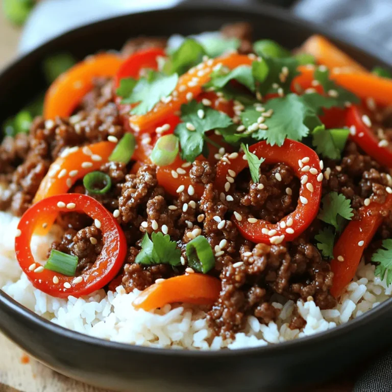 - 1 lb ground beef (80/20 blend for optimal flavor) - 2 tablespoons sesame oil (to add a nutty depth) - 3 cloves garlic, minced (for aromatic richness) - 1-inch piece of ginger, freshly grated (for a zesty kick) - 3 tablespoons soy sauce (for savory umami) - 1 tablespoon gochujang (authentic Korean chili paste) - 2 tablespoons brown sugar (to balance the heat) - 1 teaspoon rice vinegar (for a touch of acidity) - 1 carrot, peeled and julienned (for crunch and sweetness) - 1 bell pepper (red or yellow), thinly sliced (for color and flavor) - 2 green onions, finely chopped (for freshness) - 2 cups cooked jasmine rice (to serve as a delightful base) - Toasted sesame seeds for garnish (for a hint of crunch) - Fresh cilantro leaves for garnish (for a burst of freshness) - Jasmine rice or alternatives These ingredients bring the dish to life. The ground beef is juicy and rich. Sesame oil adds a nutty flavor that enhances the beef. Garlic and ginger give the dish an amazing aroma. Soy sauce and gochujang provide savory and spicy notes. The brown sugar balances the heat, while rice vinegar adds a light touch. The vegetables like carrot and bell pepper add color and crunch. Green onions and cilantro bring freshness to each bite. Cooked jasmine rice forms a perfect base for this hearty meal. Gather these ingredients, and you’re ready to create a delightful Spicy Korean Beef Bowl! To start, heat 2 tablespoons of sesame oil in a large skillet over medium heat. Once hot, add 3 cloves of minced garlic and a 1-inch piece of grated ginger. Sauté these for about 1-2 minutes. You want them fragrant and golden, but be careful not to burn them. This mix creates a wonderful base for your dish. Next, raise the heat to medium-high. Add 1 pound of ground beef to the skillet. Use a spatula to break the beef apart. Cook it for about 5-7 minutes. You want it fully browned and no pink should remain. This ensures that the beef is safe to eat and full of flavor. Now, in a small bowl, whisk together 3 tablespoons of soy sauce, 1 tablespoon of gochujang, 2 tablespoons of brown sugar, and 1 teaspoon of rice vinegar. This mix is your spicy sauce. Pour it over the browned beef in the skillet. Stir well to coat the beef evenly with the sauce. In serving bowls, place a big scoop of 2 cups of cooked jasmine rice. This rice is the perfect base. Top each bowl with the spicy beef and vegetable mix. Make sure to distribute everything well. It should look colorful and inviting. - Ensuring the beef is well-browned: Start with a hot skillet. Heat sesame oil over medium-high heat. Add the ground beef and break it apart. Cook for 5-7 minutes. Look for no pink spots. A nice brown adds flavor. - Suggested cooking times for vegetables: After the beef is browned, add the carrots and bell peppers. Stir and cook for 3-4 minutes. This keeps them tender yet crisp. - Attractive bowl presentation ideas: Use deep, colorful bowls for serving. Place jasmine rice at the bottom. Layer the beef and veggies on top. Arrange them to show off colors. - Enhancing flavors with garnishes: Finish with green onions and sesame seeds. Add fresh cilantro for bright flavor. Serve lime wedges on the side for a fresh squeeze. - Alternative proteins or vegetarian options: You can swap ground beef for ground turkey or chicken. For a vegetarian option, try firm tofu or tempeh. - Substituting vegetables based on availability: Use whatever veggies you have on hand. Zucchini and snap peas work well. Get creative with your favorites. {{image_4}} You can easily change the heat in your spicy Korean beef bowls. If you love spice, add more gochujang. Start with an extra half tablespoon and mix well. Taste it, then add more if you want. For less heat, use less gochujang. Start with a teaspoon and adjust to your liking. This way, you control the spice to fit your taste. Try using different sauces or marinades for new flavors. Instead of soy sauce, you can use tamari for a gluten-free option. You might also use teriyaki sauce for a sweeter taste. For a zesty twist, try adding a splash of lime juice or a hint of sesame paste. Each option gives the beef a unique flavor, making every bowl special. Experiment with different herbs or toppings to change the look and taste. Fresh basil or mint can add a refreshing touch. You can also try sliced radishes for a crunchy bite. Consider using pickled vegetables for tanginess. Each garnish adds a layer of flavor and makes your bowl more colorful and fun! To keep your spicy Korean beef bowls fresh, use airtight containers. Glass or plastic containers work well. Make sure the dish cools before sealing. This keeps moisture in check and prevents sogginess. Store the bowls in the fridge for up to three days. If you want to enjoy them later, consider freezing. When you're ready to eat leftovers, take them out of the fridge. You can reheat in the microwave or on the stove. For the microwave, place in a bowl and cover it loosely. Heat for about 1-2 minutes, stirring halfway through. On the stove, use a skillet over medium heat. Add a splash of water for moisture. Heat until warm, stirring often. To freeze the beef mixture, let it cool completely first. Pack it tightly in freezer-safe bags or containers. Remove as much air as possible. Label your bags with the date. The beef can last up to three months in the freezer. For best results, thaw it in the fridge overnight before reheating. This helps keep the flavor and texture just right. Gochujang is a Korean chili paste. It has a spicy and sweet flavor. You can find it in Asian grocery stores. Many larger supermarkets also carry it. Look for it in the international aisle. It comes in a red tub or squeeze bottle. Gochujang adds depth and heat to dishes. Yes, you can prepare this dish in advance. Cook the beef mixture and store it in the fridge. It stays fresh for three to four days. Reheat it on the stove or in the microwave before serving. You can also cook the rice ahead of time. Just keep it covered to stay warm. Many side dishes work well with spicy Korean beef bowls. Here are some tasty options: - Kimchi: This spicy fermented cabbage adds flavor. - Steamed broccoli: It offers a nice crunch and color. - Cucumber salad: A cool salad balances the heat. - Pickled radishes: They add a tangy crunch. These sides can enhance your meal and make it complete. You’ve learned how to make delicious Spicy Korean Beef Bowls. We covered the ingredients, from ground beef to fresh veggies. The step-by-step guide helps ensure flavor and texture. You can customize this dish with easy tips and variations. Leftovers store well, making it perfect for meal prep. Enjoy experimenting with flavors and garnishes. With this recipe, you can impress family and friends at any time. Enjoy your cooking adventure!