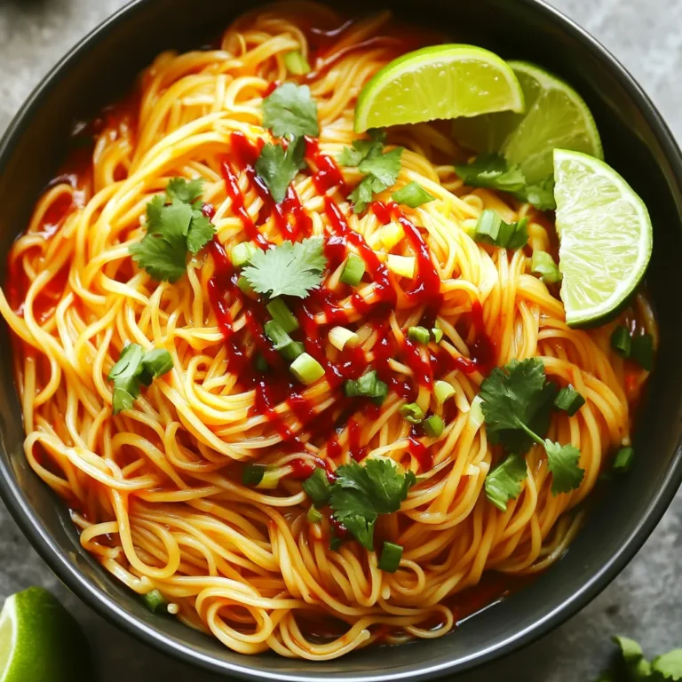 - 200g noodles (egg or rice noodles) - 3 tablespoons vegetable oil - 4 cloves garlic, finely minced - 1-2 red chilies, thinly sliced - 2 tablespoons soy sauce - 1 tablespoon chili garlic sauce - 1 teaspoon sesame oil - 1 teaspoon sugar - 2 green onions, chopped - Fresh cilantro leaves - Lime wedges The secret to making spicy chili garlic noodles is in the ingredients. First, you need the right noodles. I love using either egg noodles or rice noodles. Both work great and taste amazing. Next, we have the oil. Vegetable oil is best here. It can handle heat well and lets the flavors shine. Garlic is a must! Use four cloves, finely minced. Garlic adds a great aroma and taste. Now, let’s talk about heat. Use 1-2 red chilies, sliced thin. Adjust how many you use based on how spicy you want it. If you love heat, go for two! For the sauce, you’ll need soy sauce, chili garlic sauce, sesame oil, and a bit of sugar. These ingredients mix to create a savory kick that pairs well with the noodles. Finally, don’t forget the garnishing! Chopped green onions and fresh cilantro make your dish pop. Lime wedges add a zesty finish. They’ll brighten the flavors and make the dish even more delicious. - Bring a large pot of water to a boil. - Add a pinch of salt for flavor. - Cook the noodles as the package says. - Typically, this takes about 3-5 minutes. - Once done, drain the noodles and set them aside. - In a small bowl, mix soy sauce, chili garlic sauce, sesame oil, and sugar. - Whisk until well combined. This sauce adds bold flavor. - Heat vegetable oil in a large skillet over medium heat. - Once hot, add minced garlic and sliced chilies. - Stir-fry for about 30 seconds. - Watch for the garlic to turn golden but not burnt. - Add the drained noodles to the skillet. - Pour the sauce mixture over the noodles. - Gently toss everything together. - Heat for about 2-3 minutes to combine flavors. - Stir in the chopped green onions. - Mix well and remove from heat. - Serve the noodles in deep bowls. - Garnish with fresh cilantro and lime wedges. To change the heat level, you can adjust the chili quantity. If you want less heat, use just one chili. For more spice, add a second chili or even a third. You can also try adding red pepper flakes or cayenne pepper. Both give extra heat without changing the flavor too much. You can enrich your dish with toppings. Sesame seeds add a nice crunch and flavor. You can also try adding chopped peanuts or cashews for a nutty twist. If you want a different taste, swap soy sauce for tamari or coconut aminos. These options work well for gluten-free diets too. For stir-frying, a large skillet or a wok works best. A wok heats evenly and allows for good tossing. You’ll also want a pair of tongs for easy noodle tossing. A spatula can help mix the ingredients well. Both tools make cooking quick and fun. {{image_4}} You can easily change up the dish by adding protein. Chicken works great here. Simply cook diced chicken in the skillet before adding garlic and chilies. Shrimp is another fantastic option. Just toss shrimp into the pan for a quick sauté. If you want a plant-based choice, tofu is perfect. Cube it and sauté until golden before mixing in. If you prefer a vegetarian or vegan option, choose plant-based noodles. Rice noodles or whole grain noodles are both excellent choices. For the sauce, make sure to use a vegan soy sauce. You can also swap out chili garlic sauce for a homemade version using garlic, chili paste, and a splash of vegetable broth. To explore new flavors, try adding veggies. Bell peppers, broccoli, or snap peas can add crunch and color. Toss in some chopped nuts like peanuts or cashews for a nice texture. You can also experiment with different herbs. Thai basil or mint can provide a fresh twist to the dish. To store leftovers, cool the noodles first. Place them in an airtight container. Keep the lid tight to avoid moisture. Store them in the fridge for up to three days. Always check for any strange smells before eating. To reheat, use a skillet for the best results. Heat a little oil over medium heat. Add the noodles and stir for about 3 to 5 minutes. You can add a splash of water or soy sauce to keep them moist. Avoid using the microwave, as it can make the noodles dry and tough. Yes, you can freeze spicy chili garlic noodles. Place cooled noodles in a freezer-safe bag. Before sealing, remove as much air as possible. They can last up to three months in the freezer. When ready to eat, thaw them overnight in the fridge and reheat as mentioned above. You can use either egg noodles or rice noodles for this dish. Egg noodles add a rich flavor. Rice noodles are light and gluten-free. Both options cook quickly and absorb the sauce well. Choose based on your taste or dietary needs. Yes, you can make this dish gluten-free. Use rice noodles and ensure your soy sauce is gluten-free. Many brands offer gluten-free soy sauce. This way, you can enjoy all the flavors without the gluten. To keep the noodles from sticking, rinse them after cooking. Drain them well and toss them with a bit of vegetable oil. This helps separate the noodles and keeps them nice and loose. If you cook them right, they should stay perfect. You can prepare the sauce ahead of time. Store it in the fridge for up to three days. Cook the noodles just before serving. This keeps everything fresh. Mix the noodles and sauce together right before you eat for the best taste. Chili garlic noodles pair well with many sides. Try spring rolls for a crunchy contrast. A light salad with fresh veggies can balance the heat. You can also serve steamed dumplings for a filling option. Each side adds a new layer of flavor. You now have all the tools to make delicious chili garlic noodles. From selecting your ingredients to perfecting your sauce, every step matters. Don’t forget to customize with your favorite toppings and proteins. Store your leftovers right for later enjoyment. With these tips, your dish will impress everyone. Get cooking and enjoy this delightful meal at home!