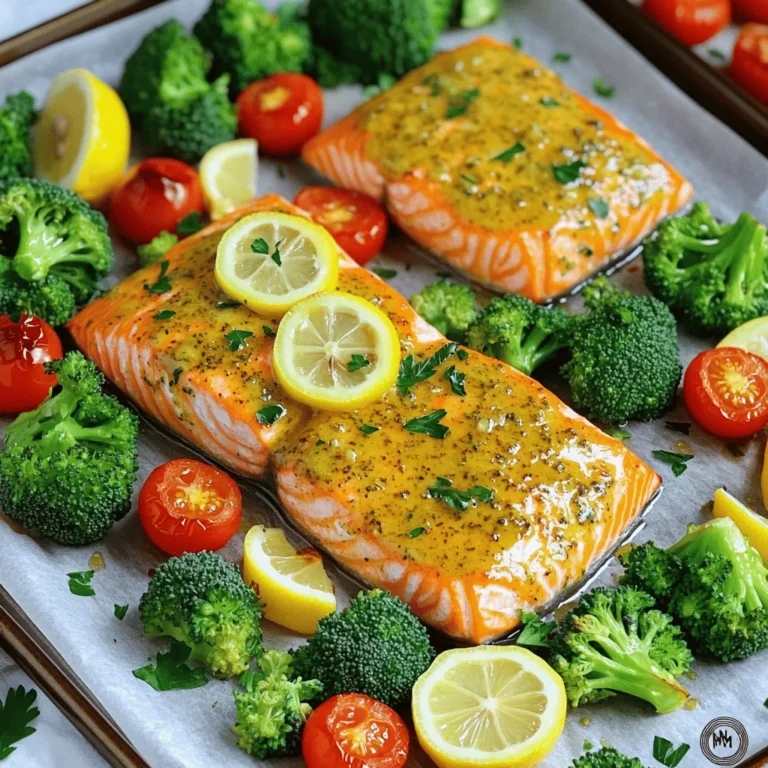 - 4 salmon fillets (6 oz each) - 1 cup broccoli florets - 1 cup cherry tomatoes, halved - 1 cup baby carrots, sliced - 4 cloves garlic, minced - 1/4 cup olive oil - 2 tablespoons fresh lemon juice - 1 tablespoon fresh parsley, chopped - 1 teaspoon dried oregano - 1 teaspoon salt - 1/2 teaspoon freshly ground black pepper - Lemon slices for garnish Gather these ingredients before you start. Fresh salmon fillets are key for taste. Use bright, crisp vegetables like broccoli, cherry tomatoes, and baby carrots. These add color and nutrients to your meal. Minced garlic brings a wonderful, bold flavor. Fresh herbs like parsley and oregano elevate the dish. Olive oil and lemon juice add richness and brightness. Don't forget salt and pepper; they enhance the flavors of all the ingredients. This mix of fresh ingredients makes for a delightful meal. Each component plays a role in creating a balanced plate. Enjoy the process of cooking and the tasty results! 1. First, preheat your oven to 400°F (200°C). This helps cook the salmon and veggies evenly. 2. Next, prepare your baking sheet. Line it with parchment paper. This keeps food from sticking. 3. In a medium bowl, combine these ingredients: - 1/4 cup olive oil - 2 tablespoons fresh lemon juice - 4 cloves garlic, minced - 1 tablespoon fresh parsley, chopped - 1 teaspoon dried oregano - 1 teaspoon salt - 1/2 teaspoon freshly ground black pepper Whisk them together until well mixed. This garlic herb sauce adds great flavor. 4. Now, arrange the salmon fillets on the baking sheet. Place them in the center. Make sure each fillet has space around it. 5. Surround the salmon with: - 1 cup broccoli florets - 1 cup cherry tomatoes, halved - 1 cup baby carrots, sliced This colorful mix looks nice and tastes great. 6. Drizzle the garlic herb mixture over both the salmon and vegetables. Make sure everything is coated well for the best flavor. 1. Place the sheet pan in the preheated oven. Bake for 15-20 minutes. 2. Check if the salmon is done. It should flake easily with a fork. The veggies should be tender but still crisp. 3. When finished, carefully remove the pan from the oven. 4. For a nice touch, garnish with lemon slices. You can also sprinkle a little extra parsley on top for color. 5. To serve, you can keep the meal on the sheet pan for a family-style feast or plate it individually. Adding extra lemon slices on the side makes a bright display. To check for flakiness, use a fork. Gently press down on the salmon. If it flakes easily, it is done. This method ensures you serve perfect salmon. To prevent overcooking, keep an eye on the timer. Salmon usually cooks in 15 to 20 minutes. Take it out once the inside is just opaque. Overcooking makes the fish dry and less tasty. You can add extra seasonings to boost flavor. Consider adding a pinch of red pepper flakes for heat. A dash of balsamic vinegar can also add depth. Experiment with spices to find your favorite mix. Choosing the right vegetables is key. Broccoli, cherry tomatoes, and carrots are great choices. They roast well and keep their shape. You can also try bell peppers or zucchini for variety. {{image_4}} You can change the fish in this recipe. Try using tilapia or cod. These options offer a mild flavor and work well with garlic. You can also use chicken breasts or shrimp for a twist. Each protein brings its own taste to the dish and keeps it fresh. For the veggies, feel free to swap in your favorites. Zucchini, bell peppers, or asparagus all work great. You can even use frozen veggies if you’re short on time. Just remember to adjust the cooking time if needed. This way, you can enjoy a new dish each time you make it. You can play with the herbs in this recipe. Instead of parsley, try dill or thyme. Both herbs can add a bright taste that pairs well with salmon. You can also mix herbs for a unique flavor profile. If you like spice, consider adding red pepper flakes. A dash can bring warmth to the dish without overpowering it. You might also try a bit of smoked paprika for a different twist. These small changes can make the meal exciting and new each time you prepare it. To store your leftover sheet pan garlic herb salmon and veggies, first let them cool. Then, place them in an airtight container. This will help keep the food fresh. Make sure to refrigerate it right away. Your leftovers will stay good for about three days in the fridge. After that, the taste and texture may change. When you’re ready to enjoy your leftovers, there are a few ways to reheat them. The best method is to use the oven. Preheat it to 350°F (175°C). Place your salmon and veggies on a baking sheet. Heat them for about 10 to 15 minutes or until warm. This keeps the flavor and texture nice. You can also use the microwave if you're in a hurry. Just put your food in a microwave-safe dish and cover it. Heat in short bursts until it’s hot, but be careful not to overcook it. This way, you keep that delicious taste intact. Salmon cooks quickly in the oven. It usually takes 15 to 20 minutes at 400°F (200°C). The salmon is done when it flakes easily with a fork. I recommend checking it around the 15-minute mark. This helps avoid overcooking. The veggies should be tender but still crisp. Yes, you can prep ingredients ahead of time! Chop the vegetables and store them in the fridge. You can also mix the garlic herb sauce early. Just keep it in a sealed container to keep it fresh. Marinating the salmon for 30 minutes to an hour can boost flavor. Just remember to store it in the fridge. This dish pairs well with several sides. Here are some great options: - Quinoa or rice for a filling base. - A fresh green salad for a light touch. - Garlic bread for a nice crunch. - Mashed potatoes for comfort food. These sides balance the flavors of the salmon and veggies. Enjoy experimenting with your favorites! This recipe for sheet pan salmon is simple and tasty. We covered ingredients, preparation steps, and baking tips. Perfectly cooked salmon and roasted veggies can impress anyone. You can also swap ingredients and add your favorite flavors. Remember to store leftovers right. This dish is easy to make and fun to customize. Enjoy trying new ideas and sharing your meals with others. Cooking can be a great adventure!