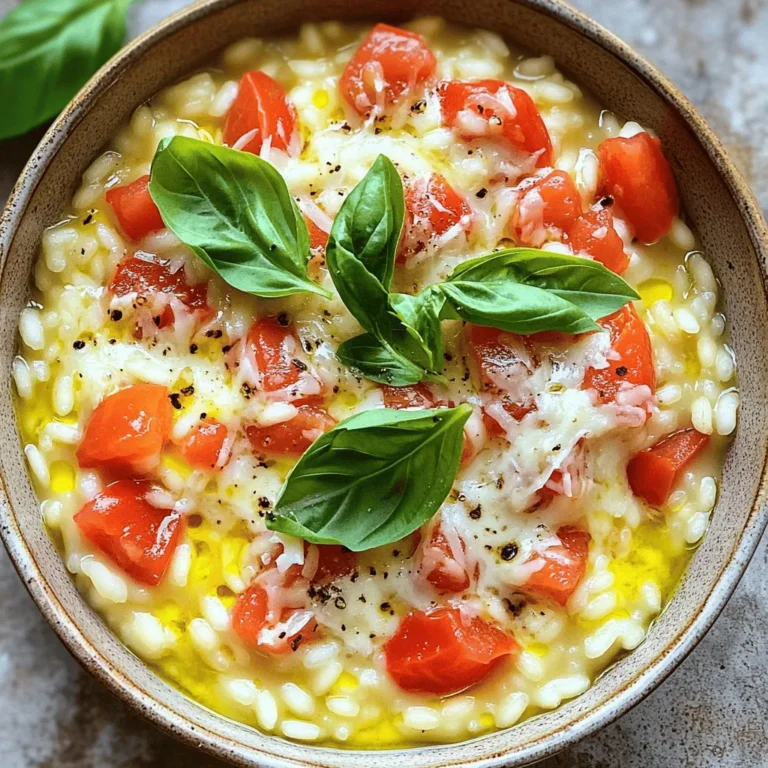 To make this one-pot tomato Parmesan risotto, you need: - 1 cup Arborio rice - 4 cups vegetable broth - 1 cup diced ripe tomatoes (fresh or canned) - 1 medium onion, finely chopped - 2 cloves garlic, minced - 1 cup freshly grated Parmesan cheese - 1 tablespoon extra virgin olive oil - 1 teaspoon dried oregano - Salt and freshly ground black pepper, to taste - Fresh basil leaves, for garnish You can use fresh or canned tomatoes for this dish. Fresh tomatoes add brightness and flavor. They work well in summer when they are at their best. Canned tomatoes are great when fresh ones aren't in season. They are easy to use and often packed with flavor. Choose what you have on hand, and your risotto will taste great either way! Arborio rice is key to making creamy risotto. This short-grain rice has a high starch content. When you cook it slowly and stir, it releases its starch. This gives the risotto its creamy texture. Other rice types won't create the same rich and smooth result. Always use Arborio for the best risotto experience! Start by heating one tablespoon of olive oil in a large pot over medium heat. When the oil shimmers, add one finely chopped onion. Stir it often for about 3-4 minutes. You want the onion to soften and turn translucent. Next, add two minced garlic cloves. Stir this for one minute until it smells great. The onion and garlic form the tasty base of your risotto. Now, it’s time to add one cup of Arborio rice to the pot. Stir it well so each grain gets coated in the onion and garlic mix. Sauté the rice for about two minutes. This step is key because toasting the rice brings out its rich flavor. You will notice a slight change in color when it is ready. Pour in one cup of diced tomatoes, along with their juices. Sprinkle in one teaspoon of dried oregano and mix everything well. This adds a nice, savory touch to your risotto. Gradually add four cups of vegetable broth, one cup at a time. Stir often and wait for the rice to absorb the broth before adding more. This process takes about 18-20 minutes. Your risotto will become creamy and tender. When it reaches the right texture, stir in one cup of freshly grated Parmesan cheese. Don’t forget to add salt and pepper to taste. Enjoy your delightful, comforting dish! To make your risotto creamy, use Arborio rice. This rice has a high starch content. As you cook the rice, stir it often. The stirring helps release the starch. The starch creates a smooth, creamy texture. Add broth slowly, one cup at a time. Let the rice absorb the broth before adding more. This technique is key for great risotto. Taste your risotto as you cook. Add salt and black pepper to enhance the flavor. Freshly ground black pepper makes a big difference. If you use canned tomatoes, check the salt content. Adjust your seasoning based on that. You can also add fresh herbs like basil for extra flavor. One mistake is adding all the broth at once. This can lead to mushy rice. Another mistake is not stirring enough. Stirring helps the rice cook evenly. Keep an eye on the heat. Too high can burn the rice. Too low can make it cook too slowly. Lastly, don’t rush. Good risotto takes time and care. Enjoy the process! {{image_4}} You can easily add veggies to your risotto. Spinach works great and adds color. Just stir it in near the end of cooking. Fresh peas are another tasty option. They bring a sweet crunch. You can also try zucchini or bell peppers. Cut them into small pieces. Add them after the onion and garlic are soft. This way, they cook well but still stay bright. If you want more protein, chicken or shrimp is perfect. For chicken, use bite-sized pieces. Add them after the onion and garlic. Cook until they are no longer pink. For shrimp, toss them in during the last few minutes. They cook fast and add a nice touch. Both options make the dish heartier and more filling. To make this risotto vegan, skip the cheese. Use nutritional yeast for a cheesy flavor. It gives a nice taste without dairy. Swap the vegetable broth for water if needed. You can also add tofu or chickpeas for protein. These changes keep the dish rich and tasty while being plant-based. Enjoy this comforting meal without the animal products! After enjoying your One-Pot Tomato Parmesan Risotto, let the leftovers cool. Once cool, place them in an airtight container. This helps keep the risotto fresh. Store it in the fridge for up to three days. Make sure to label the container with the date. This way, you will know when to enjoy it again. When reheating, add a splash of vegetable broth or water. This keeps the risotto creamy and moist. You can use a microwave or heat it on the stove. If using the stove, heat it over low heat. Stir it often to prevent sticking. Taste and adjust the seasoning before serving, if needed. You can freeze risotto, but there are some do's and don'ts. Do freeze it in small portions. This makes it easy to thaw only what you need. Use freezer-safe containers or bags. Don’t freeze risotto with added cheese. It can change the texture when thawed. When you are ready to eat, thaw it in the fridge overnight. Then, reheat it on the stove with a bit of liquid to restore its creaminess. The best rice for risotto is Arborio rice. This rice has a high starch content. The starch makes the risotto creamy. Arborio rice also absorbs flavors well. Other types like Carnaroli or Vialone Nano work too. They all help create that perfect creamy texture. No, you cannot make risotto without stirring. Stirring helps release the starch from the rice. This step is key for creaminess. If you don’t stir, the rice can stick to the pot. It may also cook unevenly. So, keep stirring for the best results! You know risotto is done when it is creamy and tender. The rice should be al dente, which means it has a slight bite. Taste a few grains to check. If they are too hard, add more broth and cook longer. Once it’s creamy and tender, it’s ready to eat! This blog post covered all you need for making risotto. We looked at key ingredients and how fresh tomatoes and Arborio rice make a difference. You learned the steps to create a creamy dish, plus tips to avoid common mistakes. We explored tasty variations and how to store your leftovers. Remember, risotto is fun to make and easy to change. With practice, you will impress your friends and family with your skills. Enjoy every bite!