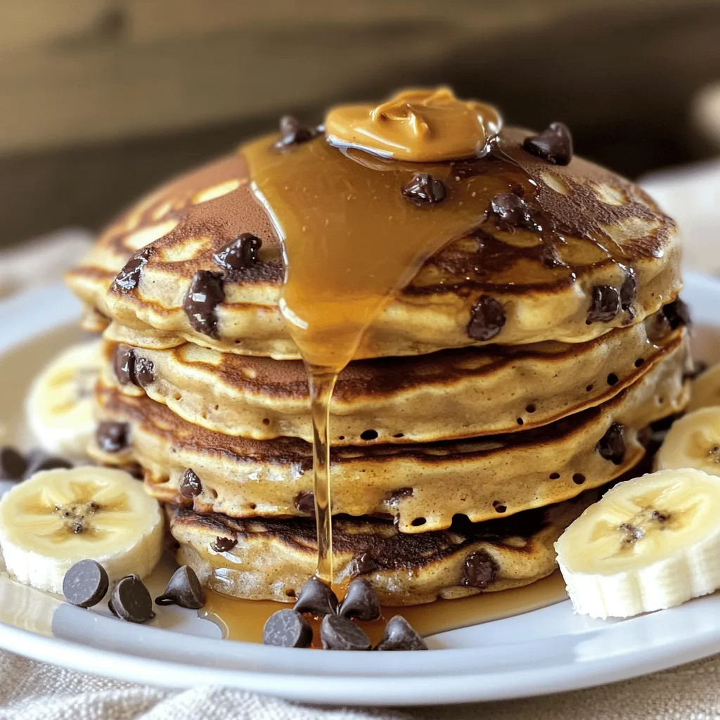 - 1 cup all-purpose flour - 2 tablespoons granulated sugar - 2 teaspoons baking powder - 1/2 teaspoon fine sea salt - 1 cup milk (dairy or any plant-based alternative) - 1/4 cup creamy peanut butter - 1 large egg - 1 teaspoon pure vanilla extract - 1/2 cup semi-sweet chocolate chips - Butter or vegetable oil, for greasing the skillet The all-purpose flour gives the pancakes their structure. It helps them rise and stay fluffy. Granulated sugar adds sweetness and helps with browning. Baking powder is the leavening agent that makes the pancakes fluffy. Fine sea salt enhances the flavors and balances the sweetness. Milk adds moisture and makes the batter smooth. You can use dairy or plant-based milk for your preference. Creamy peanut butter is the star here, providing rich flavor and creaminess. The egg helps bind the ingredients together and adds a bit of richness. Pure vanilla extract adds a warm, sweet note. Semi-sweet chocolate chips give a delightful burst of chocolate in each bite. - For flour, you can try whole wheat flour for a nuttier flavor. - If you want less sugar, use a sugar substitute, like honey or maple syrup. - Swap out the milk for almond or oat milk if you prefer a dairy-free option. - Use crunchy peanut butter if you like some texture in your pancakes. - Dark chocolate chips can replace semi-sweet for a richer taste. These simple ingredients come together to create a tasty breakfast treat! Start by gathering your dry ingredients. In a medium mixing bowl, add: - 1 cup all-purpose flour - 2 tablespoons granulated sugar - 2 teaspoons baking powder - 1/2 teaspoon fine sea salt Whisk these together until they blend well. Make sure there are no lumps. This step ensures your pancakes rise nicely. Now, let’s move on to the wet ingredients. In a separate bowl, combine: - 1 cup milk (dairy or any plant-based alternative) - 1/4 cup creamy peanut butter - 1 large egg - 1 teaspoon pure vanilla extract Whisk these until smooth. The peanut butter should mix in well. This mixture adds richness to your pancakes. Next, pour the wet ingredients into the dry mixture. Stir gently with a spatula until just combined. A few small lumps are okay; don’t overmix. Now, fold in 1/2 cup semi-sweet chocolate chips. This step adds sweetness and a lovely texture. Preheat your non-stick skillet or griddle over medium heat. Lightly grease it with butter or a splash of vegetable oil. This keeps your pancakes from sticking. For each pancake, pour about 1/4 cup of batter onto the heated skillet. Cook for 2-3 minutes, until bubbles form on the surface. When you see bubbles, flip the pancake gently using a spatula. Cook for another 1-2 minutes until golden brown. Keep cooked pancakes warm while you repeat the process with the remaining batter. The total time for these pancakes is about 20 minutes. The prep time is around 10 minutes. For a fun touch, stack the pancakes high on a plate. Drizzle with creamy peanut butter or warm maple syrup. You can also add a sprinkle of chocolate chips and some banana slices for color and flavor. Enjoy your pancakes! To get the best pancake texture, mix your dry ingredients well first. This step ensures the baking powder spreads evenly. When mixing wet ingredients, blend until smooth. Do not overmix when combining wet and dry ingredients. It’s okay to have small lumps. They help keep the pancakes fluffy. A common mistake is overmixing the batter. This can make pancakes tough. Another mistake is not heating the skillet enough. If the skillet is too cool, pancakes won’t cook evenly. Also, avoid using too much butter or oil. Just a light coating is enough. You can enhance flavors in many ways. Try adding a pinch of cinnamon to the dry mix for warmth. You can also swap semi-sweet chocolate chips for dark chocolate for a richer taste. For a fruity twist, fold in some mashed bananas or blueberries. These simple changes can make your pancakes even more delicious! {{image_4}} You can enjoy these pancakes without nuts. Simply swap the peanut butter for sun butter or soy nut butter. Both have a similar creamy texture and taste. You can also use a seed butter. These options keep the pancakes tasty and safe for those with nut allergies. To make these pancakes vegan, replace the egg with a flax egg. Mix one tablespoon of ground flaxseed with three tablespoons of water. Let it sit for five minutes until it thickens. Use almond milk, oat milk, or any plant-based milk instead of dairy milk. For the butter, use coconut oil or a vegan butter substitute. Your pancakes will still be fluffy and delicious. For extra flavor, consider adding spices. A pinch of cinnamon or nutmeg can enhance the taste. You can also fold in mashed bananas or chopped berries into the batter. They add sweetness and moisture. For a chocolate twist, use dark chocolate chips or chocolate chunks. These add richness and depth, making your pancakes even more delightful. To keep your leftover pancakes fresh, stack them neatly. Place parchment paper between each pancake. Store them in an airtight container. This helps prevent sticking. You can keep them in the fridge for up to three days. If you want them to last longer, freezing is a great option. When you’re ready to enjoy your pancakes again, reheating is easy. You can use a microwave for quick heating. Place one pancake on a microwave-safe plate. Heat it for 20 to 30 seconds. If you prefer, use a skillet. Warm it over low heat for about one minute on each side. This keeps them fluffy and tasty. Freezing these pancakes is simple. After they cool, stack them with parchment paper. Place the stacks in a freezer bag. Squeeze out as much air as you can. Label the bag with the date. You can freeze them for up to two months. When you're ready, just thaw them in the fridge overnight before reheating. You can swap some ingredients for healthier options. Use whole wheat flour instead of all-purpose flour. This adds more fiber and nutrients. You can cut back on sugar too. Try using mashed bananas or applesauce for natural sweetness. For the chocolate chips, use dark chocolate. It has less sugar and more antioxidants. You can also replace the creamy peanut butter with a natural nut butter. These small changes make your pancakes healthier without losing the taste. Yes, you can use any type of milk you like. Almond milk, oat milk, or soy milk all work well. They can change the flavor slightly, but each adds its own unique taste. If you want a creamier texture, try using whole milk or coconut milk. Just make sure the milk you choose is unsweetened if you want to keep the sugar low. These pancakes pair well with many toppings. You can drizzle warm maple syrup on top for sweetness. Sliced bananas add a nice fruity touch. If you love chocolate, sprinkle extra chocolate chips on top. You can also use whipped cream for a fun twist. For a bit of crunch, try chopped nuts or granola. Each topping adds a new layer of flavor and makes your pancakes even more delicious. We’ve covered everything from ingredients to storage for your pancakes. You should now feel ready to create delicious meals. Remember to play with flavors and substitutions based on your taste. By using the tips shared, you can avoid common mistakes and achieve the perfect texture. Enjoy making these pancakes for yourself, friends, or family. You’ll impress everyone with your skills, and the options are endless. Happy cooking!