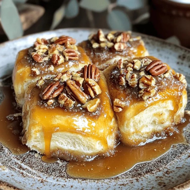 - 1 can (16 oz) refrigerated cinnamon rolls - 1/2 cup chopped pecans - 1/2 cup packed brown sugar - 1/4 cup unsalted butter, melted - 1/4 cup pure maple syrup - 1 teaspoon ground cinnamon - 1/2 teaspoon vanilla extract - Pinch of salt - 1/4 cup heavy cream - 5-quart slow cooker - Mixing bowls - Whisk - Sharp knife Gather these ingredients and tools to make your slow cooker caramel pecan sticky buns. Each item plays a key role in creating this delicious treat. The refrigerated cinnamon rolls save time and add a fluffy texture. The chopped pecans bring a nice crunch and flavor. Brown sugar and maple syrup create a rich caramel sauce. Butter, cinnamon, vanilla, and salt round out the taste. Finally, heavy cream ensures the rolls stay moist and soft. Having a 5-quart slow cooker is essential for cooking the buns evenly. Mixing bowls and a whisk help combine the sauce smoothly. A sharp knife is needed to cut the cinnamon rolls into smaller pieces. With these ingredients and tools ready, you are set to create a delightful dessert that fills your home with a warm, sweet aroma. Enjoy the process as you prepare this easy and tasty recipe! Start by greasing the inside of a 5-quart slow cooker. Use non-stick cooking spray or softened butter. This step is key. Greasing prevents the sticky buns from sticking to the sides while they cook. No one wants to lose that delicious caramel! In a medium mixing bowl, combine the melted butter, brown sugar, maple syrup, ground cinnamon, vanilla extract, and a pinch of salt. Whisk these ingredients together. Make sure to whisk until the mixture is smooth. You want that perfect caramel sauce consistency to coat the buns well. Pour the caramel sauce into the bottom of your prepared slow cooker. Ensure it covers the bottom evenly. Next, sprinkle the chopped pecans on top of the caramel. Let them nestle into the sauce. This adds flavor and a nice crunch to your sticky buns. Open the can of refrigerated cinnamon rolls. Take each roll and gently separate them. Cut every roll into quarters with a sharp knife. Now, arrange these pieces on top of the pecans and caramel. Distribute them evenly for the best cooking results. Now, take the heavy cream. Carefully pour it over the cinnamon roll pieces. Make sure each piece is coated well. This step keeps the rolls moist and fluffy as they cook. Securely cover the slow cooker with its lid. Set the heat to low. Cook the sticky buns for 2 to 3 hours. Check for doneness by looking for fluffy tops that have risen nicely. When done, the aroma will fill your kitchen! To keep your sticky buns moist, use heavy cream. Pour it evenly over the cinnamon roll pieces. This step is key for a soft, fluffy texture. Here are some tips for fluffiness: - Use fresh cinnamon rolls for the best rise. - Make sure the slow cooker is set to low heat. - Avoid lifting the lid too often while cooking. Serve these buns warm for the best taste. Place them on a plate and let the caramel drizzle down. You can enhance the flavor with these optional toppings: - Drizzle more maple syrup over the top. - Sprinkle powdered sugar for a sweet finish. If your buns are undercooked, check the cooking time. They may need an extra 30 minutes. For overcooked buns, they might become dry. Reduce cooking time next time. Adjust the cooking time based on your slow cooker, as they can vary in heat. {{image_4}} If you want to skip the pecans, you have options. You can use walnuts or almonds instead. If you prefer seeds, sunflower seeds work well too. These nuts and seeds still add a nice crunch and flavor. They can also soak up the caramel sauce nicely. Want to make your sticky buns even better? You can toss in chocolate chips. They melt and add a sweet surprise. Dried fruits like raisins or cranberries can also be a tasty addition. For an extra kick, try using flavored cream or syrups. Vanilla or caramel-flavored cream can enhance the sweet taste. For those who need gluten-free treats, it’s easy to switch things up. You can find gluten-free cinnamon rolls at many stores. Just make sure they are safe for your diet. The rest of the recipe stays the same, so you can enjoy these sweet buns too! After enjoying your delicious sticky buns, store leftovers in the fridge. Place them in an airtight container. This keeps the buns fresh for about three days. If you want to keep the sticky topping intact, cover them with plastic wrap before sealing the container. This method helps maintain moisture and flavor. For long-term storage, freezing options work well. Allow the sticky buns to cool completely. Wrap each bun tightly in plastic wrap. Then, place them in a freezer-safe bag or container. You can freeze them for up to two months. When ready to eat, thaw them in the fridge overnight. To enjoy your sticky buns again, reheating is key. The best method is to use the oven. Preheat your oven to 350°F (175°C). Place the buns in an oven-safe dish. Cover them with foil to prevent drying out. Heat for about 10-15 minutes. If you prefer the microwave, heat each bun for about 20 seconds. This keeps the texture soft and warm. Your sticky buns are done when they look puffy and golden. You can check them with a toothpick. If it comes out clean, they are ready. The tops will rise nicely, showing they have cooked through. Trust your eyes and the toothpick test for perfect results. Yes, you can make these sticky buns ahead. Prepare them, then store the unbaked dough in the fridge. Just remember to cover it well to keep it fresh. When you are ready to cook, let it sit at room temp for about 30 minutes. Then, cook as usual in the slow cooker. Serve these sticky buns warm for the best taste. Warmth brings out the flavors of the caramel and pecans. If you let them cool, they will still taste good but lose some magic. Drizzle extra maple syrup or sprinkle powdered sugar on top for a special touch. You sure can! If you want to use homemade dough, roll it out as usual. Cut it into quarters like the refrigerated kind. Just make sure to keep an eye on the cooking time. Homemade rolls may need a slightly different time, so check for doneness with a toothpick. Adjust as needed to ensure they come out fluffy and delicious. We covered a simple recipe for slow cooker caramel pecan sticky buns. You learned the key ingredients and tools needed. I shared step-by-step cooking instructions to guide you. Plus, I included helpful tips for perfect buns and fun variations. These sticky buns are easy to make and delicious. You can enjoy them right away or save leftovers. I hope you feel ready to create a sweet treat that brings joy. Happy cooking!