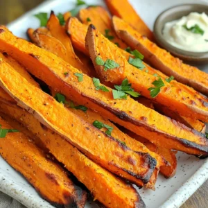 To make these crispy air fryer sweet potato fries, you will need: - 2 large sweet potatoes, peeled and sliced into even fry shapes - 2 tablespoons extra virgin olive oil - 1 teaspoon smoked paprika - ½ teaspoon garlic powder - ½ teaspoon onion powder - ½ teaspoon sea salt - ¼ teaspoon freshly ground black pepper - ¼ teaspoon cayenne pepper (adjust to your spice preference) - Fresh parsley, finely chopped (for garnish) You can swap ingredients if needed. Here are some ideas: - Sweet Potatoes: Try using regular potatoes or butternut squash for a twist. - Olive Oil: Use canola or avocado oil if you prefer. - Spices: If you don’t have smoked paprika, regular paprika works too. - Cayenne Pepper: You can leave this out for a milder flavor. Seasonings add great flavor to the fries. Here are my favorites: - Smoked Paprika: It gives a nice smoky taste. - Garlic Powder: This adds a savory kick. - Onion Powder: It enhances the overall flavor. - Sea Salt: Don't skip this; it makes everything better. - Fresh Parsley: Use it as a garnish for color and freshness. These ingredients and substitutions can help you create a tasty and crispy snack that everyone will love. To start, you must soak your sweet potato fries. Place them in a bowl of cold water for at least 30 minutes. This soaking helps remove excess starch. Less starch means crispier fries! After the time is up, drain the fries well. Next, spread them on a clean kitchen towel. Pat them dry thoroughly to get rid of any moisture. This step is key for crispiness. Now it’s time to add flavor. In a large mixing bowl, combine the dry sweet potato fries with 2 tablespoons of extra virgin olive oil. Add 1 teaspoon of smoked paprika, ½ teaspoon of garlic powder, ½ teaspoon of onion powder, ½ teaspoon of sea salt, ¼ teaspoon of black pepper, and ¼ teaspoon of cayenne pepper. You can adjust the cayenne for spice levels. Toss everything well to coat each fry evenly. You want every bite to burst with flavor. Before cooking, preheat your air fryer to 380°F (190°C) for about 5 minutes. This is crucial for that perfect crispy texture. Arrange the seasoned fries in the air fryer basket in a single layer. Do not overcrowd them. If needed, cook in two batches to allow air to circulate. Cook the fries for 15-20 minutes. Shake the basket halfway through to ensure even cooking. Check for your preferred crispiness. If they need more time, add 2-5 extra minutes. Once done, carefully remove the fries and place them on a paper towel for a minute. This helps absorb any extra oil. Just before serving, sprinkle with finely chopped parsley for a nice touch. Enjoy your crispy, flavorful sweet potato fries! Soaking sweet potato fries in cold water is a game-changer. It removes excess starch. Less starch means crispier fries. I recommend soaking them for at least 30 minutes. This step is key to getting that perfect crunch you want. For the best results, preheat your air fryer to 380°F (190°C). This ensures the fries start cooking right away. Cooking them for 15-20 minutes gives a nice crisp. Don’t forget to shake the basket halfway through. This helps them cook evenly. If they need more time, add 2-5 minutes. Always check to avoid burning. To ensure even cooking, arrange fries in a single layer. Avoid overcrowding the basket. If you have a lot, cook them in batches. This allows hot air to circulate freely. The result? Perfectly crispy sweet potato fries every time! {{image_4}} To kick up the heat, add more cayenne pepper. Try ½ teaspoon for extra spice. You can also mix in chili powder or crushed red pepper for more flavor. These spicy fries pair well with creamy dips, like ranch or blue cheese. For a sweet twist, sprinkle brown sugar or cinnamon on the fries. The sweetness balances the natural earthiness of sweet potatoes. Another option is to add maple syrup for a hint of sweetness. This will create a delicious contrast with the savory seasonings. If you want to switch oils, use avocado oil or coconut oil. Both oils add unique flavors and health benefits. For seasonings, try adding rosemary or thyme for a fresh herbal taste. You can also use Parmesan cheese for a cheesy, savory touch that melts into the fries. After you enjoy your sweet potato fries, store any leftovers in a container. Use an airtight container to keep them fresh. Place a paper towel at the bottom to absorb moisture. This helps prevent sogginess. Store the container in your fridge. The fries will stay good for up to three days. To reheat, use your air fryer for the best results. Preheat your air fryer to 350°F (175°C). Place the fries in a single layer in the basket. Heat for about 5-7 minutes. This will help restore their crispiness. You can also use an oven set to 400°F (200°C) if needed. If you want to freeze your sweet potato fries, start by letting them cool. Spread them out on a baking sheet in a single layer. Freeze them for about 1-2 hours until solid. Once frozen, transfer the fries to a freezer bag. Remove as much air as possible. They can stay frozen for up to three months. When ready to cook, you can air fry them straight from the freezer. Adjust the cooking time for best results. You should air fry sweet potato fries for about 15 to 20 minutes. This timing allows the fries to become crispy and golden. I recommend checking them halfway through. Give the basket a shake to help them cook evenly. If they are not crispy enough, add an extra 2 to 5 minutes. Yes, you can use frozen sweet potato fries. They are a quick and easy option. Make sure to check the package for cooking times, as they may differ from fresh fries. You may not need to soak or season them as much. However, for extra flavor, drizzle them with olive oil and spices before cooking. To make your sweet potato fries crispier, soak them in cold water for at least 30 minutes. This step removes excess starch. After soaking, dry them well with towels. The less moisture, the crispier they will be. Toss them in olive oil and spices evenly. Cook in a single layer in the air fryer for the best results. Make sure to shake the basket halfway during cooking to ensure even crispiness. This blog post covered how to make air-fried sweet potato fries perfectly. We discussed ingredients, seasonings, and cooking steps. I shared tips for getting crispy fries and suggested tasty variations. Proper storage and reheating methods were also included. Overall, these fries are a fun and tasty treat. Try them in different ways to find what you love most. Enjoy your cooking!
