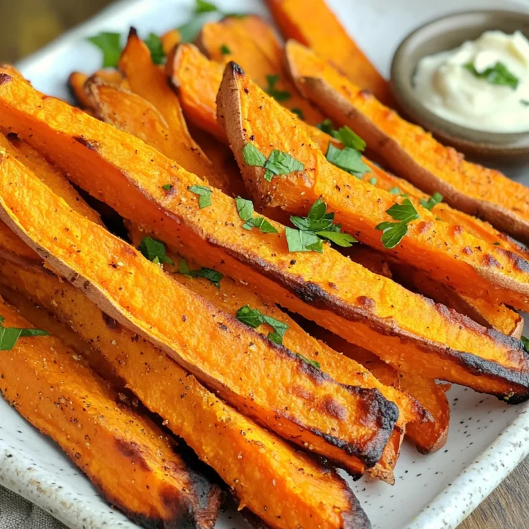 To make these crispy air fryer sweet potato fries, you will need: - 2 large sweet potatoes, peeled and sliced into even fry shapes - 2 tablespoons extra virgin olive oil - 1 teaspoon smoked paprika - ½ teaspoon garlic powder - ½ teaspoon onion powder - ½ teaspoon sea salt - ¼ teaspoon freshly ground black pepper - ¼ teaspoon cayenne pepper (adjust to your spice preference) - Fresh parsley, finely chopped (for garnish) You can swap ingredients if needed. Here are some ideas: - Sweet Potatoes: Try using regular potatoes or butternut squash for a twist. - Olive Oil: Use canola or avocado oil if you prefer. - Spices: If you don’t have smoked paprika, regular paprika works too. - Cayenne Pepper: You can leave this out for a milder flavor. Seasonings add great flavor to the fries. Here are my favorites: - Smoked Paprika: It gives a nice smoky taste. - Garlic Powder: This adds a savory kick. - Onion Powder: It enhances the overall flavor. - Sea Salt: Don't skip this; it makes everything better. - Fresh Parsley: Use it as a garnish for color and freshness. These ingredients and substitutions can help you create a tasty and crispy snack that everyone will love. To start, you must soak your sweet potato fries. Place them in a bowl of cold water for at least 30 minutes. This soaking helps remove excess starch. Less starch means crispier fries! After the time is up, drain the fries well. Next, spread them on a clean kitchen towel. Pat them dry thoroughly to get rid of any moisture. This step is key for crispiness. Now it’s time to add flavor. In a large mixing bowl, combine the dry sweet potato fries with 2 tablespoons of extra virgin olive oil. Add 1 teaspoon of smoked paprika, ½ teaspoon of garlic powder, ½ teaspoon of onion powder, ½ teaspoon of sea salt, ¼ teaspoon of black pepper, and ¼ teaspoon of cayenne pepper. You can adjust the cayenne for spice levels. Toss everything well to coat each fry evenly. You want every bite to burst with flavor. Before cooking, preheat your air fryer to 380°F (190°C) for about 5 minutes. This is crucial for that perfect crispy texture. Arrange the seasoned fries in the air fryer basket in a single layer. Do not overcrowd them. If needed, cook in two batches to allow air to circulate. Cook the fries for 15-20 minutes. Shake the basket halfway through to ensure even cooking. Check for your preferred crispiness. If they need more time, add 2-5 extra minutes. Once done, carefully remove the fries and place them on a paper towel for a minute. This helps absorb any extra oil. Just before serving, sprinkle with finely chopped parsley for a nice touch. Enjoy your crispy, flavorful sweet potato fries! Soaking sweet potato fries in cold water is a game-changer. It removes excess starch. Less starch means crispier fries. I recommend soaking them for at least 30 minutes. This step is key to getting that perfect crunch you want. For the best results, preheat your air fryer to 380°F (190°C). This ensures the fries start cooking right away. Cooking them for 15-20 minutes gives a nice crisp. Don’t forget to shake the basket halfway through. This helps them cook evenly. If they need more time, add 2-5 minutes. Always check to avoid burning. To ensure even cooking, arrange fries in a single layer. Avoid overcrowding the basket. If you have a lot, cook them in batches. This allows hot air to circulate freely. The result? Perfectly crispy sweet potato fries every time! {{image_4}} To kick up the heat, add more cayenne pepper. Try ½ teaspoon for extra spice. You can also mix in chili powder or crushed red pepper for more flavor. These spicy fries pair well with creamy dips, like ranch or blue cheese. For a sweet twist, sprinkle brown sugar or cinnamon on the fries. The sweetness balances the natural earthiness of sweet potatoes. Another option is to add maple syrup for a hint of sweetness. This will create a delicious contrast with the savory seasonings. If you want to switch oils, use avocado oil or coconut oil. Both oils add unique flavors and health benefits. For seasonings, try adding rosemary or thyme for a fresh herbal taste. You can also use Parmesan cheese for a cheesy, savory touch that melts into the fries. After you enjoy your sweet potato fries, store any leftovers in a container. Use an airtight container to keep them fresh. Place a paper towel at the bottom to absorb moisture. This helps prevent sogginess. Store the container in your fridge. The fries will stay good for up to three days. To reheat, use your air fryer for the best results. Preheat your air fryer to 350°F (175°C). Place the fries in a single layer in the basket. Heat for about 5-7 minutes. This will help restore their crispiness. You can also use an oven set to 400°F (200°C) if needed. If you want to freeze your sweet potato fries, start by letting them cool. Spread them out on a baking sheet in a single layer. Freeze them for about 1-2 hours until solid. Once frozen, transfer the fries to a freezer bag. Remove as much air as possible. They can stay frozen for up to three months. When ready to cook, you can air fry them straight from the freezer. Adjust the cooking time for best results. You should air fry sweet potato fries for about 15 to 20 minutes. This timing allows the fries to become crispy and golden. I recommend checking them halfway through. Give the basket a shake to help them cook evenly. If they are not crispy enough, add an extra 2 to 5 minutes. Yes, you can use frozen sweet potato fries. They are a quick and easy option. Make sure to check the package for cooking times, as they may differ from fresh fries. You may not need to soak or season them as much. However, for extra flavor, drizzle them with olive oil and spices before cooking. To make your sweet potato fries crispier, soak them in cold water for at least 30 minutes. This step removes excess starch. After soaking, dry them well with towels. The less moisture, the crispier they will be. Toss them in olive oil and spices evenly. Cook in a single layer in the air fryer for the best results. Make sure to shake the basket halfway during cooking to ensure even crispiness. This blog post covered how to make air-fried sweet potato fries perfectly. We discussed ingredients, seasonings, and cooking steps. I shared tips for getting crispy fries and suggested tasty variations. Proper storage and reheating methods were also included. Overall, these fries are a fun and tasty treat. Try them in different ways to find what you love most. Enjoy your cooking!