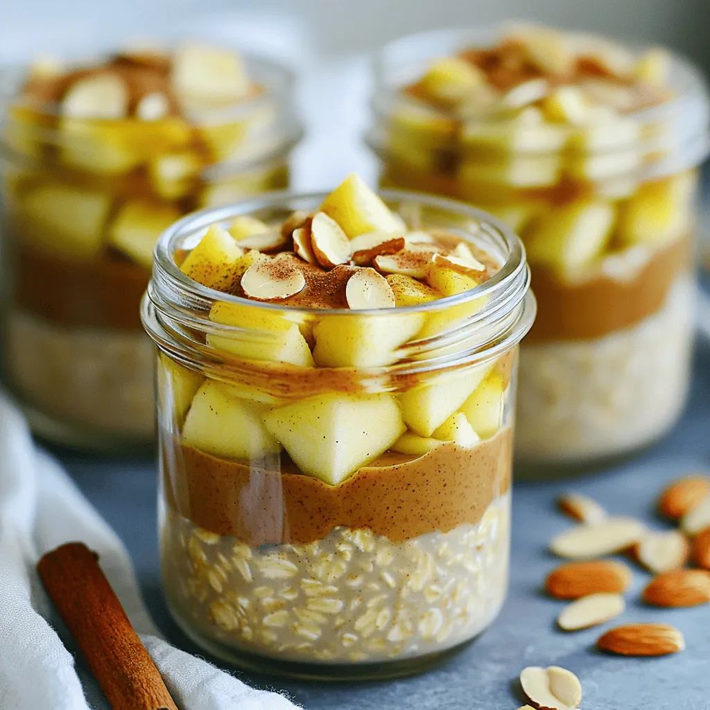 - 1 cup rolled oats - 1 ½ cups almond milk - 2 tablespoons creamy almond butter - 1 medium apple, diced - 1 tablespoon pure maple syrup - 1 teaspoon ground cinnamon - ¼ teaspoon ground nutmeg - 2 tablespoons chia seeds - A pinch of salt The main ingredients for Apple Spice Almond Butter Overnight Oats come together to create a balance of flavors and textures. Rolled oats serve as the base, providing a hearty and filling component. I prefer almond milk for its creamy texture, but you can use any milk you like. Adding creamy almond butter gives a nutty richness. The diced apple not only adds a sweet crunch, but it also brings in fresh flavors. Maple syrup adds a touch of sweetness, while cinnamon and nutmeg provide warm spice notes that remind me of cozy fall days. I always include chia seeds. They help thicken the oats and offer great health benefits. Lastly, a pinch of salt enhances the dish's overall flavor. This mix of ingredients makes my overnight oats both tasty and nutritious. - Sliced almonds - Additional diced apple - Drizzle of maple syrup Toppings can elevate your oats to a new level. Sliced almonds add a nice crunch and extra protein. Fresh diced apple can enhance the fruity flavor. A drizzle of maple syrup can make it even sweeter, if desired. Feel free to mix and match these toppings based on your taste. You can create your own version of this dish, making it a delightful breakfast or snack. - In a large mixing bowl, combine the rolled oats, almond milk, almond butter, diced apple, maple syrup, ground cinnamon, ground nutmeg, chia seeds, and a pinch of salt. - Use a whisk or fork to blend everything well. Make sure the almond butter mixes in nicely and all dry bits get moistened. - Carefully spoon the mixture into two jars. Make sure to spread the oats and fruit evenly in each jar. - Seal the jars tightly. Then, place them in the fridge to chill overnight. - Let them soak for at least six hours. This helps the oats and chia absorb the almond milk and flavors, making them creamy. - When morning comes, take the jars out of the fridge. Stir the oats well. - If the mix is too thick, add a splash of almond milk to reach your desired consistency. - You can serve the oats in bowls or eat them straight from the jars. For a fun touch, add toppings like sliced almonds, fresh diced apple, and a drizzle of maple syrup. To get the best oat texture, adjust the liquid. If you like creamier oats, add more almond milk. For thicker oats, use less. Soaking time is key too. The longer you soak the oats, the softer they become. Aim for at least six hours overnight. Want to boost the flavor? Try adding more spices. Nutmeg and allspice can add warmth. Fresh ingredients are important as well. Fresh apples bring crunch and nutrients. They make your oats taste better and more vibrant. Presentation matters! Serving in clear glass bowls shows off those lovely layers. You can see the oats, apples, and almond butter. It looks great and makes you excited to eat. For a finishing touch, sprinkle some sliced almonds or a dash of cinnamon on top. This adds flavor and makes it more appealing. {{image_4}} You can easily change the nut butter in this recipe. If you want a different taste, try using peanut butter instead of almond butter. This swap gives a rich, creamy flavor. Cashew butter is another great choice. It has a smooth texture and a milder taste, making it a fun option. Each nut butter adds its unique twist to your oats. While apples are tasty, you can switch them out for other fruits. Pears work well and have a sweet, juicy texture. Bananas are another option you might enjoy. They add creaminess and natural sweetness. Feel free to mix and match your favorite fruits. The key is to find what makes your taste buds happy! Adjusting the sweetness is easy and fun. If you like a sweeter taste, you can use honey or agave syrup instead of maple syrup. Both options bring their own flavor and sweetness. Honey gives a floral note, while agave is mild and smooth. Try different sweeteners to see what you love best. Storing your Apple Spice Almond Butter Overnight Oats in the fridge is easy. Use airtight jars to keep them fresh. Make sure to seal the jars tightly. This keeps the oats from drying out or absorbing other smells. I recommend enjoying them within three to five days. When you're ready to eat, just give them a good stir. You can freeze the overnight oats for later use. First, spoon the oats into freezer-safe containers. Leave some space at the top since they expand. To thaw, place them in the fridge overnight. For a quick meal, you can also microwave them. Add a splash of almond milk before heating to return their creamy texture. When stored properly, your oats can last in the fridge for five days. If frozen, they can last for about three months. After that, they may lose their flavor and texture. Always check for any signs of spoilage before eating. This ensures you enjoy the best taste and quality every time you dig in. Yes, you can use steel-cut oats. They give a chewier texture. However, you need to soak them longer. I suggest soaking them for at least 8 hours. This helps soften the oats and allows them to absorb the liquid. To make this recipe vegan, use almond milk. Also, ensure your almond butter contains no dairy. Maple syrup is already vegan, so it fits perfectly. Just check your toppings to keep it vegan-friendly. Almond milk is low in calories and high in vitamin E. It can help heart health and skin. Chia seeds are full of fiber and omega-3 fatty acids. They can aid digestion and keep you full for longer. Yes, you can make this recipe in advance. Just prepare it the night before and let it chill overnight. This helps the flavors meld together. You can also store it for up to 3 days in the fridge. To adjust for more servings, simply multiply the ingredients by the number of servings you want. For example, if you want four servings, use 2 cups of rolled oats and 3 cups of almond milk. Make sure to mix well and store in separate jars if needed. You've learned how to make delicious overnight oats with simple ingredients. We covered main ingredients, preparation, and even fun variations. Keep your oats creamy by adjusting liquid and soaking time. Customize your oats with fruit, nut butters, and spices to delight your taste buds. Store them correctly so they stay fresh. These tips will help you enjoy tasty, healthy breakfasts all week. Try out new combinations and see what you love! Healthy eating can be fun and easy. Enjoy your delicious creations!