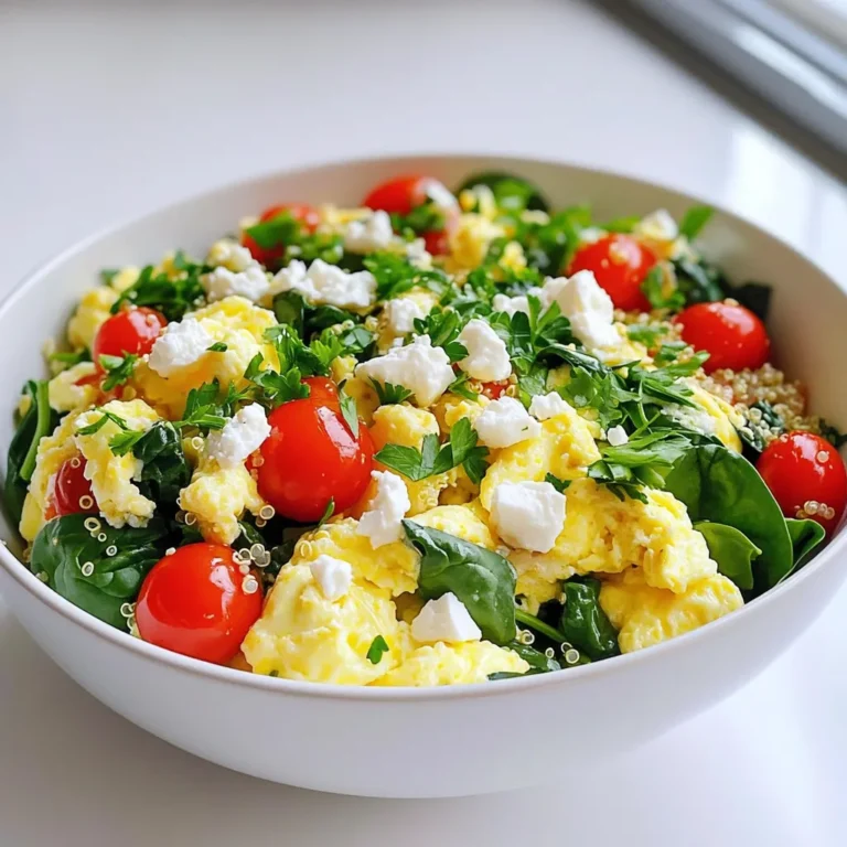 - 8 large egg whites - 1 cup fresh spinach, chopped - 1/2 cup cherry tomatoes, halved - 1/4 cup red bell pepper, diced - 1/4 cup low-fat feta cheese, crumbled - 1/4 cup cooked quinoa - 2 tablespoons fresh parsley, finely chopped - 1 tablespoon olive oil - Salt and pepper, to taste - Optional: hot sauce for serving To make high protein egg white scramble bowls, gather these simple ingredients. Egg whites are the star, providing protein without the fat. Spinach adds green goodness and nutrients. Cherry tomatoes offer a sweet burst and color. Red bell pepper gives crunch and flavor. Low-fat feta cheese adds creaminess and a tangy kick. Quinoa brings in extra protein and fiber. Fresh parsley adds a pop of color and taste. Olive oil helps cook the veggies and adds a lovely richness. Don't forget salt and pepper to enhance all the flavors. If you like a little heat, keep some hot sauce handy! This mix creates a healthy breakfast that keeps you full and happy. - Heat olive oil in the skillet. - Sauté the red bell pepper for 2-3 minutes. - Add spinach and tomatoes, cooking for 2 more minutes. Start by heating olive oil in a non-stick skillet over medium heat. Wait until it shimmers. Next, add the diced red bell pepper. Sauté for about 2 to 3 minutes. Stir it occasionally until the pepper softens and smells good. After that, toss in the chopped spinach and halved cherry tomatoes. Cook for another 2 minutes. You want the spinach to wilt and the tomatoes to warm up. - Whisk the egg whites. - Pour egg whites into the skillet. - Cook until fluffy. In a bowl, whisk together 8 large egg whites, a pinch of salt, and some pepper. You want it to blend well and get a little frothy. Gently pour the egg whites into the skillet over the veggies. Cook slowly, stirring now and then. This takes about 3 to 4 minutes. You should see the egg whites become fluffy and fully cooked. - Fold in quinoa and feta cheese. - Garnish with parsley. - Serve hot. Once the egg whites are cooked, fold in 1/4 cup of cooked quinoa and 1/4 cup of crumbled feta cheese. Mix it well so everything gets evenly combined. Remove the skillet from heat and sprinkle fresh parsley on top. This adds a nice pop of color. Serve the egg white scramble hot in bowls. You can let guests add hot sauce if they want some extra spice. - How to achieve fluffiness To make egg whites fluffy, whisk them well. Use a fork or whisk until they are frothy. This adds air and creates a light texture. Cook them on low heat to keep them fluffy. Stir gently while they cook. - Avoiding rubbery texture To avoid a rubbery texture, do not overcook the egg whites. Cook them just until they set. Remove them from heat as soon as they are fully cooked. This keeps them soft and tender. - Adding protein sources You can add cooked chicken or turkey for extra protein. These meats mix well with the eggs and veggies. Try adding some diced ham or tofu for a different flavor. - Incorporating additional vegetables Feel free to add more veggies like mushrooms or zucchini. You can also use onions or kale. These additions boost flavor and nutrition. - Make-ahead storage tips You can make these scramble bowls ahead of time. Store them in airtight containers in the fridge. They will stay fresh for up to three days. - Reheating methods To reheat, simply warm them in the microwave. Use a low setting to heat evenly. Stir them halfway to avoid cold spots. You can also reheat them in a skillet over low heat. {{image_4}} You can switch out feta for cottage cheese or cheddar. Each cheese gives a new flavor. Cottage cheese adds creaminess and a subtle taste. Cheddar brings a sharp bite that many enjoy. If you want a vegan choice, try vegan cheese alternatives. These can melt well and add a nice taste. Using seasonal veggies makes this dish fun and fresh. In summer, add zucchini or corn. For fall, try sweet potatoes or kale. In winter, use hearty vegetables like broccoli or Brussels sprouts. Fresh herbs can brighten your dish. Basil or cilantro can add a pop of flavor. Just chop them finely and mix in at the end. Let's explore flavors from around the world! For a Mediterranean style, toss in some olives. They add a salty kick that pairs well with the eggs. If you want a Mexican twist, add avocado and salsa. The creaminess of avocado complements the dish perfectly. Salsa adds heat and freshness, making your meal exciting. To store leftovers, let the egg white scramble cool. Place it in an airtight container. This keeps it fresh. It’s best to eat it within three days. When reheating, add a splash of water to keep it moist. You can freeze cooked egg white scrambles. Let them cool completely first. Use a freezer-safe container for storage. Label it with the date. To thaw, place it in the fridge overnight. You can also use the microwave. Heat on low until warm. In the fridge, the dish lasts up to three days. If it smells off or looks discolored, it’s time to toss it. Always check for any signs of spoilage before eating. If you cannot eat egg whites, don’t worry! You have options. You can use silken tofu as a great substitute. It blends well and has a similar texture. Another choice is chickpea flour mixed with water. This mix can mimic the taste and texture of egg whites. For a vegan option, consider using aquafaba, the liquid from canned chickpeas. It whips up nicely and adds fluffiness. This dish is packed with protein. Each serving contains about 24 grams of protein. The egg whites are the main source, but quinoa and feta add to this total. Quinoa offers complete protein, which is great for muscle repair. If you add more veggies or protein sources, the protein content can go even higher. Yes, you can! To prepare ahead, cook the scramble and let it cool. Store it in a sealed container in the fridge. It will stay fresh for up to three days. When you’re ready to eat, simply reheat it in a skillet or microwave. This way, you save time on busy mornings while still enjoying a healthy meal. In this post, we explored a nutritious recipe using egg whites, fresh veggies, and feta cheese. I shared simple steps for preparation, cooking, and adding your own twist. Remember, fluffiness is key for great egg whites. Use fresh ingredients and customize to your taste. Meal prep tips help you save time and enjoy healthy meals. This dish is versatile and can adapt to any season or diet. Keep experimenting to find your favorite version. Enjoy the benefits of a healthy, tasty meal!