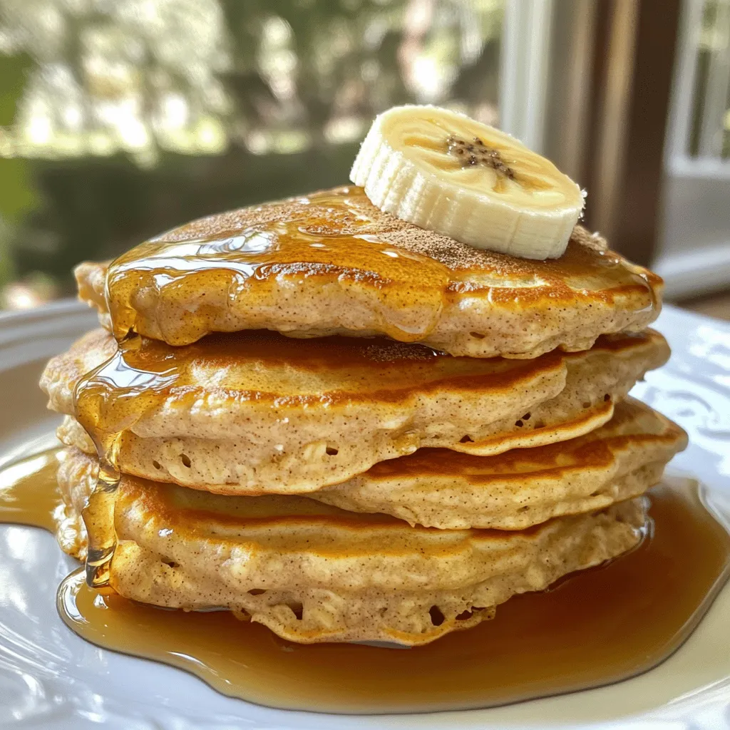- 1 cup rolled oats - 1 cup milk (dairy or non-dairy) - 1 medium ripe banana, mashed - 1 tablespoon pure maple syrup (plus more for drizzling) - 1 teaspoon baking powder - 1 teaspoon ground cinnamon - 1/2 teaspoon vanilla extract - A pinch of salt - 1 tablespoon coconut oil or butter (for cooking) When making these pancakes, measuring accurate ingredients is key. Use a dry measuring cup for oats. For milk, a liquid measuring cup works best. This ensures the right texture and flavor. You can also customize the recipe with optional ingredients. Try adding nuts for crunch. Flaxseed or chia seeds can boost nutrition. You might enjoy mixing in fresh fruits like blueberries or diced apples for added sweetness. Blending Oats and Milk Start by adding 1 cup of rolled oats and 1 cup of milk to your blender. Blend on high until smooth. The mix should look like fine oat flour. This step is key for a great texture in your pancakes. Incorporating Additional Ingredients Next, add 1 medium ripe banana, 1 tablespoon of pure maple syrup, 1 teaspoon of baking powder, 1 teaspoon of ground cinnamon, and a pinch of salt to the blender. Blend again until everything is mixed well. The batter should be silky and uniform. Let the batter rest for 5-10 minutes. This helps the oats absorb the liquid and makes the pancakes fluffy. Perfecting the Skillet Heat Heat a non-stick skillet over medium heat. Once it’s warm, add 1 tablespoon of coconut oil or butter. Let it melt and coat the pan. This helps prevent sticking and gives your pancakes a nice golden color. Technique for Flipping Pancakes Pour 1/4 cup of batter onto the skillet for each pancake. Cook for 2-3 minutes until bubbles form on top. This shows they are ready to flip. Use a spatula to gently flip them over. Cook for another 1-2 minutes until golden brown. Remove the pancakes and keep them warm on a plate. Repeat with the rest of the batter. Presentation Ideas Stack your pancakes high. This creates a beautiful presentation. You can add fresh fruits like sliced bananas or berries to make it look even better. Topping Suggestions Drizzle more pure maple syrup on top. For a special touch, sprinkle a dash of cinnamon over the pancakes. You can also add a dollop of yogurt or some chopped nuts for extra flavor and texture. Enjoy your delicious Maple Cinnamon Oat Pancakes! Importance of Resting the Batter Resting the batter is very important. When you let it sit for 5-10 minutes, the oats soak up the liquid. This makes the batter thicker and fluffier, which gives you light, airy pancakes. Don't skip this step if you want that perfect texture! Optimal Cooking Temperature The right heat makes a big difference. Use medium heat on your skillet. If it's too hot, the pancakes burn on the outside while staying raw inside. If it’s too low, they won’t brown nicely. A good tip is to preheat the skillet and add a small drop of water. If it sizzles, you’re ready to cook! Overmixing the Batter Mixing is key, but don’t overdo it. Blend just until everything is combined. Overmixing can make the pancakes tough and chewy, which is not what you want. A few lumps are okay! Cooking on Too High Heat Cooking on high heat is a common mistake. It can lead to uneven cooking. Start on medium heat and adjust as needed. This way, your pancakes will cook evenly and turn golden brown without burning. {{image_4}} You can switch up the flours in this recipe. If you want a gluten-free option, use almond flour or coconut flour. Both give great texture. They also add a nutty flavor. Just remember, you may need to adjust the liquid to get the right batter. Adding protein powder can boost nutrition. Try a scoop of vanilla or chocolate protein. This change makes your pancakes more filling. Your pancakes will still stay fluffy and tasty. You can customize the flavor of your pancakes easily. Different spices and extracts can change the taste. For a warm twist, add nutmeg or ginger. You can also use almond or maple extract for a unique flavor. Mixing in fruits or nuts adds fun textures. Blueberries and chopped apples are great choices. Walnuts or pecans give a nice crunch too. Get creative and experiment with your favorite flavors! To keep your pancakes fresh, store them right. Let them cool first. Place them in an airtight container. You can also layer them between parchment paper. This helps keep them from sticking. Best Practices for Refrigeration - Place in an airtight container. - Use parchment paper between layers. - Refrigerate for up to 3 days. Freezing Instructions If you want to store them longer, freezing works well too. Just make sure they are fully cooled. Wrap each pancake in plastic wrap. Then, place them in a freezer-safe bag. This method helps keep them fresh for up to 2 months. When it's time to enjoy your pancakes again, reheating is key. You want them warm and fluffy, not dried out. Methods for Maintaining Texture - Use a microwave: Place pancakes on a plate. Cover with a damp paper towel. Heat for 30 seconds to 1 minute. - Use a skillet: Heat on low for 1-2 minutes per side. Add a little butter or oil if needed. Recommended Times for Reheating - Microwave: 30 seconds to 1 minute. - Skillet: 1-2 minutes per side. These methods will help keep your pancakes just as tasty as when they were fresh! Yes, you can make these pancakes vegan. Just swap the milk for a non-dairy type. Almond, soy, or oat milk works well. Use maple syrup as your sweetener. You can skip the egg since the banana acts as a binding agent. To make more pancakes, simply double or triple the ingredients. Each pancake uses 1/4 cup of batter. So, if you want to make eight pancakes, use two cups of batter. Adjust cooking time as needed. If you don’t have a banana, try applesauce or a flaxseed meal. For flaxseed, mix 1 tablespoon of flaxseed with 2.5 tablespoons of water. Let it sit for a few minutes until it thickens. This will help bind the pancake. Look for bubbles forming on the pancake surface. This shows that the batter is cooking through. When the edges firm up, it’s time to flip. After flipping, wait until the other side is golden brown. Yes, you can prepare the batter ahead of time. Store it in the fridge for up to 24 hours. Just give it a good stir before cooking, as it may thicken. The resting time helps the oats soak up the liquid for fluffier pancakes. You learned how to make delicious pancakes step-by-step. We covered the right ingredients, cooking tips, and ways to serve. Remember to rest the batter for fluffiness and avoid overmixing. Be creative with flavors and toppings to make each batch unique. With these skills, you can enjoy pancakes anytime! Experiment with storage and reheating methods to keep your pancakes tasting fresh. Enjoy your cooking journey and share your pancake creations with others!