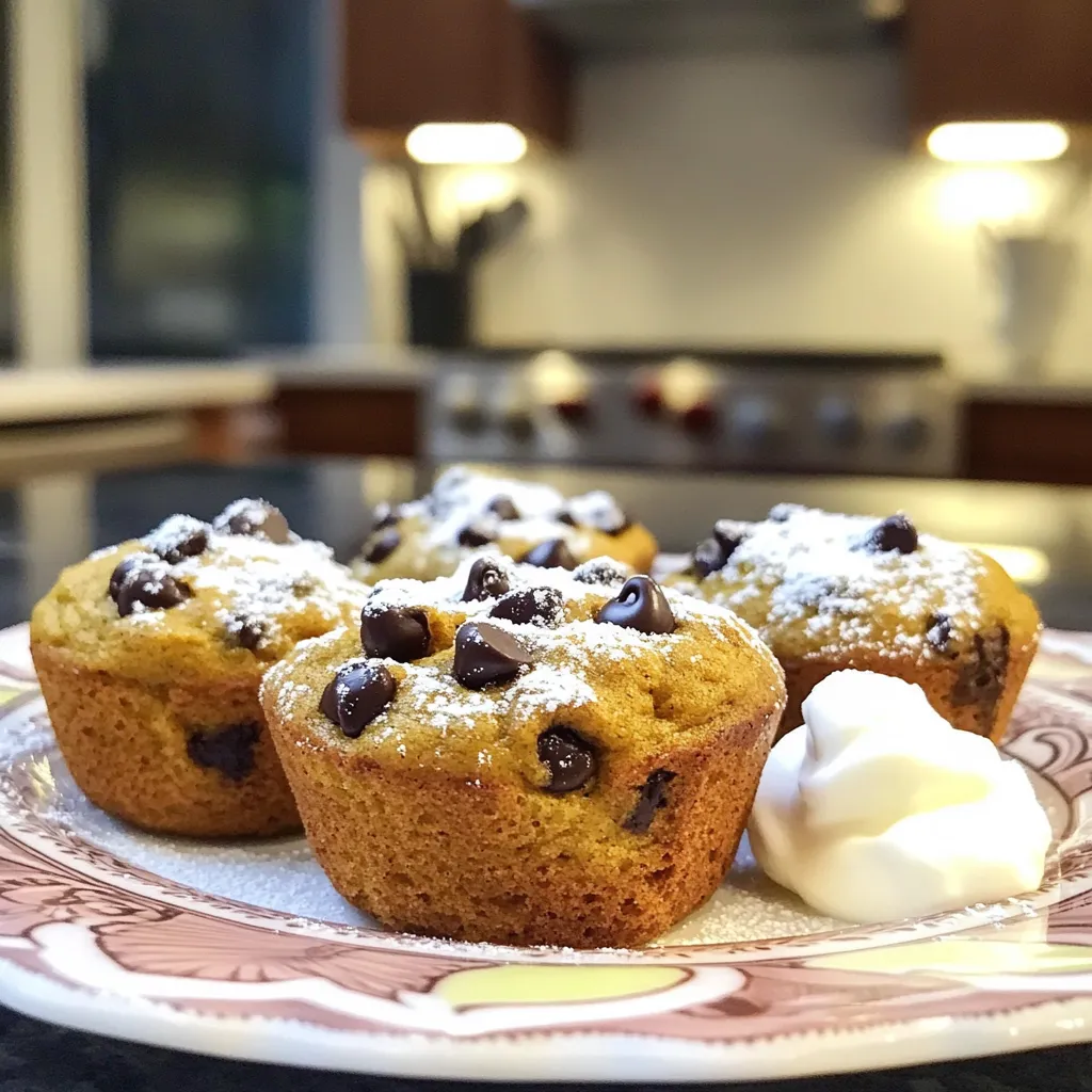 - 1 cup canned pumpkin puree - 1/2 cup Greek yogurt - 1/2 cup honey or maple syrup - 2 large eggs - 1 teaspoon vanilla extract - 1 cup whole wheat flour - 1/2 cup protein powder (vanilla or chocolate flavor) - 1 teaspoon baking powder - 1 teaspoon baking soda - 1 teaspoon ground cinnamon - 1/2 teaspoon ground nutmeg - 1/4 teaspoon salt - 1/2 cup chocolate chips (dark or semi-sweet) These ingredients combine to make a tasty and healthy snack. The pumpkin adds moisture and flavor. Greek yogurt boosts protein and adds creaminess. Honey or maple syrup offers natural sweetness. The eggs bind everything together. Whole wheat flour provides fiber. Protein powder adds extra nutrition. Baking powder and soda help the muffins rise. Cinnamon and nutmeg give warm spice notes. Salt enhances all the flavors. Finally, those chocolate chips make each bite delightful! You can use dark or semi-sweet chips, depending on your taste. This mix of ingredients makes for a delicious and nutritious treat. 1. First, preheat your oven to 350°F (175°C). This helps the muffins cook evenly. 2. Next, prepare your muffin tin. You can line it with paper liners or lightly grease it with cooking spray or oil. This keeps the muffins from sticking. 3. Now, in a large bowl, mix together the wet ingredients. Add the canned pumpkin puree, Greek yogurt, honey or maple syrup, eggs, and vanilla extract. 4. Use a whisk or an electric mixer to blend the mixture until it is smooth. This step is key for a nice texture. 1. In a separate medium bowl, combine the dry ingredients. Use whole wheat flour, protein powder, baking powder, baking soda, ground cinnamon, ground nutmeg, and salt. 2. Whisk them well to ensure even distribution. This helps every muffin taste great. 1. Gradually add the dry mixture into the wet pumpkin mixture. 2. Stir gently with a spatula or wooden spoon. Mix until just combined. Be careful not to overmix. This keeps the muffins light and fluffy. 1. Gently fold in the chocolate chips. Make sure they are evenly spread throughout the batter. 2. Then, scoop the muffin batter into the prepared muffin tin. Fill each cup about three-quarters full. This allows room for rising. 1. Now, bake the muffins in the preheated oven for about 18-20 minutes. 2. Check for doneness by inserting a toothpick in the center of a muffin. It should come out clean or with a few crumbs attached. 1. Allow the muffins to cool in the tin for about 5 minutes. 2. After that, carefully transfer them to a wire rack to cool completely. This helps keep them from getting soggy. - Avoiding common baking mistakes: Always measure your ingredients correctly. Use measuring cups for solids and liquids. If you skip this step, your muffins might not turn out well. Overmixing is another common mistake. Mix until just combined to keep muffins light. - How to ensure muffins rise properly: Make sure your baking powder and baking soda are fresh. Old leavening agents won't give your muffins the lift they need. Fill each muffin cup only three-quarters full. This allows space for rising without spilling over. - Alternatives for Greek yogurt: If you don't have Greek yogurt, you can use regular yogurt or applesauce. Both will keep the muffins moist. If you need a dairy-free option, try coconut yogurt or silken tofu. - Different sweeteners and their effects: Honey adds a rich flavor, while maple syrup adds a touch of earthiness. If you need a lower-calorie option, try using stevia or monk fruit. Each sweetener will change the taste a bit, so pick one you like best. - Serving suggestions for appealing visual: Arrange muffins on a colorful platter. This makes them look more inviting. You can also dust them lightly with powdered sugar for a pretty finish. - Additional toppings or accompaniments: Serve with a dollop of Greek yogurt or a drizzle of honey. This adds extra flavor and creaminess. You can also add nuts or seeds on top for some crunch. {{image_4}} You can jazz up your muffins by adding nuts or seeds. Walnuts or pumpkin seeds add crunch and flavor. Consider using pecans for a sweet touch. You can also switch up the chocolate. Dark chocolate chips bring a rich taste. Semi-sweet chips are great too. Try white chocolate for a fun twist! If you need gluten-free muffins, use almond flour or oat flour instead of whole wheat. Both options work well and keep the muffins moist. For a vegan version, swap eggs for flax eggs. Use unsweetened applesauce in place of Greek yogurt. This keeps the muffins soft and tasty. These muffins are perfect for any time of day. Enjoy them for breakfast with a mug of tea. They also make a great snack after school. For dessert, serve warm with a scoop of ice cream. Pair them with coffee for a cozy treat. To keep your pumpkin chocolate chip protein muffins fresh, store them in an airtight container. You can also wrap them individually in plastic wrap. This helps keep moisture in and prevents them from drying out. If you want to keep them extra fresh, place a slice of bread in the container. The bread will absorb any excess moisture and keep the muffins soft. To freeze muffins, allow them to cool completely first. Then, wrap each muffin tightly in plastic wrap. Place the wrapped muffins in a freezer bag or an airtight container. This prevents freezer burn. When you want to enjoy a muffin, take it out and let it thaw in the fridge overnight. If you're in a hurry, you can also microwave it for about 30 seconds to one minute. At room temperature, these muffins last about 3 to 5 days. You can keep them in the fridge to extend their shelf life to about a week. Check for signs of spoilage, like mold or a sour smell. If they feel hard or dry, it's best to toss them. Enjoy these muffins while they are fresh for the best taste! You can use ground nuts or seeds. Almond flour or oat flour work well too. They add texture and flavor. Without protein powder, your muffins may be less fluffy. If using flour, keep the amount similar. Adjust liquid based on your choice. Yes, you can use fresh pumpkin. Start by roasting a pumpkin until soft. Scoop out the flesh and puree it. Make sure it is smooth and not watery. Fresh pumpkin may have a slightly different taste. Use the same amount as canned pumpkin. Try using ripe bananas or unsweetened applesauce. Both can replace honey or maple syrup. You can also use stevia or erythritol. These options are low in calories. If using stevia, use less than honey. Adjust liquid amounts if needed. If your muffins are dense, check your mixing method. Overmixing can cause this issue. Try mixing just until combined. Also, check your baking soda and powder for freshness. They need to be active to help muffins rise. Lastly, add an extra egg for fluffiness. Yes, you can make mini muffins! Use a mini muffin tin instead of a regular one. Fill each cup about halfway. Bake for about 10-12 minutes. Check for doneness with a toothpick. Enjoy bite-sized treats with the same great taste! These muffins combine simple ingredients for a tasty treat. We covered how to mix wet and dry components without overdoing it. Remember to check for doneness using a toothpick. Use my tips to avoid baking blunders. Variations allow you to customize flavors and dietary needs. Store your muffins well to keep them fresh. With these insights, you can create delicious muffins for any occasion. Enjoy your baking journey!