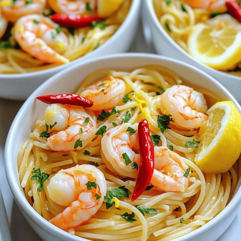 - 8 oz spaghetti or linguine - 1 lb large shrimp, peeled and deveined - 6 cloves garlic, finely minced - 1 red chili pepper, thinly sliced The main ingredients bring the flavor to life. The spaghetti or linguine gives the dish a nice base. Large shrimp provide a protein boost. Garlic adds a sweet and savory note. The red chili pepper gives it a spicy kick. You can adjust the heat by using more or less chili. - 1/4 cup extra virgin olive oil - 1/2 teaspoon red pepper flakes - Salt and freshly cracked black pepper Extra virgin olive oil is the heart of this dish. It adds richness and depth. Red pepper flakes enhance the heat, making every bite exciting. Salt and black pepper balance the flavors, so use them to your taste. - 1/4 cup fresh parsley, roughly chopped - Zest and juice of 1 large lemon - Grated parmesan cheese for serving Fresh parsley adds color and freshness. Lemon zest and juice brighten the dish. Grated parmesan cheese brings creaminess and umami. Each of these add-ons can take your pasta to the next level. Feel free to mix and match them to your liking! To start, fill a large pot with water. Make sure to add a good amount of salt. Place the pot on high heat and bring it to a boil. Once boiling, add 8 oz of spaghetti or linguine. Cook the pasta according to the package instructions until it is al dente. Before you drain it, save 1/2 cup of the pasta water. This water helps to make the sauce creamy. After that, drain the pasta and set it aside. In a large skillet, pour 1/4 cup of extra virgin olive oil. Heat the oil over medium heat until it shimmers. Next, add 6 cloves of finely minced garlic and 1 sliced red chili pepper. Stir often, cooking for about 1 minute. You want the garlic to smell good, but not brown. If it browns, it becomes bitter. Now, increase the heat a bit. Add 1 pound of peeled and deveined shrimp to the skillet. Season the shrimp with salt and freshly cracked black pepper. Cook the shrimp for about 2-3 minutes on each side. They should turn pink and opaque. Be careful not to crowd the pan; this helps them cook evenly. Lower the heat to medium. Add the drained pasta to the skillet with the shrimp. Pour in the reserved pasta water, the zest and juice of 1 lemon, and 1/2 teaspoon of red pepper flakes. Toss everything well. You want the pasta to soak up all the tasty oil and juices. Gently stir in 1/4 cup of roughly chopped fresh parsley. Taste the dish and adjust the seasoning with more salt and pepper if needed. This adds a fresh burst of flavor. Now it’s time to plate the dish! Place the pasta in bowls or on plates. If you like, sprinkle some grated parmesan cheese on top. For an extra touch, add more parsley and a lemon wedge on the side. Using shallow bowls makes the dish look even better and allows guests to enjoy the colors. To avoid overcooking shrimp, watch the color. Cook until pink and opaque. It takes about 2-3 minutes per side. If they curl up tightly, they are overcooked. For perfect garlic flavor, sauté it gently. Cook the minced garlic for just 1 minute. Remove it from heat as soon as it smells fragrant. This keeps the garlic sweet and not bitter. To add more spice, use more chili pepper or red pepper flakes. You can also add a pinch of cayenne for heat. Always taste as you go to find your ideal spice level. Herbs and seasonings can boost flavor. Fresh parsley adds brightness. Try basil or oregano for different notes. A sprinkle of lemon zest also enhances the dish. For a nice presentation, serve in shallow bowls. This shows off colors and makes the dish look inviting. Choosing the right dinnerware is key. Use white plates to highlight the dish's vivid colors. A sprig of parsley or a lemon wedge can add a lovely touch. {{image_4}} You can switch up the pasta for this dish. Try penne or farfalle for fun shapes. They hold sauce well and taste great. If you want gluten-free options, use rice noodles or quinoa pasta. Both cook quickly and fit the dish perfectly. Want to change the protein? Chicken works great here! Simply cube it and cook it like the shrimp. Tofu is another tasty option. Use firm tofu, cut it into cubes, and sauté until golden. If you're into seafood, scallops or crab make excellent substitutes too. To make it plant-based, skip the shrimp and add more veggies. Try bell peppers, zucchini, or spinach. These add color and nutrients. You can also toss in chickpeas for extra protein. This keeps the dish hearty while being meat-free. After enjoying your Garlic Chili Shrimp Pasta, store any leftovers in the fridge. Use an airtight container to keep the meal fresh. This helps maintain flavor and texture. Aim to finish the pasta within three days for the best taste. When reheating, you can use a microwave or stovetop. If you choose the microwave, place the pasta in a bowl and cover it. Heat in short bursts, stirring in between. For stovetop reheating, add a splash of water and heat gently. This keeps the pasta moist and avoids drying out. If you want to freeze your Garlic Chili Shrimp Pasta, do so right after cooking. Let it cool first, then place it in a freezer-safe bag. Squeeze out extra air before sealing. To thaw, move it to the fridge overnight. Reheat it on the stovetop, adding a bit of water as needed. Enjoy your meal again with great flavors! To make this dish spicier, you can adjust the chili pepper amounts. Use more red chili peppers for extra heat. If you want, add some hot sauce for a different flavor. A few dashes of your favorite hot sauce can really kick up the spice. Yes, you can use frozen shrimp. First, make sure to thaw them before cooking. To thaw shrimp, place them in cold water for about 15-20 minutes. Once they are thawed, pat them dry with a paper towel. This will help you get the best texture when cooking. You can serve this pasta with various side dishes. A fresh green salad pairs well. Garlic bread also makes a nice addition. For wine, I recommend a light white wine, like Pinot Grigio or Sauvignon Blanc. These wines balance the dish's flavors nicely. This blog post guides you through making Garlic Chili Shrimp Pasta. You learned about key ingredients, cooking steps, and tips for perfect flavor. I shared ideas for variations and storage, ensuring your dish stays fresh. Remember, adjusting spice levels and using fresh herbs can enhance taste. Try different proteins or pasta types for new twists. With practice, you'll impress with this dish. Enjoy your cooking journey and keep experimenting!