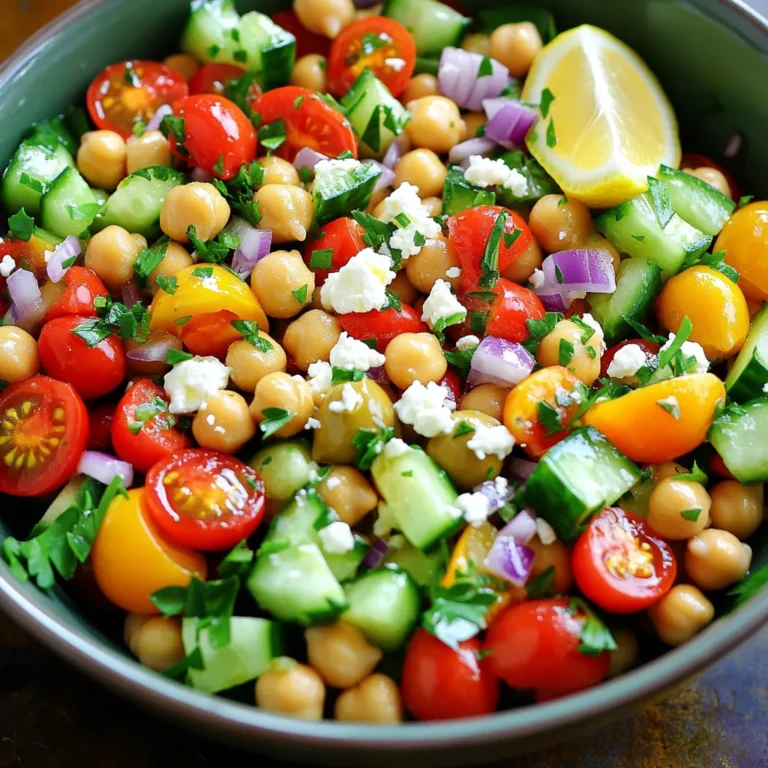 Here’s what you need to make this tasty Mediterranean Chickpea Salad: - 1 can (15 oz) chickpeas, drained and thoroughly rinsed - 1 cup cherry tomatoes, halved - 1 medium cucumber, diced into bite-sized pieces - 1 bell pepper (choose red or yellow for sweetness), diced - 1/2 medium red onion, finely chopped - 1/4 cup pitted Kalamata olives, halved - 1/4 cup feta cheese, crumbled - 2 tablespoons fresh parsley, finely chopped - 3 tablespoons high-quality olive oil - 2 tablespoons freshly squeezed lemon juice - 1 teaspoon dried oregano - Salt and black pepper to taste You can swap some items if needed: - Use canned or cooked dried chickpeas for a different texture. - Replace cherry tomatoes with diced regular tomatoes. - Swap cucumber for zucchini if you want a twist. - Try a different cheese, like goat cheese, instead of feta. - If you don’t like olives, leave them out altogether. - Use lime juice instead of lemon for a zesty change. This salad is not just tasty; it’s also good for you. Each serving has: - Calories: About 220 - Protein: 7 grams - Carbohydrates: 20 grams - Fat: 12 grams - Fiber: 6 grams This dish is rich in vitamins, minerals, and healthy fats. It’s perfect for a light meal or a side dish. Enjoy the fresh flavors and the healthy benefits! To make this Mediterranean chickpea salad, you need only 15 minutes. Start with a large bowl. Gather your ingredients: chickpeas, tomatoes, cucumber, bell pepper, onion, olives, feta, parsley, olive oil, lemon juice, oregano, salt, and pepper. Rinse the chickpeas well and drain them. Halve the cherry tomatoes and dice the cucumber and bell pepper. Chop the onion finely for less bite. 1. In your mixing bowl, add the drained chickpeas. 2. Next, toss in the halved cherry tomatoes. 3. Add the diced cucumber and bell pepper for crunch. 4. Then, mix in the finely chopped red onion. 5. Include the halved Kalamata olives for a briny taste. 6. Crumble the feta cheese over the mix for creaminess. 7. Finally, add the freshly chopped parsley for a bright note. In a small bowl, whisk the olive oil, lemon juice, oregano, salt, and pepper. Drizzle this dressing over your salad. Use a large spoon to toss everything gently. Make sure all the ingredients get coated. Before serving, taste the salad. Adjust the salt, pepper, or lemon juice to suit your taste. To keep this salad fresh, enjoy it right away. If you want to make it ahead, store it in the fridge. Place it in an airtight container to keep it crisp. The salad tastes even better after chilling for 30 minutes. For longer storage, keep the dressing separate until serving. This prevents the salad from getting soggy. Use fresh ingredients for the best flavor and texture. You can easily change this salad to fit your taste. Like more crunch? Add some radishes or sliced carrots. Want more protein? Toss in some grilled chicken or tuna. You can also swap the feta cheese for avocado for a creamy twist. If you love heat, add a pinch of red pepper flakes or some jalapeños. The key is to mix flavors you enjoy. This salad is great for making ahead. You can chop the veggies and store them in the fridge for up to two days. Keep the dressing separate until you’re ready to eat. This way, the salad stays fresh and crisp. When you are ready, drizzle on the dressing and mix it up. You can also chill the salad for about 30 minutes to enhance its flavor. Serve this salad as a light lunch or a side dish at dinner. It pairs well with grilled meats or fish. You can also enjoy it with pita bread or flatbreads. For a full meal, add some quinoa or couscous to the salad. This adds texture and makes it more filling. Don’t forget to garnish with extra parsley and a lemon wedge for a nice touch! {{image_4}} You can make your Mediterranean chickpea salad more filling by adding grains. Quinoa is a great option. It adds a nutty flavor and boosts protein. Brown rice also works well and adds a chewy texture. Just cook the grains before mixing them in. A half cup of cooked quinoa or rice will do the trick. This salad is already vegetarian, but you can easily make it vegan. Just leave out the feta cheese. You can substitute it with avocado for creaminess. Silken tofu is another good option for a soft texture. Both give a nice taste without dairy. While olive oil and lemon juice create a tasty dressing, you can switch things up. Try balsamic vinegar for a sweet touch. A tahini dressing adds a rich, nutty flavor. For spice lovers, mix in some hot sauce or chili flakes. Each dressing gives the salad a new twist. To store your chickpea salad, place it in an airtight container. Make sure to cover it tightly. This keeps the salad fresh and safe to eat. If you plan to keep it for longer, add a layer of plastic wrap before sealing. Always refrigerate your leftovers promptly after serving. Reheating is not needed for this salad. Chickpea salad is best enjoyed cold. If you prefer it warm, gently heat it on the stove. Use low heat to avoid cooking the veggies. Stir often to ensure even heating without making the salad mushy. The salad stays fresh in the fridge for about three days. After that, the veggies may start to lose their crunch. For the best taste, eat it within the first two days. Always check for any changes in smell or texture before eating leftovers. Yes, you can use dried chickpeas. First, soak them overnight in water. The next day, boil them until they are soft. This process takes time but enhances the flavor. Plus, you control the texture and salt levels. If you want a tastier option, use dried chickpeas for this salad. To boost protein, consider adding grilled chicken or shrimp. They both pair well with the salad. You can also include hard-boiled eggs or diced tofu. These options will make your salad more filling and satisfying. The salad lasts up to four days in the fridge. Store it in an airtight container to keep it fresh. However, if you have added feta cheese or olives, the flavors may intensify. This can be a good thing, but be sure to check for freshness before serving. We covered everything you need to make a great salad. You learned about key ingredients and how to customize your dish. We shared tips for keeping your salad fresh and tasty. I also provided ways to store leftovers and answers to common questions. Use this knowledge to make your salad fun and unique. Enjoy experimenting with different flavors and textures. With these tips, you’ll create meals that everyone loves!