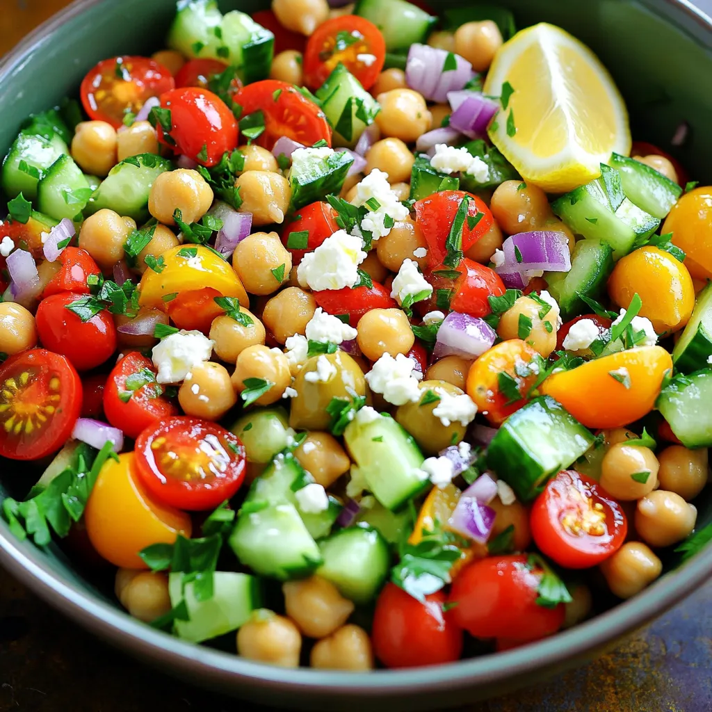Here’s what you need to make this tasty Mediterranean Chickpea Salad: - 1 can (15 oz) chickpeas, drained and thoroughly rinsed - 1 cup cherry tomatoes, halved - 1 medium cucumber, diced into bite-sized pieces - 1 bell pepper (choose red or yellow for sweetness), diced - 1/2 medium red onion, finely chopped - 1/4 cup pitted Kalamata olives, halved - 1/4 cup feta cheese, crumbled - 2 tablespoons fresh parsley, finely chopped - 3 tablespoons high-quality olive oil - 2 tablespoons freshly squeezed lemon juice - 1 teaspoon dried oregano - Salt and black pepper to taste You can swap some items if needed: - Use canned or cooked dried chickpeas for a different texture. - Replace cherry tomatoes with diced regular tomatoes. - Swap cucumber for zucchini if you want a twist. - Try a different cheese, like goat cheese, instead of feta. - If you don’t like olives, leave them out altogether. - Use lime juice instead of lemon for a zesty change. This salad is not just tasty; it’s also good for you. Each serving has: - Calories: About 220 - Protein: 7 grams - Carbohydrates: 20 grams - Fat: 12 grams - Fiber: 6 grams This dish is rich in vitamins, minerals, and healthy fats. It’s perfect for a light meal or a side dish. Enjoy the fresh flavors and the healthy benefits! To make this Mediterranean chickpea salad, you need only 15 minutes. Start with a large bowl. Gather your ingredients: chickpeas, tomatoes, cucumber, bell pepper, onion, olives, feta, parsley, olive oil, lemon juice, oregano, salt, and pepper. Rinse the chickpeas well and drain them. Halve the cherry tomatoes and dice the cucumber and bell pepper. Chop the onion finely for less bite. 1. In your mixing bowl, add the drained chickpeas. 2. Next, toss in the halved cherry tomatoes. 3. Add the diced cucumber and bell pepper for crunch. 4. Then, mix in the finely chopped red onion. 5. Include the halved Kalamata olives for a briny taste. 6. Crumble the feta cheese over the mix for creaminess. 7. Finally, add the freshly chopped parsley for a bright note. In a small bowl, whisk the olive oil, lemon juice, oregano, salt, and pepper. Drizzle this dressing over your salad. Use a large spoon to toss everything gently. Make sure all the ingredients get coated. Before serving, taste the salad. Adjust the salt, pepper, or lemon juice to suit your taste. To keep this salad fresh, enjoy it right away. If you want to make it ahead, store it in the fridge. Place it in an airtight container to keep it crisp. The salad tastes even better after chilling for 30 minutes. For longer storage, keep the dressing separate until serving. This prevents the salad from getting soggy. Use fresh ingredients for the best flavor and texture. You can easily change this salad to fit your taste. Like more crunch? Add some radishes or sliced carrots. Want more protein? Toss in some grilled chicken or tuna. You can also swap the feta cheese for avocado for a creamy twist. If you love heat, add a pinch of red pepper flakes or some jalapeños. The key is to mix flavors you enjoy. This salad is great for making ahead. You can chop the veggies and store them in the fridge for up to two days. Keep the dressing separate until you’re ready to eat. This way, the salad stays fresh and crisp. When you are ready, drizzle on the dressing and mix it up. You can also chill the salad for about 30 minutes to enhance its flavor. Serve this salad as a light lunch or a side dish at dinner. It pairs well with grilled meats or fish. You can also enjoy it with pita bread or flatbreads. For a full meal, add some quinoa or couscous to the salad. This adds texture and makes it more filling. Don’t forget to garnish with extra parsley and a lemon wedge for a nice touch! {{image_4}} You can make your Mediterranean chickpea salad more filling by adding grains. Quinoa is a great option. It adds a nutty flavor and boosts protein. Brown rice also works well and adds a chewy texture. Just cook the grains before mixing them in. A half cup of cooked quinoa or rice will do the trick. This salad is already vegetarian, but you can easily make it vegan. Just leave out the feta cheese. You can substitute it with avocado for creaminess. Silken tofu is another good option for a soft texture. Both give a nice taste without dairy. While olive oil and lemon juice create a tasty dressing, you can switch things up. Try balsamic vinegar for a sweet touch. A tahini dressing adds a rich, nutty flavor. For spice lovers, mix in some hot sauce or chili flakes. Each dressing gives the salad a new twist. To store your chickpea salad, place it in an airtight container. Make sure to cover it tightly. This keeps the salad fresh and safe to eat. If you plan to keep it for longer, add a layer of plastic wrap before sealing. Always refrigerate your leftovers promptly after serving. Reheating is not needed for this salad. Chickpea salad is best enjoyed cold. If you prefer it warm, gently heat it on the stove. Use low heat to avoid cooking the veggies. Stir often to ensure even heating without making the salad mushy. The salad stays fresh in the fridge for about three days. After that, the veggies may start to lose their crunch. For the best taste, eat it within the first two days. Always check for any changes in smell or texture before eating leftovers. Yes, you can use dried chickpeas. First, soak them overnight in water. The next day, boil them until they are soft. This process takes time but enhances the flavor. Plus, you control the texture and salt levels. If you want a tastier option, use dried chickpeas for this salad. To boost protein, consider adding grilled chicken or shrimp. They both pair well with the salad. You can also include hard-boiled eggs or diced tofu. These options will make your salad more filling and satisfying. The salad lasts up to four days in the fridge. Store it in an airtight container to keep it fresh. However, if you have added feta cheese or olives, the flavors may intensify. This can be a good thing, but be sure to check for freshness before serving. We covered everything you need to make a great salad. You learned about key ingredients and how to customize your dish. We shared tips for keeping your salad fresh and tasty. I also provided ways to store leftovers and answers to common questions. Use this knowledge to make your salad fun and unique. Enjoy experimenting with different flavors and textures. With these tips, you’ll create meals that everyone loves!
