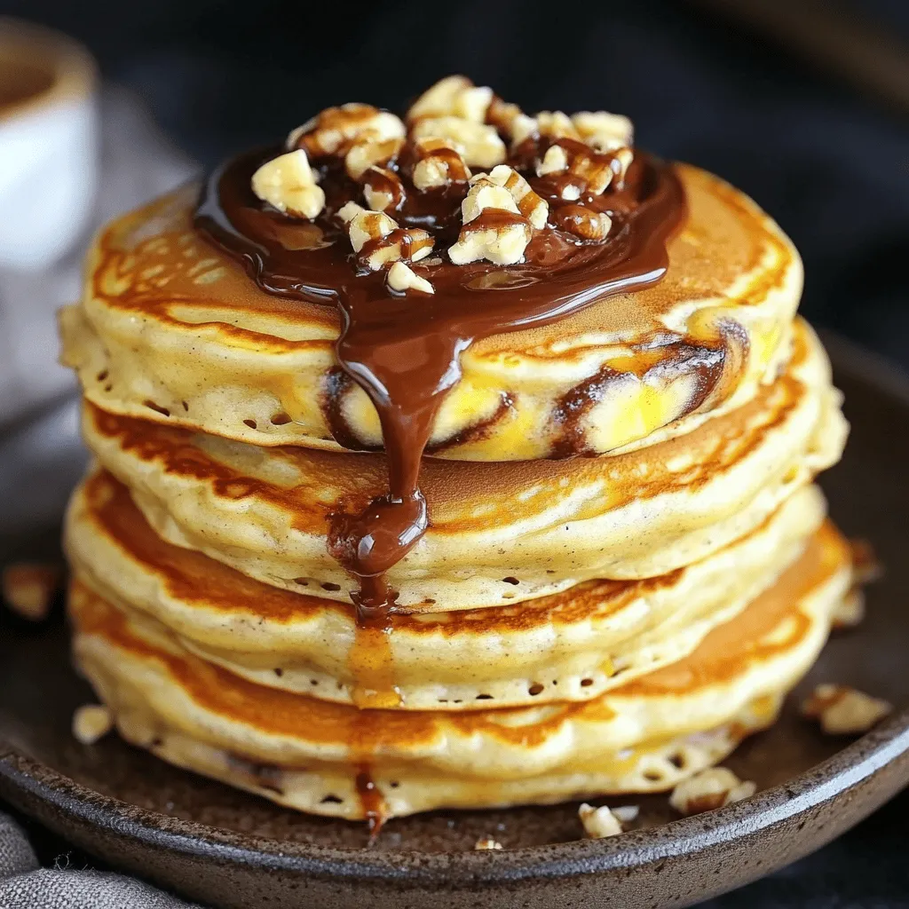 - 1 cup all-purpose flour - 2 tablespoons granulated sugar - 2 teaspoons baking powder - 1/4 teaspoon sea salt - 1 cup milk (or almond milk) - 1 large egg - 2 tablespoons melted butter (or coconut oil) - 1 ripe banana, mashed - 1/4 cup Nutella, plus more for drizzling - Optional: Chopped walnuts or hazelnuts for garnish Gathering the right ingredients is key to making these tasty pancakes. First, you need flour for the base. The sugar adds sweetness to balance the rich Nutella. Baking powder makes your pancakes fluff up nicely. Don't forget a pinch of sea salt to bring out all the flavors. For the wet mix, you can use regular milk or almond milk if you prefer dairy-free. The egg helps bind everything together. Melted butter adds a nice richness, but you can swap it for coconut oil if you want a healthier option. The ripe banana is what makes these pancakes special. It adds moisture and a hint of banana flavor. Of course, Nutella is a must for that creamy swirl. If you like a bit of crunch, sprinkle some chopped walnuts or hazelnuts on top when you serve. With these ingredients ready, you’ll be set to create a delightful breakfast that will surely impress! Start by taking a big mixing bowl. Here, you will whisk together 1 cup of all-purpose flour, 2 tablespoons of granulated sugar, 2 teaspoons of baking powder, and 1/4 teaspoon of sea salt. Mix them well until they seem even. This step sets the base for your fluffy pancakes. In another bowl, mix together 1 cup of milk (or almond milk), 1 large egg, and 2 tablespoons of melted butter (or coconut oil). Then, add 1 ripe banana that you have mashed until it is smooth. Stir until all the wet ingredients blend into a creamy mixture. This adds flavor and moisture to your pancakes. Now it’s time to combine the dry and wet mixtures. Gently pour the wet mix into the dry bowl. Stir just until they come together. It's okay if there are a few lumps. Overmixing can make your pancakes tough. Heat a non-stick skillet or griddle over medium heat. Lightly grease it with butter or cooking spray. Pour about 1/4 cup of batter onto the hot surface for each pancake. Here's where the magic happens: add a teaspoon of Nutella in the center of the batter. Use a toothpick or knife to swirl it in. This creates a beautiful marbled look! Cook the pancakes for about 2-3 minutes or until small bubbles form on the surface. Flip them carefully and cook for another 2-3 minutes until golden brown. Repeat this process with the rest of the batter. Enjoy your warm pancakes drizzled with extra Nutella and sprinkle with chopped nuts for a tasty crunch! To make fluffy pancakes, avoid overmixing the batter. When you stir, keep it gentle. Some lumps in the batter are okay. They help the pancakes stay soft. Also, adjust the cooking heat. If your pancakes brown too fast, turn the heat down. This way, they cook evenly. Swirling Nutella can be fun! Use a toothpick for gentle swirling. This helps create a nice marbled look. You can try adding more or less Nutella to find your perfect taste. Just remember, too much can overpower the banana flavor. Serve your pancakes warm. Drizzle extra Nutella on top for a sweet touch. You can also add chopped nuts like walnuts or hazelnuts. They give a nice crunch and extra flavor. Enjoy the mix of creamy, sweet, and nutty goodness! {{image_4}} You can easily make these pancakes vegan. Just swap regular milk for almond milk. Use melted coconut oil instead of butter. This keeps the pancakes rich and tasty without dairy. If you want a nut-free version, skip the Nutella. Use mashed banana or a chocolate sauce. Both options will add sweetness and flavor without the nuts. Want to mix things up? Try adding chocolate chips or blueberries to the batter. These add-ins make the pancakes even more fun and flavorful. They can also give a nice burst of sweetness in every bite. To keep leftover pancakes fresh, stack them in an airtight container. Place a piece of parchment paper between each pancake. This prevents them from sticking together. Store the container in the fridge for up to three days. This way, you can enjoy your banana Nutella swirl pancakes later. For the best reheating, use a skillet. Heat it over low to medium heat. Place the pancake in the skillet for about one minute on each side. This method keeps the pancakes warm and fluffy. You can also use a microwave. Heat each pancake for about 20 seconds. Check to see if it's warm enough. If not, heat for another 10 seconds. To freeze pancakes, let them cool completely first. Once cooled, stack them with parchment paper in between. Place the stack in a freezer bag. Squeeze out as much air as possible before sealing. You can freeze them for up to two months. When ready to eat, thaw them in the fridge overnight. Then, reheat them as mentioned above. Enjoy your pancakes any time! Yes, you can use whole wheat flour. It adds more fiber and nutrients. However, the pancakes may be denser. The flavor will change slightly too. Whole wheat provides a nuttier taste. Start with 3/4 cup of whole wheat flour and 1/4 cup of all-purpose flour. This mix keeps them light and tasty. You can easily make these pancakes gluten-free. Use gluten-free flour blends instead of all-purpose flour. Look for blends that contain rice flour or almond flour. These options work well in pancakes. It's best to follow the package instructions for measurements. This ensures the best results and a fluffy texture. If you need a Nutella substitute, try chocolate hazelnut spread. There are many brands available. For a dairy-free option, look for spreads made with cocoa and nuts. You can also use almond butter or peanut butter. These options give a fun twist while keeping the pancakes delicious. These pancakes mix simple ingredients for a tasty treat. You learned to blend dry and wet items, cook them right, and serve with Nutella. For those needing tweaks, options exist for vegan and nut-free diets. Storing, reheating, and freezing will keep your pancakes fresh. Enjoy your delicious pancakes, and don't hesitate to try new flavors and textures! Your breakfast can be fun, easy, and filled with joy.