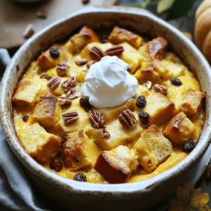 - 4 cups stale baguette or challah, cut into 1-inch cubes - 1 can (15 oz) pumpkin puree - 2 cups whole milk - 1 cup heavy cream - 3 large eggs The base of our warm spiced pumpkin bread pudding starts with stale bread. Stale baguette or challah works best. Fresh bread will not soak up the custard well. Next, we add pumpkin puree for flavor and moisture. This gives the pudding its rich orange color. The dairy components are key to a creamy texture. Whole milk and heavy cream provide richness. The eggs help bind everything together. - 1 cup packed brown sugar - 1 teaspoon pure vanilla extract - 1 teaspoon ground cinnamon - 1/2 teaspoon ground nutmeg - 1/2 teaspoon ground ginger - 1/4 teaspoon ground allspice - 1/4 teaspoon fine sea salt - 1/2 cup raisins or chopped pecans (optional) For flavor, we use brown sugar. It adds sweetness and depth. Vanilla extract adds warmth. The spices are the stars here. Cinnamon, nutmeg, and ginger create a cozy fall flavor. Allspice adds a hint of complexity. You can also mix in raisins or pecans. They give texture and extra flavor. - Whipped cream, for serving (optional) Whipped cream is a popular serving choice. It adds a light, creamy touch. You can also serve this pudding warm with a scoop of vanilla ice cream. Pairing it with coffee or tea makes for a delightful experience. Enjoy making this dish as a comforting treat! To start, preheat your oven to 350°F (175°C). This ensures even cooking for your bread pudding. Next, take a 9x13-inch baking dish. Grease it with non-stick spray or butter. This step helps prevent the pudding from sticking. In a large bowl, combine the following ingredients: - 1 can (15 oz) pumpkin puree - 2 cups whole milk - 1 cup heavy cream - 3 large eggs - 1 cup packed brown sugar - 1 teaspoon pure vanilla extract Whisk these together until the mixture is smooth. This creates your custard base. After that, add 4 cups of stale baguette or challah, cut into 1-inch cubes. Gently fold the bread into the custard. Make sure every piece gets coated. If you want extra flavor, fold in 1/2 cup of optional raisins or chopped pecans. Let this mixture rest for about 15 minutes. This time helps the bread absorb the custard. It makes your bread pudding moist and yummy. Now it’s time to pour the mixture into your greased baking dish. Spread it out evenly. This helps it bake evenly. Bake in your preheated oven for 45-50 minutes. You know it’s ready when the top turns golden brown. You can also check by inserting a knife into the center. If it comes out clean, your pudding is set. After baking, take the dish out of the oven. Let it cool for about 5-10 minutes. This helps the pudding firm up a bit, making it easier to serve. Enjoy your warm, spiced pumpkin bread pudding! Allowing the Bread to Absorb Custard Letting the bread soak up the custard is key. After mixing the bread with the pumpkin mixture, wait about 15 minutes. This time helps the bread soak up the liquid. If you skip this step, your pudding may end up dry. Trust me, soaking makes it soft and rich. Using the Right Bread For the best texture, use stale baguette or challah. Fresh bread can turn your pudding mushy. Stale bread has a firmer texture, which holds up well in the custard. Cut it into 1-inch cubes for even soaking and baking. Checking for Doneness To check if your pudding is ready, insert a knife in the center. It should come out clean. If it’s still wet, let it bake for a few more minutes. Keep an eye on it, as oven times can vary. Achieving a Golden-Brown Top A lovely golden-brown top adds to the appeal. Bake it at 350°F (175°C) for 45-50 minutes. If the top browns too fast, cover it loosely with foil. This helps prevent burning while the inside cooks. Overmixing Ingredients When mixing, be gentle. Overmixing can break the bread down too much. You want to fold the bread into the custard, not mash it. This keeps your pudding light and fluffy. Skipping the Resting Time Don’t skip the resting time! This step is crucial for the bread to absorb the custard. If you rush, your pudding may not be as moist. Give it the time it needs for the best results. {{image_4}} Different Types of Bread You can switch up your bread choice. Use stale baguette or challah for a rich taste. Try brioche for a sweeter twist. Even gluten-free bread works well. Each type brings a new texture and flavor. Alternative Spices Feel free to play with spices. Add cloves for a deeper warmth. Use cardamom for a fragrant lift. Adjust the cinnamon or nutmeg to your taste. Each spice can change the whole vibe of your dessert. Nuts vs. Dried Fruits You can add nuts or dried fruits to your pudding. Pecans or walnuts add crunch. Raisins or cranberries lend sweetness. Mix and match based on what you enjoy. The extra texture makes each bite fun. Chocolate Chips or Caramel Swirls Add chocolate chips for a sweet surprise. Caramel swirls can bring a rich layer. Both options make the dish feel more indulgent. You can easily transform this comfort food into a decadent treat. Gluten-Free Options If you need gluten-free, use gluten-free bread. Ensure all your other ingredients are also gluten-free. This allows everyone to enjoy the dish without worry. The taste remains delightful and satisfying. Dairy-Free Substitutes To make it dairy-free, swap milk and cream for nut milk. Coconut cream can add richness instead of heavy cream. Choose dairy-free butter for greasing the dish. You can enjoy this cozy dessert without dairy. To store leftovers, allow the bread pudding to cool. Once cool, cover it tightly with plastic wrap or transfer it to an airtight container. This keeps it fresh and prevents it from drying out. In the fridge, the bread pudding lasts about 3 to 4 days. Make sure to eat it within this time for the best taste and texture. For reheating, preheat your oven to 350°F (175°C). Place the bread pudding in an oven-safe dish. Add a splash of milk or cream to keep it moist. Cover the dish with foil to help it heat evenly. Warm it for about 15 to 20 minutes, or until heated through. You can also use a microwave for quick reheating. Heat in short bursts of 30 seconds, stirring in between. Serve it warm for that cozy feel. You can freeze this dish both baked and unbaked. If you freeze it unbaked, prepare the mixture and place it in a freezer-safe dish. Cover it well with plastic wrap and foil. For baked pudding, cool it completely first. Then, wrap it tightly before freezing. It stays good for about 2 months when frozen. To thaw, move the dish to the fridge overnight. For baked pudding, reheat it in the oven. Follow the reheating instructions above for the best results. Yes, you can make this bread pudding ahead of time. Prepare the dish up to the point of baking. Cover it tightly with plastic wrap and refrigerate. When ready, bake it straight from the fridge. This helps the flavors blend nicely. You can use mashed sweet potatoes or butternut squash. These options give a similar texture and flavor. Make sure they are smooth and seasoned well. You can also try applesauce for a different twist. This recipe is not vegan as it contains eggs, milk, and cream. To make it vegan, use plant-based milk and cream. Replace eggs with flaxseed meal mixed with water. This will help bind the pudding together. The bread pudding is done when the top is golden brown. Insert a knife in the center; it should come out clean. If it jiggles too much, it needs more time in the oven. Yes, you can use fresh bread, but stale bread works best. Fresh bread may make the pudding too soggy. If using fresh, dry it out in the oven for a bit first. This helps to absorb the custard better. This blog post covered the essentials for making a tasty bread pudding. You learned about key ingredients like stale bread, pumpkin puree, and spices. We discussed step-by-step instructions for preparation and baking. Remember to avoid common mistakes like overmixing. In summary, explore variations to make it your own. Store leftovers properly and reheating tips will keep it fresh. Enjoy this warm treat, and don’t hesitate to get creative with flavors! Happy baking!