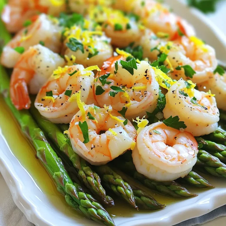 - 1 lb large shrimp, peeled and deveined - 1 bunch asparagus, trimmed to approximately 2-3 inches in length - 3 tablespoons extra virgin olive oil - Zest and juice of 2 fresh lemons - 4 cloves of garlic, finely minced - 1 teaspoon freshly cracked black pepper - 1 teaspoon sea salt - 1/2 teaspoon red pepper flakes (optional, for a spicy kick) - Fresh parsley, finely chopped, for garnish This recipe shines with fresh ingredients. The large shrimp bring a sweet taste. The asparagus adds a nice crunch. Fresh lemon zest and juice provide a bright, zesty flavor. Garlic adds depth. For seasoning, use black pepper and sea salt to enhance the taste. Red pepper flakes can give a touch of heat. You can choose to skip these if you prefer a milder dish. Lastly, fresh parsley not only looks good but also adds a fresh note. Use high-quality extra virgin olive oil for the best flavor. Each ingredient plays a role in making this dish special. Enjoy these fresh and zesty flavors! First, set your oven to 400°F (200°C). This temperature helps cook the shrimp and asparagus perfectly. Place the oven rack in the center. This ensures even heat all around. In a large bowl, mix the peeled and deveined shrimp with the trimmed asparagus. Next, drizzle in 3 tablespoons of extra virgin olive oil. Then, add the zest and juice of 2 fresh lemons. Toss in 4 cloves of minced garlic, 1 teaspoon of black pepper, and 1 teaspoon of sea salt. If you like spice, add 1/2 teaspoon of red pepper flakes. Use your hands or a spatula to mix everything well. Make sure all the shrimp and asparagus are coated. Now, lay the shrimp and asparagus flat on a large baking sheet. Spread them out so they don't touch. This helps them cook evenly. Put the baking sheet in the preheated oven. Bake for 10 to 12 minutes. Look for the shrimp to turn pink and opaque. The asparagus should be tender but still crisp. When done, take the sheet out of the oven. Sprinkle fresh chopped parsley on top before serving. Enjoy your meal while it’s warm! To make your Lemon Pepper Shrimp & Asparagus shine, use fresh herbs and spices. Fresh ingredients pack a punch. They add brightness and depth. I recommend using parsley for garnish. It not only tastes great but adds color, too. Marination is key for flavor. Let the shrimp soak in the lemon juice, garlic, and olive oil. This ensures the shrimp absorb all those zesty notes. Even a short marination of 15 minutes will enhance the taste. Avoid overcrowding on the sheet pan. If you pile the shrimp and asparagus, they will steam instead of roast. This will make them mushy. Spread everything out in a single layer. This helps them cook evenly and get that perfect char. Every oven is different. Adjust the baking time based on how your oven heats. Start with 10 minutes, then check. The shrimp should be pink, and the asparagus should be tender yet crisp. Serve the shrimp and asparagus in individual bowls for a nice touch. This makes the meal feel special. Garnish with extra lemon wedges. They add charm and let guests squeeze in more bright flavor. The zestiness will elevate your dish, making it even more delightful. {{image_4}} You can make this dish even better by adding more veggies. Consider using bell peppers, snap peas, or cherry tomatoes. These add color and texture. You can also use seasonal veggies. In spring, try peas or zucchini. In fall, consider butternut squash or Brussels sprouts. These options keep the dish fresh and exciting. If you want to swap shrimp, chicken or tofu works well. For chicken, use boneless thighs or breasts. Cut them into bite-sized pieces for even cooking. If using tofu, choose firm or extra-firm tofu. Press it to remove excess water. Adjust cooking times based on the protein you choose. Chicken will need about 15-20 minutes, while tofu may take around 12-15 minutes. Feel free to get creative with spices! Try adding paprika for a smoky flavor or cumin for warmth. You can also use flavored oils, like garlic-infused oil or chili oil. These can enhance the taste and give the dish a new twist. Just remember to balance the flavors to keep it fresh and zesty. To store leftovers, place the shrimp and asparagus in an airtight container. This keeps them fresh and prevents odors from spreading. You can safely keep them in the fridge for up to three days. After that, the shrimp may lose their taste and texture. If you want to freeze portions, let the dish cool completely first. Pack the shrimp and asparagus in freezer-safe bags, removing as much air as you can. This prevents freezer burn. You can keep them in the freezer for up to three months. To reheat, thaw them overnight in the fridge. This helps maintain the best flavor and texture. For reheating, use the oven for the best results. Preheat the oven to 350°F (175°C). Place the shrimp and asparagus on a baking sheet. Heat for about 10 minutes, until warmed through. This method keeps the shrimp juicy and the asparagus crisp. Avoid using the microwave, as it can make the shrimp rubbery and the asparagus soggy. You can tell shrimp is cooked by looking at its color and shape. - Cooked shrimp turns pink and opaque. - It curls into a C shape when done. The texture also changes. - Cooked shrimp feels firm but still tender. - If it feels soft or mushy, it may be overcooked. Yes, you can prep this dish ahead of time. - Mix shrimp and asparagus with oil and seasonings. - Store the mixture in the fridge for up to 24 hours. After cooking, store pre-cooked shrimp and asparagus in an airtight container. - They can last in the fridge for 3 days. - For longer storage, freeze them for up to a month. This dish pairs well with many sides. - Try serving it with rice or quinoa for a filling meal. - A fresh salad also complements the flavors nicely. You can add lemon wedges on the side for extra zest. - This brightens up the dish and adds a fresh taste. - You can also serve it with crusty bread to soak up the juices. This recipe for Lemon Pepper Shrimp and Asparagus combines fresh ingredients and simple steps. You learned how to prepare, bake, and enhance flavors while ensuring perfect doneness. With various options for proteins and vegetables, this dish is versatile. Remember, cooking is about enjoying each step. You can store leftovers or make this ahead. By following these tips, you can create a meal that's not only tasty but also visually pleasing. Enjoy your cooking adventures!