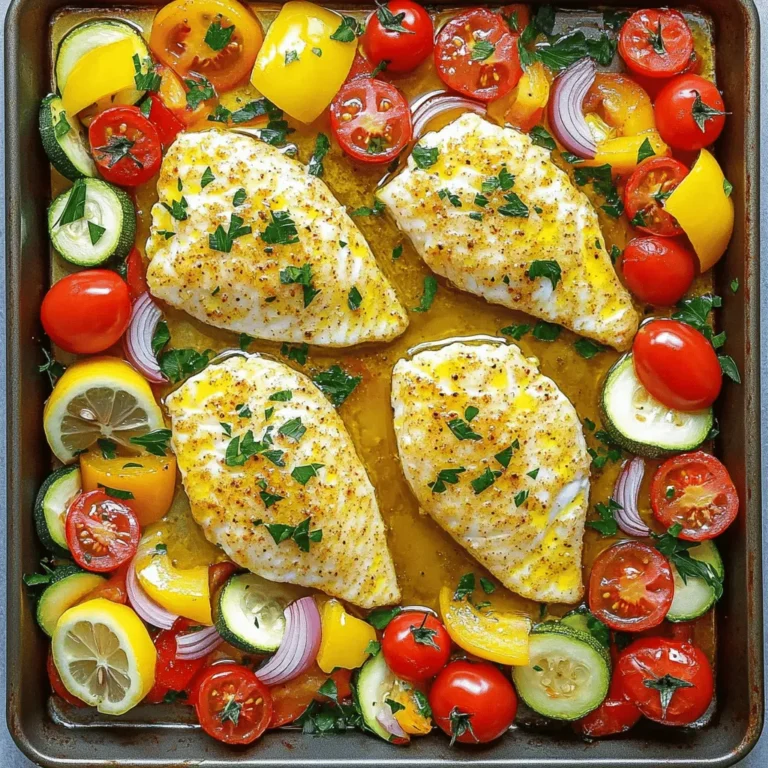 - 4 tilapia fillets, fresh or thawed - 1 large lemon, juiced and zested (reserve some zest for garnish) - 4 cloves garlic, finely minced - 2 tablespoons extra virgin olive oil - 1 teaspoon dried oregano - 1 teaspoon smoky paprika - Sea salt and freshly ground black pepper to taste - 1 cup cherry tomatoes, halved - 1 bell pepper (red or yellow), thinly sliced - 1 medium zucchini, sliced into half-moons - 1 medium red onion, cut into wedges - Fresh parsley, coarsely chopped for garnish - A pinch of red pepper flakes for heat - Fresh basil for a sweet touch - Capers for a briny flavor - Sheet pan lined with parchment paper - Mixing bowls for marinade and veggies - Whisk for mixing ingredients - Knife and cutting board for chopping veggies - Measuring spoons for precise amounts Start by preheating your oven to 400°F (200°C). This step warms up the oven, so your dish cooks evenly. In a small bowl, mix the juice and zest of one large lemon. Add four minced garlic cloves, two tablespoons of olive oil, one teaspoon of dried oregano, and one teaspoon of smoky paprika. Season with sea salt and black pepper to taste. Whisk it well to blend all the flavors. This marinade will bring life to your tilapia and veggies. Next, take four tilapia fillets and place them on a parchment-lined sheet pan. Pour half of your marinade over the fish. Make sure each fillet is well-coated. Let the tilapia sit while you chop the vegetables. This marinating time allows the flavors to soak in, making your dish taste even better. In a large bowl, combine one cup of halved cherry tomatoes, one thinly sliced bell pepper, one sliced zucchini, and one cut red onion. Pour the rest of the marinade over the veggies. Toss them gently until they are covered in the marinade. Spread the vegetables around the tilapia on the sheet pan, keeping everything in a single layer. This helps them cook evenly. Bake the pan in the preheated oven for 15 to 20 minutes. The tilapia should flake easily when done, and the veggies should be tender. After baking, let the pan sit for about two minutes before serving. This resting time blends the flavors. Garnish with fresh parsley and a sprinkle of lemon zest for added brightness. Enjoy your meal! To get your tilapia just right, start with fresh fillets. Lay them flat on your sheet pan. Use a thermometer to check the fish's doneness. It should reach 145°F (63°C). This ensures it is safe to eat and tasty. Marinate for at least 10 minutes, but longer is better. This helps the flavors soak in. Do not overcrowd the pan. Space allows for even cooking. When roasting vegetables, cut them into similar sizes. This helps them cook evenly. Spread them out in a single layer on the pan. Overcrowding can lead to steaming instead of roasting. Use high heat, around 400°F (200°C). This caramelizes the natural sugars in the veggies. Stir halfway through cooking for a nice, even roast. Aim for tender but slightly crisp vegetables. You can change the flavors by adding your favorite herbs. Fresh basil or dill works well with the tilapia. For a spicy kick, try red pepper flakes. You can also swap in different vegetables. Broccoli, asparagus, or carrots can add variety. Lemon slices on top of the fish infuse extra zest. Experiment with other citrus, like lime, for a twist. These changes keep this dish exciting and new. {{image_4}} You can swap tilapia for any mild white fish. Cod, haddock, or sole all work well. They share a delicate flavor and cook similarly. If you prefer shellfish, shrimp makes a great choice too. Just adjust the cooking time since shrimp cooks faster than fish. For a vegetarian twist, replace tilapia with hearty vegetables such as eggplant or portobello mushrooms. They will soak up the marinade and add depth. You can also use tofu or tempeh for protein. Just make sure to press and marinate them for great flavor. Changing the veggies can keep this dish fresh. In spring, use asparagus or snap peas. In summer, try corn or squash. In fall, root vegetables like carrots or sweet potatoes work well. In winter, look for brussels sprouts or hearty greens like kale. Always aim for colorful veggies for a vibrant plate. To store leftover Lemon Garlic Tilapia, let it cool first. Place the fish and veggies in an airtight container. Store it in the fridge for up to three days. Make sure to separate the fish and veggies if you prefer. This keeps them fresh longer. For the best taste, reheat the tilapia and veggies in the oven. Preheat the oven to 350°F (175°C). Place the leftovers on a baking sheet. Heat for about 10 minutes or until warm. This step helps keep the fish tender and the veggies crisp. You can freeze this dish if you want to make it ahead. First, cool the tilapia and veggies completely. Then, place them in freezer-safe bags or containers. Remove as much air as possible to prevent freezer burn. These can last for up to three months. When ready to eat, thaw overnight in the fridge and reheat. Yes, you can use frozen tilapia fillets. Just ensure to thaw them first. This helps the fish cook evenly. You can thaw them overnight in the fridge or use a quick method. Place the sealed fillets in cold water for about 30 minutes. Once thawed, follow the recipe as usual. Lemon Garlic Tilapia pairs well with a variety of sides. Here are some great options: - Quinoa or rice for a hearty base - A fresh garden salad for crunch - Steamed broccoli or asparagus for extra veggies - Crusty bread to soak up the tasty juices These sides complement the tilapia's bright flavors well. Cooking tilapia in the oven usually takes about 15 to 20 minutes. Bake at 400°F (200°C) for best results. The fish is done when it flakes easily with a fork. The veggies should also be tender and slightly caramelized. Absolutely! Lemon Garlic Tilapia is perfect for meal prep. It keeps well in the fridge for up to three days. Just store the tilapia and veggies in airtight containers. For a quick meal, just reheat portions in the microwave or oven. Enjoy a healthy dish all week long! In this article, we discussed making Lemon Garlic Tilapia. We covered the ingredients, tools, and step-by-step instructions. You learned how to marinate your fish and roast vegetables for a tasty meal. We also shared tips for cooking and storing leftovers smartly. Finally, we highlighted variations for different diets. Cooking can be simple and fun with the right steps. Enjoy your meal and experiment with new flavors!