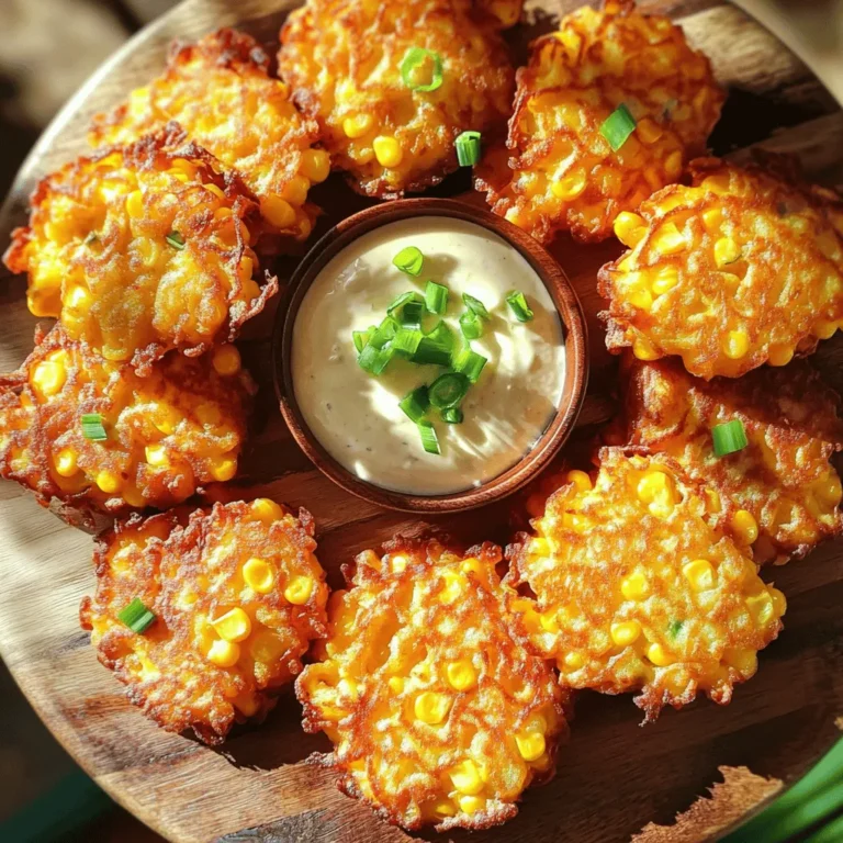 To make sweet corn cheddar fritters, you need some simple items. Here’s what you will need: - 2 cups fresh corn kernels (about 3-4 ears of corn) - 1 cup shredded sharp cheddar cheese - 1 cup all-purpose flour - 1/2 cup cornmeal - 2 large eggs - 1/2 cup milk - 1/4 cup finely chopped green onions (scallions) - 1 teaspoon baking powder - 1/2 teaspoon garlic powder - 1/2 teaspoon paprika - Salt and pepper to taste - Vegetable oil for frying These ingredients work together to create a crispy and flavorful treat. The sweet corn gives a nice crunch, while the cheddar adds a rich taste. Having fresh corn is key for the best flavor. Make sure to use good quality cheese for that sharp kick. The mix of flour and cornmeal gives the fritters their perfect texture. Adding scallions brings a fresh touch that balances the flavors well. This list keeps your shopping simple and fun. You can easily find these ingredients in your local grocery store. Take a moment to gather everything before you start cooking. Once you have your ingredients ready, you're all set to make these delicious fritters! Start by gathering your ingredients. In a large bowl, combine the fresh corn kernels, shredded sharp cheddar cheese, and finely chopped green onions. Mix them well. Next, add the dry ingredients: all-purpose flour, cornmeal, baking powder, garlic powder, paprika, and a pinch of salt and pepper. Stir this mixture until everything is evenly combined. Now, take another bowl. Crack in the two large eggs and pour the milk. Whisk these together until they are well mixed and frothy. Gradually pour this egg mixture into the bowl with the dry ingredients. Gently stir until just combined. It is okay if you see small lumps. This helps keep the fritters light and fluffy. Heat a large skillet over medium heat. Pour in enough vegetable oil to create a depth of about 1/4 inch. Wait until the oil reaches about 350°F (175°C). Using a spoon or small ice cream scoop, drop spoonfuls of the fritter batter into the hot oil. Lightly press each fritter with the back of the spoon to flatten them slightly. Fry for about 3 to 4 minutes on each side until they turn a golden-brown color and become crispy. Once done, use a slotted spoon to remove them from the oil. Place them on a plate lined with paper towels to absorb excess oil. Repeat this until all batter is cooked. Enjoy your delicious fritters hot! To get the best texture for your fritters, avoid overmixing the batter. Mix just until you see no dry flour. Some lumps are okay! This helps keep the fritters light and airy. Frying at the right temperature is also key. Heat your oil to about 350°F (175°C). Too low, and the fritters soak up oil. Too high, and they burn before cooking through. Want a kick? Try adding spices like cayenne or chili powder to the mix. These give a nice heat and depth. For garnishing, consider fresh herbs like cilantro or parsley. You can also serve them with a dollop of sour cream or yogurt. This adds creaminess and balances the flavors. {{image_4}} You can swap out ingredients to fit your needs. Here are some ideas: - Dairy-free options: Use plant-based milk and cheese. Almond or oat milk works well. For cheese, try a dairy-free cheddar. - Alternative cheeses: If you want a twist, use mozzarella or pepper jack cheese. Both add different flavors and textures. Changing up the ingredients can keep things fresh and exciting: - Incorporating fresh herbs: Add chopped basil or cilantro for a vibrant flavor. These herbs can brighten the dish and add a fresh touch. - Adding vegetables like zucchini or bell peppers: Grate zucchini for moisture or dice bell peppers for crunch. Both options make your fritters colorful and tasty. How you serve these fritters can enhance the meal: - Different dips and sauces: Try serving with salsa, ranch, or a spicy aioli. Each dip adds a unique flavor profile. - Creative ways to present fritters: Stack fritters on a plate and add a dollop of sour cream on top. You can also arrange them in a circle with a small bowl of sauce in the middle. To store leftover sweet corn cheddar fritters, let them cool down first. Place them in an airtight container. Make sure to separate layers with parchment paper to prevent sticking. These fritters can stay fresh in the fridge for up to three days. For the best taste, eat them within this time frame. When you're ready to enjoy the fritters again, reheat them in a skillet. Heat a little oil over medium heat. Place the fritters in the pan and warm them for about two minutes on each side. This method keeps them crispy. Avoid the microwave, as it can make them soggy. If you need to use the microwave, place a paper towel under the fritters to help absorb moisture. You can serve fritters with various sides and dips. Here are some great options: - Sour cream or yogurt: Adds a creamy touch. - Avocado dip: Fresh and smooth, it pairs well. - Pico de gallo: Adds a zesty flavor. - Salad: A light green salad balances the fritters. - Corn salsa: Bright and sweet, it enhances the corn flavor. These pairings bring out the best in the fritters. Yes, you can prepare fritters in advance. Here are some tips: - Make the batter: You can mix the batter and store it in the fridge for up to 24 hours. - Fry them later: Just fry them when you are ready to serve. - Store leftovers: If you have extra fritters, let them cool, then store them in an airtight container in the fridge. This way, you can enjoy fresh fritters with less fuss. To tell if fritters are cooked, look for these signs: - Color: They should turn a nice golden brown. - Texture: Fritters should feel firm, not soft. - Cooking time: Fry for about 3 to 4 minutes on each side. These cues help you achieve the perfect fritter every time. This blog post covered how to make delicious Sweet Corn Cheddar Fritters. We talked about the needed ingredients, step-by-step instructions, and tips for the perfect texture. You learned about variations, serving ideas, and how to store leftovers. If you follow these steps, you’ll enjoy tasty fritters anytime. Experiment with different flavors and share them with friends. Happy cooking!
