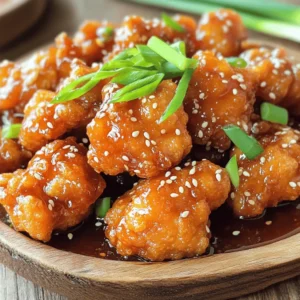 - 1 lb boneless, skinless chicken thighs - 1/2 cup cornstarch - 1/2 cup all-purpose flour - 1 large egg - 1 tablespoon sesame oil - 3 tablespoons soy sauce - 2 tablespoons honey - 2 tablespoons rice vinegar - 1 tablespoon fresh ginger, minced - 2 garlic cloves, minced - 1 tablespoon toasted sesame seeds - 2 green onions, thinly sliced - Salt and freshly ground black pepper to taste The secret to crispy sesame chicken lies in the ingredients. You start with 1 lb of chicken thighs. I love using thighs because they stay juicy and tender. Next, you need cornstarch and all-purpose flour. They create that perfect crispy coat. Don't forget the egg! It helps the coating stick. For the sauce, sesame oil gives a rich flavor. Soy sauce adds umami, while honey brings sweetness. Rice vinegar adds a tangy kick. Fresh ginger and garlic give it depth. Finally, garnishing is key! Toasted sesame seeds and sliced green onions make the dish pop. Salt and pepper enhance all the flavors. Using these ingredients, you can create a dish that tastes better than takeout! Start by seasoning the chicken pieces. Use salt and black pepper to coat every piece well. This step adds great flavor. Let the chicken marinate briefly. Just 10 to 15 minutes will do. This helps the seasoning soak in. Set up your breading station. You will need three shallow bowls. Put cornstarch in one, beaten egg in the second, and flour in the last. Now, coat each chicken piece. First, dip it in cornstarch for a dry layer. Next, dip it in the egg for moisture. Finally, coat it with flour for a crispy finish. Make sure all sides are covered well. Heat the oil in a large skillet. Aim for about 350°F (175°C). Use a thermometer to check. Carefully lower the breaded chicken into the hot oil. Don’t overcrowd the pan. This can lower the oil's temperature. Fry for 4 to 5 minutes until golden brown. Use a slotted spoon to remove the chicken. Place it on paper towels to drain excess oil. In a separate pan, combine the ingredients for the sauce. Mix together sesame oil, soy sauce, honey, rice vinegar, minced ginger, and garlic. Cook over medium heat. Stir occasionally until the mixture thickens, about 3 minutes. This step builds rich flavor. Add the crispy chicken to the sauce quickly. Toss the pieces well to coat them evenly. Timing matters here! You want the chicken hot when it hits the sauce. This helps keep it crispy. Sprinkle toasted sesame seeds over the chicken. Give it a gentle stir to mix them in. This adds crunch and flavor. Serve the dish on a large platter. Garnish with thinly sliced green onions for color. Enjoy your crispy sesame chicken! To get that perfect crunch, focus on the coating techniques. Start by coating each piece of chicken in cornstarch. This dry layer creates a solid base. Next, dip the chicken in beaten egg. The egg helps the flour stick well. Finally, coat the chicken in all-purpose flour. This three-step process gives you a crispy outer layer. The oil temperature is key for frying. Heat the vegetable oil to about 350°F (175°C). Use a kitchen thermometer to check. If the oil is not hot enough, the chicken will absorb more oil and become soggy. Frying in hot oil ensures a golden, crunchy texture. To amp up the flavor, think about adding spices. You can try a pinch of cayenne for heat. A sprinkle of five-spice powder can add depth. Fresh herbs like cilantro can also brighten the dish. Adjusting the sauce's sweetness and tanginess is easy. If you like it sweeter, add more honey. For extra tang, add a splash of rice vinegar. Taste as you go to find that perfect balance. One big mistake is overcrowding the frying pan. When you add too many pieces at once, the oil cools down. This leads to soggy chicken instead of crispy bites. Fry in smaller batches for the best results. Another mistake is not letting the chicken drain properly. After frying, place the chicken on a paper towel-lined plate. This step helps remove excess oil. If you skip it, the chicken can get greasy. {{image_4}} You can make this dish lighter by using chicken breast instead of thighs. Chicken breasts have less fat and calories. They still taste great when cooked right. Just remember, they can dry out faster, so keep an eye on them while cooking. Air frying is also a great choice. It uses less oil and still gives you a crispy bite. This method lowers fat content while keeping that satisfying crunch. If you want to cut down on oil, give air frying a try. Mixing up flavors can make this dish even more fun. You can add different sauces or spices to the mix. Try sweet chili sauce for a kick or hoisin sauce for a sweet twist. You can also play with heat by adding chili flakes or sriracha. If you want a healthier sweetener, think about using agave nectar or maple syrup. They add sweetness too but with a different taste. Rice vinegar can be swapped for apple cider vinegar for a tangy twist. Each change can give your sesame chicken a new life. This crispy sesame chicken pairs well with many sides. Steamed rice is a classic choice, soaking up all the sauce. You can also serve it with a fresh cucumber salad for a crunchy contrast. For meal prepping, pack the chicken and rice in separate containers. This keeps the chicken crispy when you reheat. You can also add some steamed veggies to round out your meal. Enjoy these ideas to make your dinner more exciting! To keep your crispy sesame chicken fresh, store it in the fridge. Use airtight containers to prevent moisture. This keeps the chicken crispy. Make sure to eat it within three days for the best taste. Reheating should restore that crispy texture. The oven is best for reheating. Preheat it to 375°F (190°C). Place the chicken on a baking sheet, and heat for about 10-15 minutes. This helps it stay crispy. Avoid the microwave, as it can make the chicken soggy. You can freeze crispy sesame chicken. Let it cool completely first. Place it in freezer-safe bags or containers. Squeeze out the air before sealing. When you’re ready to eat, thaw it in the fridge overnight. Reheat it in the oven for the best results. This keeps the crunch you love! Yes, you can use chicken breast. Chicken thighs have more fat. This fat gives them a richer flavor and keeps them tender. Chicken breast is leaner, which means it can dry out faster when cooked. If you use breast, watch the cooking time closely. Cook just until the inside is no longer pink. To add heat, try these: - Mix in red pepper flakes with the sauce. - Add sriracha or chili paste to the sauce for a kick. - Toss in diced jalapeños when you fry the chicken for a fresh heat. These options let you control the spice level to your liking. If you don't have honey, use maple syrup or agave nectar. Both will add sweetness, but they may change the flavor slightly. You could also try brown sugar. Mix it with a bit of water to make it flow better in the sauce. Each will give a different taste but will still work well. Store leftovers in an airtight container. They last about 3 to 4 days in the fridge. Make sure they cool down before sealing. If you want to keep them longer, freeze them. They can last up to 3 months in the freezer. Just reheat well before eating. Yes, this dish is great for meal prep. You can fry the chicken in advance and store it. Keep the sauce separate until you are ready to eat. This way, the chicken stays crispy. When you’re ready, just heat the chicken, mix in the sauce, and enjoy! You've learned how to make Crispy Sesame Chicken using simple steps and fresh ingredients. From coating the chicken to creating a flavorful sauce, each part counts. Remember to follow frying tips for that perfect crisp. This dish is easy to customize, too, whether you want healthier options or different flavors. Storing leftovers and reheating them well ensures your meal stays tasty. Now, you can enjoy this dish time and time again. Happy cooking!