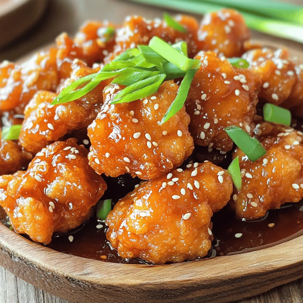 - 1 lb boneless, skinless chicken thighs - 1/2 cup cornstarch - 1/2 cup all-purpose flour - 1 large egg - 1 tablespoon sesame oil - 3 tablespoons soy sauce - 2 tablespoons honey - 2 tablespoons rice vinegar - 1 tablespoon fresh ginger, minced - 2 garlic cloves, minced - 1 tablespoon toasted sesame seeds - 2 green onions, thinly sliced - Salt and freshly ground black pepper to taste The secret to crispy sesame chicken lies in the ingredients. You start with 1 lb of chicken thighs. I love using thighs because they stay juicy and tender. Next, you need cornstarch and all-purpose flour. They create that perfect crispy coat. Don't forget the egg! It helps the coating stick. For the sauce, sesame oil gives a rich flavor. Soy sauce adds umami, while honey brings sweetness. Rice vinegar adds a tangy kick. Fresh ginger and garlic give it depth. Finally, garnishing is key! Toasted sesame seeds and sliced green onions make the dish pop. Salt and pepper enhance all the flavors. Using these ingredients, you can create a dish that tastes better than takeout! Start by seasoning the chicken pieces. Use salt and black pepper to coat every piece well. This step adds great flavor. Let the chicken marinate briefly. Just 10 to 15 minutes will do. This helps the seasoning soak in. Set up your breading station. You will need three shallow bowls. Put cornstarch in one, beaten egg in the second, and flour in the last. Now, coat each chicken piece. First, dip it in cornstarch for a dry layer. Next, dip it in the egg for moisture. Finally, coat it with flour for a crispy finish. Make sure all sides are covered well. Heat the oil in a large skillet. Aim for about 350°F (175°C). Use a thermometer to check. Carefully lower the breaded chicken into the hot oil. Don’t overcrowd the pan. This can lower the oil's temperature. Fry for 4 to 5 minutes until golden brown. Use a slotted spoon to remove the chicken. Place it on paper towels to drain excess oil. In a separate pan, combine the ingredients for the sauce. Mix together sesame oil, soy sauce, honey, rice vinegar, minced ginger, and garlic. Cook over medium heat. Stir occasionally until the mixture thickens, about 3 minutes. This step builds rich flavor. Add the crispy chicken to the sauce quickly. Toss the pieces well to coat them evenly. Timing matters here! You want the chicken hot when it hits the sauce. This helps keep it crispy. Sprinkle toasted sesame seeds over the chicken. Give it a gentle stir to mix them in. This adds crunch and flavor. Serve the dish on a large platter. Garnish with thinly sliced green onions for color. Enjoy your crispy sesame chicken! To get that perfect crunch, focus on the coating techniques. Start by coating each piece of chicken in cornstarch. This dry layer creates a solid base. Next, dip the chicken in beaten egg. The egg helps the flour stick well. Finally, coat the chicken in all-purpose flour. This three-step process gives you a crispy outer layer. The oil temperature is key for frying. Heat the vegetable oil to about 350°F (175°C). Use a kitchen thermometer to check. If the oil is not hot enough, the chicken will absorb more oil and become soggy. Frying in hot oil ensures a golden, crunchy texture. To amp up the flavor, think about adding spices. You can try a pinch of cayenne for heat. A sprinkle of five-spice powder can add depth. Fresh herbs like cilantro can also brighten the dish. Adjusting the sauce's sweetness and tanginess is easy. If you like it sweeter, add more honey. For extra tang, add a splash of rice vinegar. Taste as you go to find that perfect balance. One big mistake is overcrowding the frying pan. When you add too many pieces at once, the oil cools down. This leads to soggy chicken instead of crispy bites. Fry in smaller batches for the best results. Another mistake is not letting the chicken drain properly. After frying, place the chicken on a paper towel-lined plate. This step helps remove excess oil. If you skip it, the chicken can get greasy. {{image_4}} You can make this dish lighter by using chicken breast instead of thighs. Chicken breasts have less fat and calories. They still taste great when cooked right. Just remember, they can dry out faster, so keep an eye on them while cooking. Air frying is also a great choice. It uses less oil and still gives you a crispy bite. This method lowers fat content while keeping that satisfying crunch. If you want to cut down on oil, give air frying a try. Mixing up flavors can make this dish even more fun. You can add different sauces or spices to the mix. Try sweet chili sauce for a kick or hoisin sauce for a sweet twist. You can also play with heat by adding chili flakes or sriracha. If you want a healthier sweetener, think about using agave nectar or maple syrup. They add sweetness too but with a different taste. Rice vinegar can be swapped for apple cider vinegar for a tangy twist. Each change can give your sesame chicken a new life. This crispy sesame chicken pairs well with many sides. Steamed rice is a classic choice, soaking up all the sauce. You can also serve it with a fresh cucumber salad for a crunchy contrast. For meal prepping, pack the chicken and rice in separate containers. This keeps the chicken crispy when you reheat. You can also add some steamed veggies to round out your meal. Enjoy these ideas to make your dinner more exciting! To keep your crispy sesame chicken fresh, store it in the fridge. Use airtight containers to prevent moisture. This keeps the chicken crispy. Make sure to eat it within three days for the best taste. Reheating should restore that crispy texture. The oven is best for reheating. Preheat it to 375°F (190°C). Place the chicken on a baking sheet, and heat for about 10-15 minutes. This helps it stay crispy. Avoid the microwave, as it can make the chicken soggy. You can freeze crispy sesame chicken. Let it cool completely first. Place it in freezer-safe bags or containers. Squeeze out the air before sealing. When you’re ready to eat, thaw it in the fridge overnight. Reheat it in the oven for the best results. This keeps the crunch you love! Yes, you can use chicken breast. Chicken thighs have more fat. This fat gives them a richer flavor and keeps them tender. Chicken breast is leaner, which means it can dry out faster when cooked. If you use breast, watch the cooking time closely. Cook just until the inside is no longer pink. To add heat, try these: - Mix in red pepper flakes with the sauce. - Add sriracha or chili paste to the sauce for a kick. - Toss in diced jalapeños when you fry the chicken for a fresh heat. These options let you control the spice level to your liking. If you don't have honey, use maple syrup or agave nectar. Both will add sweetness, but they may change the flavor slightly. You could also try brown sugar. Mix it with a bit of water to make it flow better in the sauce. Each will give a different taste but will still work well. Store leftovers in an airtight container. They last about 3 to 4 days in the fridge. Make sure they cool down before sealing. If you want to keep them longer, freeze them. They can last up to 3 months in the freezer. Just reheat well before eating. Yes, this dish is great for meal prep. You can fry the chicken in advance and store it. Keep the sauce separate until you are ready to eat. This way, the chicken stays crispy. When you’re ready, just heat the chicken, mix in the sauce, and enjoy! You've learned how to make Crispy Sesame Chicken using simple steps and fresh ingredients. From coating the chicken to creating a flavorful sauce, each part counts. Remember to follow frying tips for that perfect crisp. This dish is easy to customize, too, whether you want healthier options or different flavors. Storing leftovers and reheating them well ensures your meal stays tasty. Now, you can enjoy this dish time and time again. Happy cooking!