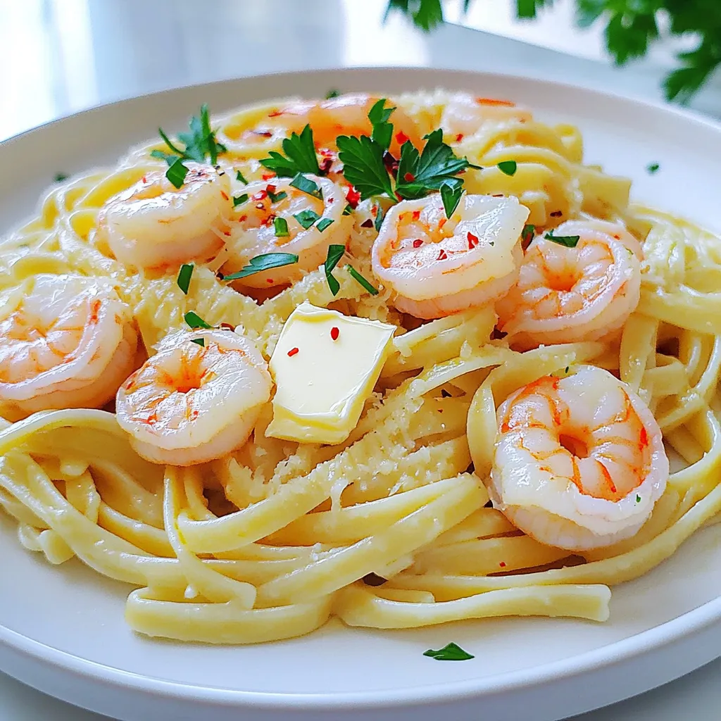- 8 oz linguine pasta - 1 lb large shrimp, peeled and deveined - 6 tablespoons unsalted butter The main ingredients for Minute Garlic Butter Shrimp Linguine create a simple yet tasty dish. Linguine pasta provides a nice base, while large shrimp add protein. Unsalted butter brings richness and flavor to the sauce. - 4 cloves garlic, minced - 1/2 teaspoon red pepper flakes (adjust according to your spice preference) - 2 tablespoons fresh lemon juice Garlic is key for that aromatic kick. Red pepper flakes add a touch of heat, which you can adjust. Fresh lemon juice brightens the dish, balancing the rich butter. - 1/4 cup chicken broth - 2 tablespoons fresh parsley, chopped (for garnish) - Grated Parmesan cheese (for serving, optional) Chicken broth can enhance the sauce's depth, making it even richer. Fresh parsley adds color and a fresh taste. Grated Parmesan cheese is a nice touch for serving, but it’s not a must. To start, fill a large pot with water. Add a good amount of salt to it. Bring the water to a rolling boil. Once it’s boiling, add 8 oz of linguine. Cook the pasta according to the package instructions until it is al dente. Before you drain the pasta, remember to reserve 1/2 cup of the pasta water. This water will help your sauce later. After reserving it, drain the linguine in a colander and set it aside. Now, grab a large skillet and heat 2 tablespoons of butter over medium heat. Once the butter melts, add 4 cloves of minced garlic and 1/2 teaspoon of red pepper flakes. Sauté this mix for about 30 seconds. The garlic should smell great but not turn brown. Next, raise the heat to medium-high and add 1 lb of cleaned shrimp to the skillet. Season with salt and pepper. Cook the shrimp for 2-3 minutes on each side. You will know they are done when they turn pink and opaque. Once the shrimp are cooked, it’s time to create your sauce. Pour in 1/4 cup of chicken broth and 2 tablespoons of fresh lemon juice. Stir this mixture and bring it to a gentle simmer. Now add the remaining 4 tablespoons of butter. Let it melt into the sauce. This will give you a rich and tasty base. Next, take the cooked linguine and toss it into the skillet. Mix everything gently to coat the pasta in that buttery sauce. If it looks a bit dry, add some of that reserved pasta water. Stir until you reach the right consistency. Taste it and adjust the seasoning with more salt and pepper if needed. To make the garlic butter sauce shine, you must control the heat. Start with medium heat when melting the butter. This keeps the garlic from burning. Burnt garlic tastes bitter and ruins the sauce. Once the garlic is fragrant, raise the heat to medium-high for the shrimp. Using fresh ingredients can elevate your dish. Fresh garlic brings a bright flavor. Fresh lemon juice adds a zesty kick. Always pick the best quality shrimp. This will make your meal taste amazing. Perfectly cooked shrimp should be pink and opaque. They should curl slightly but not be tight. Watch them closely; they cook fast. If you see them turning white, it's time to take them off the heat. Timing is key when multitasking. Start cooking the shrimp as the pasta nears doneness. This way, both will be ready at the same time. Plating is an art that can make your meal pop. Use shallow bowls for the linguine. Arrange the shrimp on top in a neat pattern. This makes it look fancy and inviting. For garnishing ideas, sprinkle fresh parsley on top. A light drizzle of olive oil adds shine. If you like, add a sprinkle of Parmesan cheese. These small touches can turn a simple meal into a showstopper. {{image_4}} You can add fresh veggies to your Minute Garlic Butter Shrimp Linguine. This boosts flavor and nutrition. Some great options include: - Spinach: Toss in fresh spinach just before serving. It wilts quickly and adds a lovely green color. - Cherry Tomatoes: Halve them and add during the last few minutes of cooking. They add sweetness. - Zucchini: Slice zucchini into thin rounds. Sauté them with the shrimp for a crunchy texture. Seasonal vegetables also work well. In spring, use asparagus or peas. In fall, try butternut squash or kale. This keeps the dish vibrant all year long. If you don’t have shrimp, you can swap it for chicken or tofu. Each protein has its own cooking needs. - Chicken: Use boneless, skinless chicken breasts. Cut them into bite-sized pieces. Cook for about 5-7 minutes until no longer pink. - Tofu: Use firm or extra-firm tofu. Press it to remove excess water, then cube it. Sauté it until golden, about 4-5 minutes. Adjust the cooking time based on the protein you choose. Ensure everything cooks evenly for the best flavor. Feel free to play with the taste of your dish. Herbs and spices can add a unique twist. - Herbs: Try fresh basil or thyme for a fragrant touch. Add them near the end of cooking to keep their flavor bright. - Spices: Experiment with smoked paprika or curry powder for a different zest. Start with a little, then taste and adjust. You can also explore regional sauces. For an Italian twist, add capers and olives. For a spicy kick, mix in some sriracha or chili paste. Each change offers a new spin on this classic dish. To store leftovers, place the shrimp linguine in an airtight container. Let it cool before sealing. You can keep it in the fridge for 2-3 days. Make sure to label the container with the date. This helps you remember when you made it. When you are ready to eat, reheat the linguine in a skillet. Add a splash of chicken broth or water to keep it moist. Heat it on low, stirring often. This helps avoid sogginess. You want it warm, not overcooked. If you want to freeze the cooked linguine, let it cool completely. Place it in a freezer-safe container. You can freeze it for up to 2 months. To thaw, move it to the fridge for several hours or overnight. Reheat it in a skillet, adding a bit of broth or water to help it revive. It takes 15 minutes to make garlic butter shrimp linguine. The prep time is just 5 minutes. You will spend 10 minutes cooking. This quick meal fits perfectly into busy weeknights. Yes, you can use frozen shrimp. First, thaw the shrimp by placing them in cold water for about 15 minutes. You can also leave them in the fridge overnight. Once thawed, pat them dry before cooking. This helps the shrimp cook evenly and prevents excess water in the pan. You can serve garlic butter shrimp linguine with many sides. Here are a few ideas: - Garlic bread for a crunchy bite - A fresh green salad for lightness - Steamed vegetables like broccoli or asparagus for added color - Roasted potatoes for a hearty option These sides will enhance your meal and impress your guests. This blog post highlights the key ingredients and steps to make garlic butter shrimp linguine. You learned how to prepare the best pasta and perfectly sauté shrimp. I shared tips to enhance flavors and amp up your dish's presentation. With options for variations and storage, you can enjoy this meal again. Try new ingredients or adjust cooking times to make it your own. Enjoy this dish with friends or family, and it will impress them every time. Happy cooking!