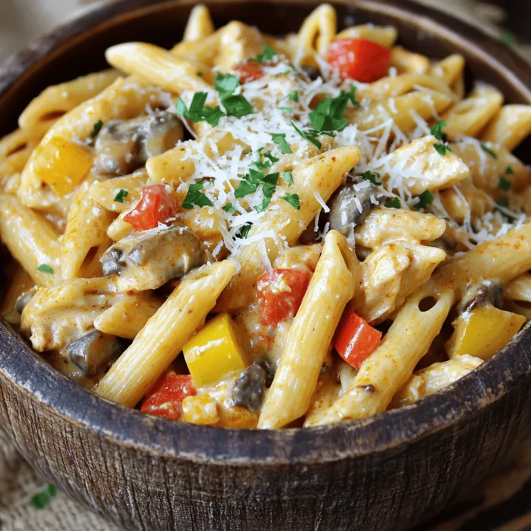 - 1.5 lbs boneless, skinless chicken breasts - 1 tablespoon Cajun seasoning - 1 teaspoon garlic powder - 1 teaspoon onion powder - 1 can (10.5 oz) cream of chicken soup - 1 cup chicken broth - 1 cup heavy cream - 8 oz penne pasta - 1 cup diced bell peppers - 1 cup sliced mushrooms - Optional: Fresh parsley, finely chopped This recipe uses simple yet flavorful ingredients to create a rich dish. The chicken breasts serve as the base. Cajun seasoning adds a nice kick, while garlic and onion powders enhance the flavor. For liquids, cream of chicken soup gives a creamy texture. Chicken broth adds depth to the dish, and heavy cream makes it smooth. The penne pasta provides a hearty bite. Diced bell peppers add color and sweetness. Mushrooms bring an earthy taste. You can also add fresh parsley for a pop of color and freshness. Each ingredient combines to create a creamy, spicy dish. You will love how easy it is to bring these flavors together in a slow cooker. - Place chicken breasts in the slow cooker. - Season chicken evenly with Cajun seasoning, garlic powder, onion powder, salt, and pepper. When I prepare this dish, I like to make sure my chicken is fresh. It ensures the best flavor and texture. I season it well. The spices add a kick that makes this pasta pop. - Add cream of chicken soup and chicken broth. - Layer in diced bell peppers and sliced mushrooms. Next, I pour the cream of chicken soup and broth over the chicken. This creates a rich sauce that soaks into the meat. The colorful veggies add taste and texture. They cook down nicely and add depth to the dish. - Set slow cooker to low for 6 hours or high for 3 hours. - Shred chicken and mix it with heavy cream and uncooked penne pasta. After the chicken cooks, I remove it and shred it with two forks. Shredded chicken blends well with the sauce. Then, I stir in the heavy cream and penne pasta. This makes the dish creamy and filling. - Stir in shredded Parmesan cheese. - Taste and adjust seasonings as needed. Finally, I add the Parmesan cheese to the pot. It melts into the sauce, making it rich and smooth. I always taste the dish at this stage. If I feel it needs more salt or pepper, I add just a pinch. It’s all about balancing those flavors. Using fresh spices makes a big difference. Fresh spices bring out more flavor. When you use them, your dish tastes so much better. You can use your favorite Cajun blend. Just sprinkle it evenly on the chicken. This step helps every bite taste great. To ensure a creamy texture, add the heavy cream at the right time. Stir it in after shredding the chicken. This will help the cream mix well with the sauce. For side dishes, garlic bread pairs well. A simple green salad also works nicely. When serving, choose deep bowls. This adds an inviting touch. Garnish with fresh parsley for color. You can also sprinkle extra Parmesan on top. This makes the dish look fancy and taste even better. To ensure even cooking, place the chicken in a single layer. This helps it cook through nicely. Set your slow cooker to low for about six hours. For a quicker option, use high for three hours. When it's done, shred the chicken carefully. Mix it back in before adding pasta. This way, all the flavors blend perfectly. {{image_4}} If you want to switch up the protein, consider using shrimp or tofu. Shrimp adds a sweet, tender flavor that pairs well with the spices. Simply toss in peeled shrimp during the last 30 minutes of cooking. Tofu offers a great plant-based option. Use firm tofu, cut into cubes, and add it at the start with the other ingredients. Both options keep the dish rich and creamy. For a dairy-free version, you have some great choices. Instead of heavy cream, try using coconut milk or cashew cream. Both provide a creamy texture without dairy. You can also use a dairy-free cream of chicken soup. This way, you still get that comforting flavor and texture, but it's suitable for those avoiding dairy. To change the spice level, you can adjust the Cajun seasoning. If you prefer less heat, use half the amount. For a spicier kick, add more seasoning or toss in some red pepper flakes. Taste as you go to find your perfect balance. This way, you make the dish just right for your taste buds! To store leftovers, let the creamy Cajun chicken pasta cool first. Then, place it in an airtight container. This method helps keep it fresh. You can keep it in the fridge for up to three days. When reheating, add a splash of chicken broth to keep it creamy. To freeze the dish, let it cool completely. Portion it into freezer-safe containers. Make sure to leave space for expansion. You can freeze it for up to three months. To reheat, thaw it in the fridge overnight. Heat it on the stove or in the microwave until warm. Stir in a little heavy cream if it seems dry. The creamy Cajun chicken pasta lasts about three days in the fridge. In the freezer, it stays good for about three months. Always check for off smells or changes in texture before eating. If it looks or smells strange, it's best to toss it. Yes, you can use frozen chicken. Just remember to adjust the cooking time. Frozen chicken usually takes longer to cook. If you use frozen chicken, set the slow cooker to high for about 4 to 5 hours. Always check that the chicken reaches 165°F for safety. If you do not have penne pasta, use any short pasta. Fusilli, rotini, or elbow macaroni work well. Each type will hold the creamy sauce nicely. Cook times might vary a bit, so watch your pasta closely. To make this dish lighter, you can use whole wheat pasta. Also, swap heavy cream for half-and-half or a lighter cream. You can reduce the cheese too. Use less Parmesan or a low-fat version for fewer calories. Adding more veggies can boost nutrition. Yes, you can prepare this dish ahead of time. Cook the chicken and sauce, then store it in the fridge. When you're ready to eat, just cook the pasta and combine it with the sauce. This method saves time and still tastes great. Yes, you can make this dish on the stovetop. Start by cooking the chicken in a large pot. After shredding it, add the cream and pasta, and simmer until the pasta is al dente. This method takes less time, usually around 30 minutes. This blog post covered an easy recipe for creamy Cajun chicken pasta. We discussed key ingredients, step-by-step instructions, and smart tips to perfect your dish. I also shared variations for dietary needs and storage tips for leftovers. With these simple methods, you can create a delicious meal everyone will enjoy. Remember, cooking should be fun and tasty. Enjoy your time in the kitchen!