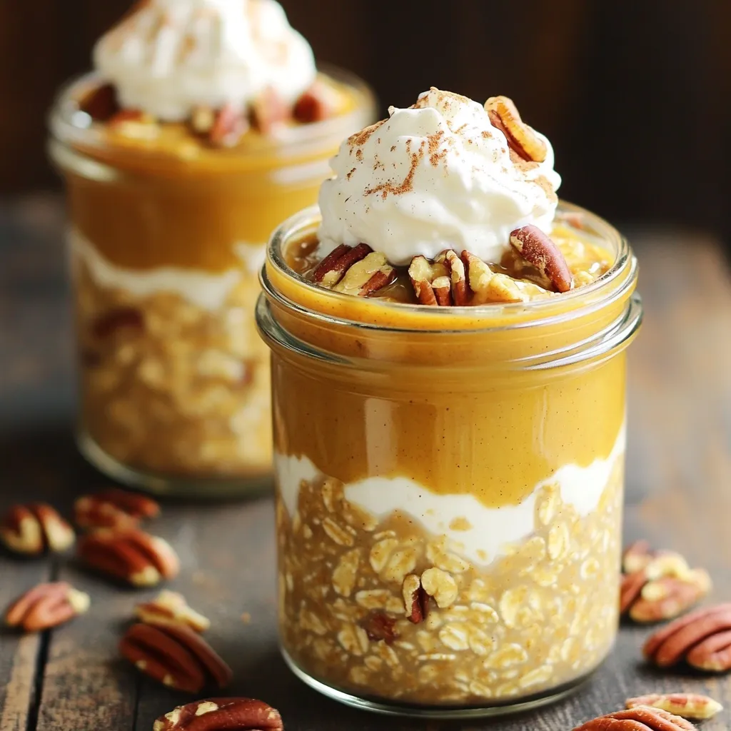 - 1 cup rolled oats - 1 cup unsweetened almond milk - ½ cup pure pumpkin puree - 2 tablespoons maple syrup - 1 teaspoon pumpkin pie spice - ¼ teaspoon salt - ½ teaspoon vanilla extract - ⅓ cup chopped pecans (preferably toasted for enhanced flavor) - Optional toppings: whipped coconut cream, extra chopped pecans, or a dusting of cinnamon You can swap rolled oats for quick oats. Quick oats will soften faster. If you want a nut-free option, use soy or oat milk instead of almond milk. For a sweeter taste, honey can replace maple syrup. If you cannot find pumpkin pie spice, mix cinnamon, nutmeg, and ginger for a similar flavor. - Rolled oats provide fiber. This helps with digestion and keeps you full. - Almond milk is lower in calories than cow's milk. It adds a nice, nutty flavor. - Pumpkin puree is rich in vitamins A and C. It boosts your immune system. - Maple syrup contains antioxidants. It adds sweetness without refined sugar. - Pumpkin pie spice brings warmth and flavor. It can boost your mood. - Salt enhances all the flavors in your dish. - Vanilla extract adds a rich depth of flavor. It makes the dish more enjoyable. - Pecans offer healthy fats and protein. They also add a delightful crunch. This simple mix of ingredients creates a tasty, nutritious breakfast. Each bite brings the warmth of pumpkin pie to your morning routine. 1. First, grab a medium mixing bowl. Add 1 cup of rolled oats and 1 cup of unsweetened almond milk. Stir well to soak the oats evenly. 2. Next, add ½ cup of pure pumpkin puree, 2 tablespoons of maple syrup, 1 teaspoon of pumpkin pie spice, and ¼ teaspoon of salt. Add ½ teaspoon of vanilla extract too. Mix everything thoroughly until smooth. 3. Now, it’s time for the pecans! Gently fold in ⅓ cup of chopped pecans. This step gives your oats a tasty crunch. 4. Once mixed, divide the oat mixture into two jars or airtight containers. This makes breakfast easy for busy mornings. 5. Seal the jars tightly and place them in the fridge overnight. You want the oats to soak up the almond milk and flavors. 6. When morning comes, take the jars out. Give them a good stir. If they seem too thick, add a splash of almond milk to loosen them up. 7. Finally, top your oats with a dollop of whipped coconut cream, extra chopped pecans, and a sprinkle of cinnamon. This adds a warm, cozy touch. - Make sure your oats are soaked well in the almond milk. This step is key for soft oats. - Mix the pumpkin puree and spices well. You want every bite to have that pumpkin pie flavor. - When folding in the pecans, be gentle. You don’t want to break them up too much. - If you like sweeter oats, adjust the maple syrup to your taste. - Serve the oats right in the jars for a fun, rustic look. - If you prefer bowls, pour the oats into bowls and drizzle with maple syrup. - Don’t forget to add your favorite toppings! Whipped coconut cream or extra pecans work great. - Enjoy this dish warm or cold, based on your mood. To get the best texture for your overnight oats, choose rolled oats. They soak up the almond milk well and stay chewy. When mixing, stir gently so each oat is coated with the pumpkin mix. Letting the oats sit overnight helps them absorb flavors. If they are too thick in the morning, add a splash of almond milk. This keeps your oats creamy, not dry. You can make this recipe your own with simple changes. Try adding different spices like cinnamon or ginger for a warm kick. Use honey or agave syrup instead of maple syrup for sweetness. For a nutty twist, add sunflower seeds or chia seeds along with the pecans. You can also swap pumpkin puree with sweet potato or banana puree for different flavors. Make your breakfast easy by prepping ahead. Store the overnight oats in jars or containers with lids. They last up to five days in the fridge. This way, you can grab one each morning. If you want to freeze them, fill containers but leave space for expansion. Thaw them overnight in the fridge before eating. This makes breakfast quick and stress-free. {{image_4}} You can mix up flavors easily. Try using different nuts like walnuts or almonds. Add spices like cinnamon or ginger for a new twist. For a sweeter taste, consider a spoonful of honey or agave syrup. You can also switch the pumpkin puree with mashed banana or applesauce. This keeps it fun and fresh! If you're gluten-free, choose certified gluten-free oats. For a vegan option, use maple syrup and coconut cream. Almond milk is already dairy-free, which makes it perfect. You can also try other plant-based milk like oat or soy milk. These options keep the dish tasty for everyone. In fall, you can add fresh apples or pears for a fruity touch. Try adding a pinch of nutmeg for a warm flavor. You might also consider using pecan butter instead of chopped pecans for a creamy texture. Top with cranberry sauce for a festive feel! Each option gives a new vibe to your breakfast. To keep your Pumpkin Pecan Pie Overnight Oats fresh, store them in airtight jars or containers. This helps seal in the flavors and moisture. Make sure the lids fit snugly. Keeping them in the fridge is key to maintaining their taste and texture. Avoid adding toppings until you are ready to eat. This keeps them crisp and fresh. These tasty oats can stay fresh in the fridge for up to five days. I recommend enjoying them within three days for the best flavor. As time goes on, the oats may soak up more liquid and become thicker. If this happens, just stir in a splash of almond milk to loosen them up. You want them creamy and delicious! You can freeze Pumpkin Pecan Pie Overnight Oats for longer storage. Portion them into freezer-safe jars or containers. Leave some space at the top because the oats will expand when frozen. They can last up to three months in the freezer. When you're ready to eat, move them to the fridge overnight to thaw. You might want to add a little almond milk when serving for the best texture. Enjoy your tasty breakfast anytime! Yes, you can use quick oats. They cook faster and absorb liquid more quickly. This means your oats may be softer and creamier. If you prefer a firmer texture, rolled oats are the way to go. To make it nut-free, swap almond milk for oat milk or coconut milk. You can leave out the pecans or replace them with seeds like pumpkin or sunflower seeds. This keeps the flavor rich and tasty, without any nuts. Absolutely! You can double or triple the recipe easily. Just keep the same ratios. This way, you can have more jars ready in your fridge for quick and easy breakfasts. Enjoying them throughout the week is a great idea! This blog post covered key ingredients and helpful substitutions to enhance your dishes. We explored nutritional benefits and provided clear steps to prepare and serve. I shared tips for texture and flavor, along with storage advice to keep your oats fresh. Try different flavor combos or make adjustments for diets. Remember, cooking is fun and personal. Experiment with the tips and recipes shared here to find your favorites. Enjoy the journey of making delicious meals that suit you best!