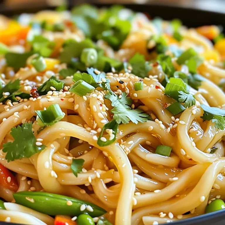 - 8 oz (225 g) noodles (udon or spaghetti) - 3 tablespoons sesame oil - 4 cloves garlic, finely minced - 1 tablespoon fresh ginger, grated - 1/4 cup soy sauce (low sodium is best) - 2 tablespoons rice vinegar - 1 tablespoon honey or maple syrup - 1 cup mixed vegetables (like bell peppers, broccoli, or snap peas) - 2 green onions, finely chopped - 1 tablespoon toasted sesame seeds - Fresh cilantro leaves for garnish The main ingredients for this dish are simple yet flavorful. Udon or spaghetti noodles form the base. I love using sesame oil for its nutty taste. Garlic is a must since it adds a strong aroma. Fresh ginger gives a nice kick and depth to the dish. Soy sauce and rice vinegar balance the flavors perfectly, making each bite delicious. You can add honey or maple syrup to give a hint of sweetness. Mixed vegetables not only add color but also nutrition. For garnishing, chopped green onions and toasted sesame seeds enhance the look and taste. Fresh cilantro leaves offer a light, herbal finish. This dish is versatile, so you can mix and match based on what you enjoy or have on hand. First, bring a large pot of salted water to a boil. Add 8 oz of noodles, like udon or spaghetti. Cook them until they are al dente, as per package instructions. This usually takes about 8-10 minutes. Once done, drain the noodles and let the excess water drip off. Set them aside for later. In a small bowl, mix together the sauce ingredients. Combine 1/4 cup of soy sauce, 2 tablespoons of rice vinegar, 1 tablespoon of honey, and 1 teaspoon of chili flakes. You can add more chili if you like it spicy. Whisk the mixture well until it's smooth. Set it aside to let the flavors blend. Heat 3 tablespoons of sesame oil in a large pan over medium heat. Once hot, add 4 cloves of minced garlic. Sauté the garlic for 1-2 minutes until it smells great. Be sure to stir often so it does not burn. If you want to add mixed vegetables, toss them in now. Cook for about 3-4 minutes until they are tender but still colorful. Next, add the drained noodles to the pan. Gently toss them with the garlic and oil mixture. Make sure every noodle gets coated well. Then, drizzle the sauce over the noodles. Stir everything together for 2-3 minutes. This will heat the noodles and let the flavors mix. Once cooked, take the pan off the heat. Sprinkle 2 chopped green onions, 1 tablespoon of toasted sesame seeds, and fresh cilantro leaves on top. Toss it all lightly to blend. Now, plate the noodles in serving dishes. For extra flair, add more sesame seeds and green onions on top. Enjoy your tasty sesame garlic noodles! To get the best texture, cook the noodles until they are al dente. This means they should be firm when you bite into them. Follow these steps: - Bring a large pot of salted water to a rolling boil. - Add the noodles and cook as per the package instructions. - Taste them about a minute before the time is up. They should have a slight bite. - Drain the noodles and let them sit. This helps remove extra water, so they do not become soggy. You can adjust the flavors in your sesame garlic noodles easily. Here are some tips: - If you like it spicy, add more chili flakes to the sauce. Start with one teaspoon and increase as needed. - For sweetness, you can add more honey or maple syrup. This balances the salty soy sauce. - Taste the sauce before adding it to the noodles. Adjust it to fit your taste buds. Sautéing garlic can be tricky. Follow these tips to avoid burning it: - Heat the sesame oil on medium heat before adding garlic. - Add minced garlic and stir it constantly for 1-2 minutes. - If it starts to brown quickly, lower the heat. You want it golden, not burnt. - If you add vegetables, do so after the garlic is fragrant. This way, the garlic stays perfect while the veggies cook. {{image_4}} If you want a plant-based version, replace honey with maple syrup. This swap keeps the sweetness while making the dish vegan-friendly. Maple syrup adds a rich flavor that blends well with the garlic and soy sauce. You won’t miss the honey at all! To add protein, you can incorporate tofu, chicken, or shrimp. For tofu, use firm or extra-firm. Cut it into cubes and sauté it until golden. If you choose chicken, slice it thinly and cook it in the pan before adding the garlic. For shrimp, toss them in after the garlic cooks until they turn pink. Each option enhances the dish with texture and flavor. Using different vegetables can add variety and color. Bell peppers, broccoli, and snap peas work well. Sauté bell peppers for about 2-3 minutes. Broccoli takes about 4 minutes to become tender. Snap peas need only 2 minutes to keep their crunch. Mix and match to find your favorite combo! To store your Sesame Garlic Noodles, let them cool first. Place the noodles in an airtight container. You can refrigerate them for up to three days. If you want to keep them longer, freeze the noodles. Use a freezer-safe bag and remove as much air as possible. They will last in the freezer for about one month. When you're ready to eat the leftovers, you have a few options. The best way is to reheat them in a pan. Add a splash of water or sesame oil to keep them moist. Heat over medium heat, stirring often. You can also use the microwave. Place the noodles in a microwave-safe bowl, cover, and heat in short bursts. Stir and check to avoid overcooking. Your Sesame Garlic Noodles can last in the fridge for three days. After that, they may lose flavor and texture. If stored in the freezer, they can stay fresh for one month. Always check for any off smells or changes in texture before eating leftovers. Enjoy your meal with confidence! I recommend using udon or spaghetti noodles. These noodles have a nice chew. They hold the sauce well. You can also try rice noodles for a different texture. Just cook according to the package instructions. Yes, you can make this dish gluten-free! Use gluten-free noodles, like rice noodles or zoodles. For the sauce, swap soy sauce with gluten-free tamari. This keeps the flavor strong without gluten. The spice level depends on your taste. The chili flakes add a nice kick. If you prefer less heat, use fewer flakes. You can also skip them entirely for a mild dish. These noodles pair well with many dishes. Try serving them with a side salad for freshness. You can also add grilled chicken or tofu for protein. Steamed veggies make a great side too! You now have all the key ingredients and steps to make delicious Sesame Garlic Noodles. From choosing the right noodles to mixing the perfect sauce and adding tasty vegetables, this dish is simple yet full of flavor. Don't be afraid to try different veggies or proteins to suit your taste. Remember to store leftovers properly to keep them fresh. Cooking can be fun and creative. Enjoy your tasty meal and share it with friends!