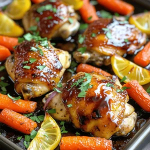 - 4 boneless, skinless chicken thighs - 2 cups baby carrots - 1 red bell pepper, sliced into strips - 1 medium red onion, cut into wedges The main ingredients create a colorful and hearty dish. The chicken thighs give you juicy flavor. Baby carrots add sweetness, while red bell pepper and onion offer crunch and zest. - 1/4 cup balsamic vinegar - 3 tablespoons honey - 2 tablespoons olive oil, plus extra for veggies - 2 cloves garlic, minced - 1 teaspoon dried oregano - Salt and freshly ground black pepper to taste The marinade is the heart of the dish. Balsamic vinegar brings tanginess, and honey adds sweetness. Olive oil keeps everything moist, while garlic and oregano give depth. Salt and pepper enhance all these flavors. - Fresh parsley Fresh parsley is a simple garnish that brightens the dish. It adds color and a touch of freshness. You can sprinkle it on right before serving for the best look and taste. Preheat your oven to 425°F (220°C). This hot setting helps make the chicken and veggies crispy. Next, create the balsamic marinade. In a large bowl, mix together 1/4 cup balsamic vinegar, 3 tablespoons honey, and 2 tablespoons olive oil. Add 2 cloves of minced garlic, 1 teaspoon dried oregano, salt, and black pepper. Whisk until it blends well. Coat the chicken thighs in the marinade. Make sure each piece is fully covered. For the best flavor, let it marinate for at least 15 minutes. If you can, go longer. This gives the chicken time to soak up all those tasty flavors. While the chicken marinates, prepare your veggies. Toss 2 cups of baby carrots, 1 sliced red bell pepper, and 1 medium red onion cut into wedges in a bowl. Drizzle with a little olive oil and season with salt and pepper. Mix until the veggies are well coated. This step enhances their natural sweetness. Grab a large baking sheet. Place the marinated chicken thighs in the center. Spread the seasoned vegetables around the chicken. This colorful arrangement makes the dish look great. Drizzle any leftover marinade over the chicken and veggies. This adds more flavor. Put the sheet pan in the preheated oven. Bake for 25-30 minutes. The chicken is ready when it reaches an internal temperature of 165°F (75°C). The veggies should be tender and slightly caramelized. Keep an eye on them to avoid overcooking. After baking, take the sheet pan out of the oven. Let it rest for a few minutes. This helps the juices settle in the chicken. Finally, sprinkle fresh parsley on top for a burst of color and fresh flavor. Enjoy your beautiful and tasty meal! To get the best taste from your balsamic chicken, marinate it well. Use the marinade for at least 15 minutes. If you can, let it sit longer. This extra time helps the flavors soak in deeper. You can also adjust the seasoning to your liking. Add more salt or pepper for a stronger kick. Don't be afraid to taste the marinade before using it! When you bake your chicken and veggies, place the sheet pan in the middle of the oven. This position cooks them evenly. Always check the chicken with a meat thermometer. It should reach 165°F (75°C) to be safe to eat. This step ensures your meal is cooked perfectly every time. You can serve this dish in two ways. For a rustic feel, leave it on the baking sheet. This way, everyone can help themselves. For a more formal look, plate each piece. Put the chicken next to a heap of roasted veggies. You can also pair this dish with a fresh salad or some crusty bread. A glass of white wine or sparkling water goes well, too! {{image_4}} You can switch up the veggies for more flavor. Try using: - Zucchini - Broccoli - Sweet potatoes - Cauliflower Seasonal veggies add great taste. In summer, use fresh zucchini. In fall, try sweet potatoes. Each option brings a unique twist to the dish. Chicken thighs are tasty, but you can use other proteins too. Consider: - Chicken breasts for a leaner choice - Pork tenderloin for a different flavor - Tofu for a vegetarian option - Chickpeas for plant-based protein Each alternative changes the dish's taste and texture, so pick what you enjoy. Want a little extra kick? Add spices like: - Paprika for smokiness - Cumin for warmth - Red pepper flakes for heat You can also swap vinegars or sweeteners. Try apple cider vinegar or maple syrup for a new flavor. These changes keep the dish exciting every time you make it! After enjoying your meal, let the leftovers cool. Place the chicken and veggies in airtight containers. This keeps them fresh in the fridge. Use glass or BPA-free plastic containers for safe storage. Always label the containers with the date. Your leftovers will taste best if eaten within three days. You can reheat the chicken in a microwave or oven. The microwave is quick but may dry out the chicken. For juicy chicken, reheat in the oven. Preheat your oven to 350°F (175°C). Place the chicken and veggies on a baking sheet. Cover with foil to keep moisture in. Heat for about 15 minutes or until warm. To freeze leftovers, let them cool completely. Cut the chicken into smaller pieces for easier storage. Place them in freezer-safe bags or containers. Remove as much air as possible. This prevents freezer burn. Label with the date and freeze for up to three months. To thaw, put the container in the fridge overnight. Reheat in the oven or microwave as mentioned above. For the best flavor, you should marinate the chicken for at least 15 minutes. If you can, try to marinate it for 30 minutes or even longer. The longer it sits, the more the chicken soaks up the tasty balsamic mixture. Just remember, marinating overnight can lead to too much acidity, so keep it within a few hours. Yes, you can use frozen chicken! Just make sure to thaw it safely in the fridge before marinating. If you cook it from frozen, increase your baking time by 10 to 15 minutes. Always check that the internal temperature reaches 165°F to ensure it’s cooked through. This keeps your chicken safe and juicy. Great sides include: - Mashed potatoes - Steamed broccoli - Quinoa - A simple green salad These sides add color and flavor to your meal, making it more enjoyable. They also balance the sweetness of the balsamic chicken well. You can prepare the marinade and cut the veggies a day ahead. Store them in the fridge until you’re ready to cook. You can also marinate the chicken overnight for deeper flavor. Just take it out of the fridge 30 minutes before baking to help it cook evenly. To check if the chicken is done, use a meat thermometer. It should read 165°F in the thickest part. You can also cut into a piece and check that the juices run clear, not pink. If the chicken looks golden and the veggies are tender, you are ready to serve! This blog post covered a simple and tasty sheet pan balsamic chicken recipe. You learned about the main ingredients and how to prepare and cook them. I shared tips to enhance flavor and options for variations. Storing leftovers and reheating them are also easy. In conclusion, you can create a delicious meal with minimal effort. Enjoy experimenting with different ingredients to make it your own!