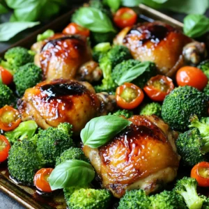 - 4 boneless, skinless chicken thighs - 1 pound of fresh broccoli florets - 1/4 cup balsamic vinegar - 2 tablespoons honey - 3 tablespoons extra virgin olive oil For this recipe, chicken thighs are my go-to. They stay juicy and tender. Fresh broccoli florets add color and crunch. Balsamic vinegar brings a sweet and tangy flavor. Honey balances the vinegar with a touch of sweetness. Olive oil helps everything roast perfectly. - 4 garlic cloves, finely minced - 1 teaspoon dried oregano - Salt and freshly ground black pepper, to taste - 1/4 cup cherry tomatoes, halved (for a vibrant garnish) - Fresh basil leaves, for a fragrant garnish Garlic gives a warm, rich flavor. Dried oregano adds an earthy touch. Don’t forget salt and pepper to enhance the dish. Cherry tomatoes bring brightness and sweetness. Fresh basil adds a lovely aroma and freshness. Use these ingredients to create a delicious, well-balanced meal. - Preheating the Oven Start by preheating your oven to 425°F (220°C). This step ensures the chicken cooks evenly and the broccoli becomes tender and crisp. - Marinating the Chicken In a large bowl, mix together 1/4 cup balsamic vinegar, 2 tablespoons honey, and 3 tablespoons olive oil. Add 4 minced garlic cloves and 1 teaspoon dried oregano. Season with salt and pepper. Whisk until smooth. Place the 4 chicken thighs in the marinade. Make sure each piece is well-coated. Let the chicken marinate for at least 15 minutes. For even more flavor, let it sit for up to 1 hour. - Arranging Chicken and Broccoli on Sheet Pan While the chicken marinates, wash and cut the broccoli florets. Aim for bite-sized pieces. After marinating, grab a large baking sheet. Place the chicken on one side of the sheet. On the other side, arrange the broccoli florets. Drizzle some olive oil over the broccoli and sprinkle with salt and pepper. Toss them to coat evenly. - Adding Cherry Tomatoes For a pop of color and flavor, slice 1/4 cup of cherry tomatoes in half. Scatter them over the broccoli about 5 minutes before the dish finishes cooking. - Roasting in the Oven Put the sheet pan into the preheated oven. Roast the chicken and broccoli for 20-25 minutes. The chicken should reach an internal temperature of 165°F. The broccoli will turn tender with some crispy edges. - Final Touches Before Serving When done, take the pan out of the oven. Let it rest for a few minutes. To brighten the dish, add fresh basil leaves on top before serving. This adds a lovely fragrance and a splash of color. Importance of Marinating Time Marinating the chicken is key for flavor. I recommend at least 15 minutes. If you can, let it sit for up to an hour. This extra time helps the chicken absorb the balsamic vinegar and honey. You will taste the difference, trust me! How to Properly Season Seasoning is simple but crucial. Use salt and black pepper generously. Toss the broccoli with olive oil, salt, and pepper too. This will bring out its natural sweetness. Remember, good seasoning makes every bite better. Oven Temperature Insights Preheat your oven to 425°F (220°C). This high heat helps the chicken cook quickly. It also gives the broccoli crispy edges. A hot oven is your best friend for roasting. Checking Doneness of Chicken and Broccoli The chicken should reach an internal temperature of 165°F. Use a meat thermometer for accuracy. The broccoli is done when it is tender and slightly crispy. Check both to ensure your meal is perfect! {{image_4}} You can easily switch the chicken for other meats. Try using pork chops or salmon fillets. Both options work well with the balsamic marinade. For pork, choose boneless chops. They cook fast and stay juicy. Salmon offers a rich flavor that pairs nicely with the sweet balsamic. If you want a vegetarian dish, consider using tofu. Firm tofu soaks up the marinade well. You can also try chickpeas for a hearty option. They add protein and texture. Just roast them alongside the veggies for a simple, tasty meal. You can add many other vegetables to this dish. Carrots, bell peppers, and zucchini go well with the chicken and broccoli. They add great color and flavor. Just chop them into similar sizes for even cooking. Seasonal veggies are also a fun option. In the fall, try Brussels sprouts or butternut squash. In the spring, asparagus or snap peas work nicely. This recipe is flexible, so feel free to experiment. Mix and match your favorite veggies to make it your own! - Storing Leftovers Safely: After your meal, let leftovers cool to room temperature. Place them in an airtight container. Store in the fridge for up to three days. Always check for any signs of spoilage before eating. - Best Practices for Reheating: To reheat, use a microwave or oven. If using a microwave, cover the dish to keep moisture in. Heat until the chicken reaches 165°F. In the oven, set it to 350°F. Heat for about 15-20 minutes, or until warm. - How to Freeze Roasted Chicken and Broccoli: For freezing, let the dish cool completely. Place the chicken and broccoli in a freezer-safe container. Use plastic wrap or foil to protect from freezer burn. This dish can last up to three months in the freezer. - Thawing and Reheating Tips: When ready to eat, thaw in the fridge overnight. You can also use the microwave for quick thawing. Reheat in the oven or microwave, ensuring it warms evenly. Check the internal temperature to confirm it reaches 165°F again. Yes, you can use bone-in chicken. Bone-in chicken adds flavor and can be very juicy. However, you need to adjust the cooking time. Bone-in chicken usually takes longer to cook. Roast it for 30-35 minutes instead of 20-25 minutes. Always check that the internal temperature reaches 165°F. You can serve many tasty side dishes with this meal. Here are some great options: - Quinoa or rice for a hearty base. - A fresh green salad for a crisp contrast. - Garlic bread to soak up the balsamic sauce. - Mashed potatoes for comfort. - Roasted carrots or Brussels sprouts for more veggies. Marinating chicken is key for flavor. I recommend marinating for at least 15 minutes. If you have more time, let it sit for up to 1 hour. The longer it sits, the more flavor it absorbs. Just make sure to keep it in the fridge while marinating. You learned how to make delicious balsamic chicken with broccoli. We covered the key ingredients, step-by-step instructions, and helpful tips. Remember, marinating is key for flavor. You can swap chicken or add different veggies based on your taste. Storing leftovers properly can make meals easier later. Enjoy experimenting with this simple recipe for healthy dinners. Keep it fun and tasty!