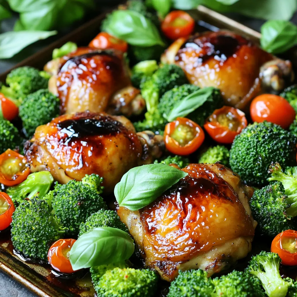 - 4 boneless, skinless chicken thighs - 1 pound of fresh broccoli florets - 1/4 cup balsamic vinegar - 2 tablespoons honey - 3 tablespoons extra virgin olive oil For this recipe, chicken thighs are my go-to. They stay juicy and tender. Fresh broccoli florets add color and crunch. Balsamic vinegar brings a sweet and tangy flavor. Honey balances the vinegar with a touch of sweetness. Olive oil helps everything roast perfectly. - 4 garlic cloves, finely minced - 1 teaspoon dried oregano - Salt and freshly ground black pepper, to taste - 1/4 cup cherry tomatoes, halved (for a vibrant garnish) - Fresh basil leaves, for a fragrant garnish Garlic gives a warm, rich flavor. Dried oregano adds an earthy touch. Don’t forget salt and pepper to enhance the dish. Cherry tomatoes bring brightness and sweetness. Fresh basil adds a lovely aroma and freshness. Use these ingredients to create a delicious, well-balanced meal. - Preheating the Oven Start by preheating your oven to 425°F (220°C). This step ensures the chicken cooks evenly and the broccoli becomes tender and crisp. - Marinating the Chicken In a large bowl, mix together 1/4 cup balsamic vinegar, 2 tablespoons honey, and 3 tablespoons olive oil. Add 4 minced garlic cloves and 1 teaspoon dried oregano. Season with salt and pepper. Whisk until smooth. Place the 4 chicken thighs in the marinade. Make sure each piece is well-coated. Let the chicken marinate for at least 15 minutes. For even more flavor, let it sit for up to 1 hour. - Arranging Chicken and Broccoli on Sheet Pan While the chicken marinates, wash and cut the broccoli florets. Aim for bite-sized pieces. After marinating, grab a large baking sheet. Place the chicken on one side of the sheet. On the other side, arrange the broccoli florets. Drizzle some olive oil over the broccoli and sprinkle with salt and pepper. Toss them to coat evenly. - Adding Cherry Tomatoes For a pop of color and flavor, slice 1/4 cup of cherry tomatoes in half. Scatter them over the broccoli about 5 minutes before the dish finishes cooking. - Roasting in the Oven Put the sheet pan into the preheated oven. Roast the chicken and broccoli for 20-25 minutes. The chicken should reach an internal temperature of 165°F. The broccoli will turn tender with some crispy edges. - Final Touches Before Serving When done, take the pan out of the oven. Let it rest for a few minutes. To brighten the dish, add fresh basil leaves on top before serving. This adds a lovely fragrance and a splash of color. Importance of Marinating Time Marinating the chicken is key for flavor. I recommend at least 15 minutes. If you can, let it sit for up to an hour. This extra time helps the chicken absorb the balsamic vinegar and honey. You will taste the difference, trust me! How to Properly Season Seasoning is simple but crucial. Use salt and black pepper generously. Toss the broccoli with olive oil, salt, and pepper too. This will bring out its natural sweetness. Remember, good seasoning makes every bite better. Oven Temperature Insights Preheat your oven to 425°F (220°C). This high heat helps the chicken cook quickly. It also gives the broccoli crispy edges. A hot oven is your best friend for roasting. Checking Doneness of Chicken and Broccoli The chicken should reach an internal temperature of 165°F. Use a meat thermometer for accuracy. The broccoli is done when it is tender and slightly crispy. Check both to ensure your meal is perfect! {{image_4}} You can easily switch the chicken for other meats. Try using pork chops or salmon fillets. Both options work well with the balsamic marinade. For pork, choose boneless chops. They cook fast and stay juicy. Salmon offers a rich flavor that pairs nicely with the sweet balsamic. If you want a vegetarian dish, consider using tofu. Firm tofu soaks up the marinade well. You can also try chickpeas for a hearty option. They add protein and texture. Just roast them alongside the veggies for a simple, tasty meal. You can add many other vegetables to this dish. Carrots, bell peppers, and zucchini go well with the chicken and broccoli. They add great color and flavor. Just chop them into similar sizes for even cooking. Seasonal veggies are also a fun option. In the fall, try Brussels sprouts or butternut squash. In the spring, asparagus or snap peas work nicely. This recipe is flexible, so feel free to experiment. Mix and match your favorite veggies to make it your own! - Storing Leftovers Safely: After your meal, let leftovers cool to room temperature. Place them in an airtight container. Store in the fridge for up to three days. Always check for any signs of spoilage before eating. - Best Practices for Reheating: To reheat, use a microwave or oven. If using a microwave, cover the dish to keep moisture in. Heat until the chicken reaches 165°F. In the oven, set it to 350°F. Heat for about 15-20 minutes, or until warm. - How to Freeze Roasted Chicken and Broccoli: For freezing, let the dish cool completely. Place the chicken and broccoli in a freezer-safe container. Use plastic wrap or foil to protect from freezer burn. This dish can last up to three months in the freezer. - Thawing and Reheating Tips: When ready to eat, thaw in the fridge overnight. You can also use the microwave for quick thawing. Reheat in the oven or microwave, ensuring it warms evenly. Check the internal temperature to confirm it reaches 165°F again. Yes, you can use bone-in chicken. Bone-in chicken adds flavor and can be very juicy. However, you need to adjust the cooking time. Bone-in chicken usually takes longer to cook. Roast it for 30-35 minutes instead of 20-25 minutes. Always check that the internal temperature reaches 165°F. You can serve many tasty side dishes with this meal. Here are some great options: - Quinoa or rice for a hearty base. - A fresh green salad for a crisp contrast. - Garlic bread to soak up the balsamic sauce. - Mashed potatoes for comfort. - Roasted carrots or Brussels sprouts for more veggies. Marinating chicken is key for flavor. I recommend marinating for at least 15 minutes. If you have more time, let it sit for up to 1 hour. The longer it sits, the more flavor it absorbs. Just make sure to keep it in the fridge while marinating. You learned how to make delicious balsamic chicken with broccoli. We covered the key ingredients, step-by-step instructions, and helpful tips. Remember, marinating is key for flavor. You can swap chicken or add different veggies based on your taste. Storing leftovers properly can make meals easier later. Enjoy experimenting with this simple recipe for healthy dinners. Keep it fun and tasty!