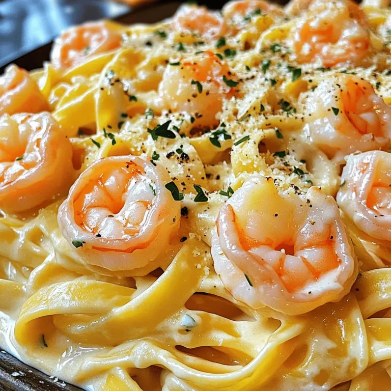 To create this creamy garlic shrimp Alfredo, you need simple yet fresh ingredients. Each one adds flavor and texture to your dish. Here’s what you will need: - 8 oz fettuccine pasta - 1 lb large shrimp, peeled and deveined - 4 cloves garlic, minced - 1 cup heavy cream - 1 cup freshly grated Parmesan cheese - 2 tablespoons unsalted butter - 1 tablespoon extra virgin olive oil - Salt and freshly ground black pepper, to taste - Fresh parsley, finely chopped (for garnish) These ingredients come together to make a rich and satisfying meal. Fettuccine pasta provides a perfect base for the creamy sauce. The shrimp adds protein and a touch of sweetness. Garlic enhances the flavor, while cream and cheese create that deliciously smooth texture. Don’t forget the parsley! It adds a fresh touch and bright color to the dish. To start, fill a large pot with water and add salt. Bring the water to a rolling boil. Once boiling, add 8 oz of fettuccine pasta. Cook according to the package instructions, which usually takes about 8-10 minutes. Check for al dente texture; you want it firm but not hard. Before draining, save 1/2 cup of the starchy pasta water. Drain the pasta and set it aside in a colander. In a big skillet, heat 1 tablespoon of extra virgin olive oil over medium-high heat. Once the oil is hot, add 1 lb of large shrimp, peeled and deveined. Season the shrimp with salt and freshly cracked pepper. Sauté for about 2-3 minutes on each side. The shrimp should turn pink and opaque. Once done, carefully remove the shrimp from the skillet and set them aside on a plate. Lower the heat to medium in the same skillet. Add 2 tablespoons of unsalted butter and 4 cloves of minced garlic. Stir constantly for about 1 minute. You want the garlic to be fragrant but not browned. Cooking it too long can make it taste bitter. Gradually pour in 1 cup of heavy cream while stirring. Bring the mixture to a gentle simmer. Once it simmers, whisk in 1 cup of freshly grated Parmesan cheese until it melts smoothly. If the sauce is too thick, add some of the reserved pasta water to reach your desired creaminess. Return the cooked fettuccine and the sautéed shrimp to the skillet. Toss everything together gently. Make sure the pasta and shrimp are well-coated in the creamy Alfredo sauce. Taste the dish and adjust the seasoning with more salt and pepper if needed. Remove the skillet from the heat. For a beautiful presentation, twirl the fettuccine into nests on each plate. Place a few shrimp on top of each nest. Finish by sprinkling freshly chopped parsley on top. Serve immediately with extra grated Parmesan cheese on the side for those who want more cheesy flavor. To get the right sauce, you must adjust the thickness and creaminess. Start with heavy cream. It adds rich flavor. If the sauce is too thick, use reserved pasta water. Add a little at a time, mixing well. This helps achieve the perfect creamy texture. Cook shrimp for just 2-3 minutes on each side. This keeps them tender and juicy. Look for a bright pink color. Opaque shrimp means they are done. Avoid overcooking, as it makes shrimp tough. Garlic adds great flavor but can turn bitter. Sauté it on medium heat. Cook for about one minute until fragrant. Do not let it brown. Brown garlic can ruin the taste of your sauce. Always stir to prevent burning. {{image_4}} If you want to switch things up, consider these options for heavy cream and cheese. - Milk and Cornstarch: Mix 1 cup of milk with 2 tablespoons of cornstarch to thicken your sauce. - Greek Yogurt: Use Greek yogurt for a tangy twist. Just blend it into the sauce slowly. - Cashew Cream: Blend soaked cashews with water for a dairy-free option. These substitutes give you a different taste and texture while keeping the dish creamy. You can easily change the protein in this dish. Here are some ideas: - Scallops: Sauté scallops instead of shrimp for a sweet flavor. - Chicken: Use diced chicken breast for a hearty meal. Cook it until golden brown before adding it to the sauce. - Lobster: For a touch of luxury, add cooked lobster. It pairs wonderfully with the creamy sauce. These protein swaps keep the dish exciting and cater to different preferences. To make a meatless version of this dish, focus on hearty vegetables: - Mushrooms: Sauté mushrooms for a meaty texture. - Broccoli: Add steamed broccoli for crunch and color. - Spinach: Toss in fresh spinach at the end for a pop of green. These ingredients create a satisfying and flavorful meal without the meat. Store your Creamy Garlic Shrimp Alfredo in an airtight container. It lasts in the fridge for about 2-3 days. Make sure it cools completely before sealing. This helps keep the pasta fresh and tasty. To reheat, gently warm the Alfredo in a skillet over low heat. Add a splash of milk or reserved pasta water to help restore creaminess. Stir often to avoid sticking. You can also use a microwave. Heat in short bursts, stirring in between. This keeps the shrimp and pasta moist. I do not recommend freezing Alfredo. The cream can separate and become grainy. If you must freeze it, store it in a freezer-safe container. Use it within a month for the best taste. When ready to eat, thaw in the fridge overnight and reheat gently. Creamy Garlic Shrimp Alfredo lasts about three to four days in the fridge. Store it in an airtight container. To keep it fresh, let it cool before sealing. When you're ready to eat, just reheat it gently. The sauce may thicken slightly, so add a splash of cream or water to restore its creaminess. Yes, you can use frozen shrimp! Just make sure to thaw them first. To thaw, place them in the fridge overnight or run them under cold water for a few minutes. Frozen shrimp work well, and they can save you time. They will still cook up nicely in the dish. You can prepare the sauce and shrimp ahead of time. Cook your pasta fresh before serving for the best texture. Store the sauce in the fridge for up to two days. Reheat it gently and combine with freshly cooked pasta and shrimp. This way, you enjoy a quick meal without losing flavor! This blog post shared a simple way to make Creamy Garlic Shrimp Alfredo. We covered key ingredients like fettuccine, shrimp, and garlic. You learned how to cook the pasta, sauté the shrimp, and make the Alfredo sauce. My final thoughts: Experiment with the tips and variations to make this dish your own. Enjoy the fresh flavors and the joy of cooking. You can impress anyone with this delicious meal!