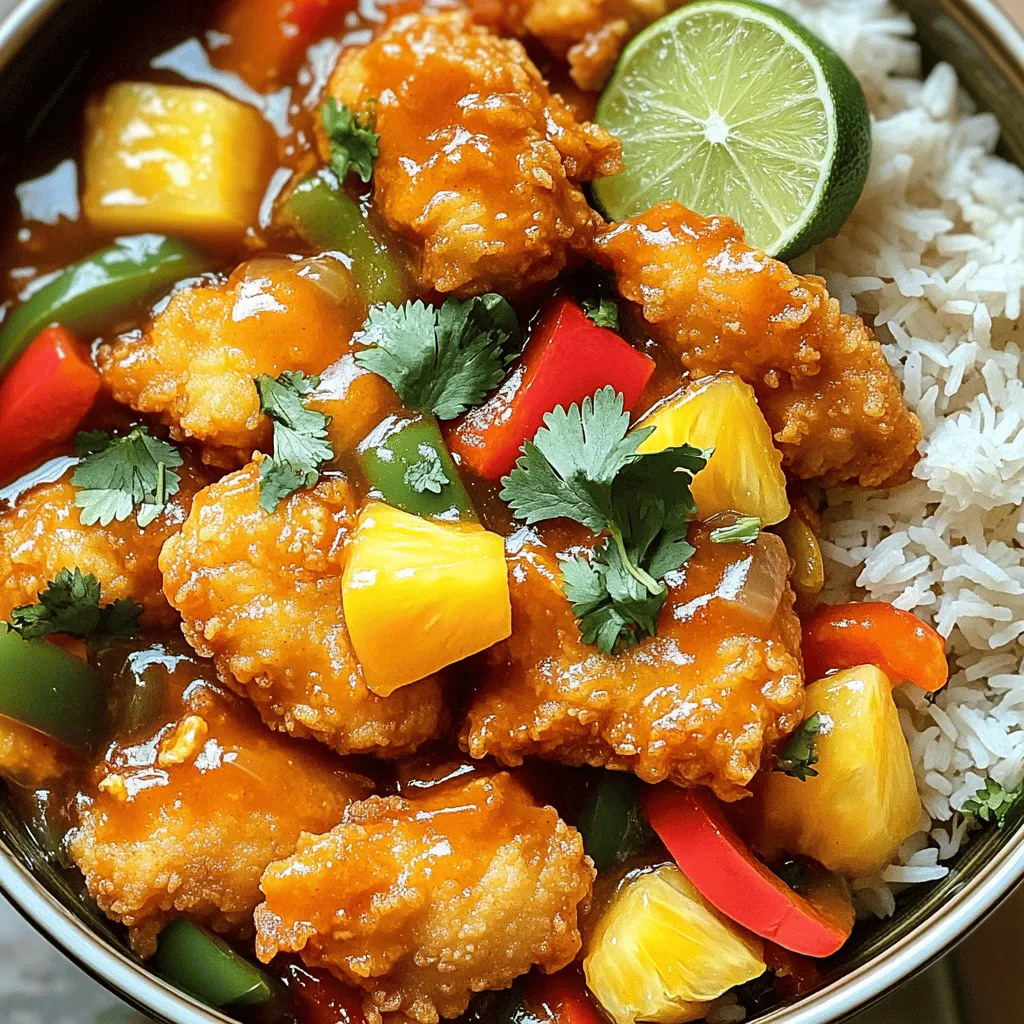 - 1 lb boneless chicken breast, cut into bite-sized pieces - 1 cup assorted bell peppers (red, green, yellow), diced - 1 cup pineapple chunks (fresh or canned) The main ingredients give sweet and sour chicken its unique flavor. Chicken breast forms the base of this dish. It is tender and soaks up all the great flavors. The bell peppers add color and crunch. They also bring a sweet taste that balances the dish. Pineapple adds a juicy sweetness that makes this dish special. - 1/2 cup all-purpose flour - 2 large eggs, beaten - 1 cup breadcrumbs Breading is key to getting that perfect crunch. Flour helps the eggs stick to the chicken. The eggs coat the chicken, helping the breadcrumbs adhere. Breadcrumbs give the chicken a golden-brown crust when fried. This crunch pairs nicely with the soft chicken and sweet sauce. - 1/2 cup ketchup - 1/4 cup apple cider vinegar - 1/4 cup brown sugar The sauce is the heart of sweet and sour chicken. Ketchup gives it a rich base. Apple cider vinegar adds tanginess. Brown sugar brings sweetness, balancing the other flavors. Together, they create a sauce that clings perfectly to the chicken and veggies. - Marinating the Chicken: Start by seasoning the chicken pieces with salt, pepper, garlic powder, and ground ginger. This adds great flavor. Let it sit for about 15 minutes. This step helps the chicken taste better. - Setting Up the Breading Station: Next, set up a three-bowl system. Put all-purpose flour in the first bowl. Pour beaten eggs into the second bowl. Fill the third bowl with breadcrumbs. This setup makes breading easy and organized. - Breading the Chicken: Take each piece of marinated chicken. First, dip it into the flour. Make sure to coat it well. Next, move it to the egg bowl. Let any extra egg drip off. Finally, roll the chicken in breadcrumbs. Press gently to get a good coating. - Frying the Chicken: Heat vegetable oil in a large skillet over medium-high heat. Once hot, add the breaded chicken pieces in batches. Don’t overcrowd the pan. Fry until golden brown, about 4-5 minutes per batch. Use a slotted spoon to take out the chicken and place it on paper towels to drain. - Sautéing the Vegetables: In another pan, add diced onions and bell peppers. Sauté them over medium heat for about 3-4 minutes. Cook until they start to soften and smell good. - Mixing the Sauce: In a bowl, mix ketchup, apple cider vinegar, brown sugar, and soy sauce. Whisk until smooth and well mixed. This sauce gives the dish its sweet and tangy flavor. - Incorporating the Chicken: Add the sautéed onions, bell peppers, and pineapple chunks to the pan. Stir in the sauce mixture. Bring everything to a simmer. Let the flavors blend for a few minutes. - Final Presentation Tips: Gently add the fried chicken to the pan. Toss it to coat every piece. Cook for another 2-3 minutes until everything is warmed through. Serve the sweet and sour chicken in a colorful bowl or platter. Garnish with fresh cilantro and lime slices for a bright touch. Serve with fluffy rice or egg noodles. Adjusting Sweetness and Sourness To make your sweet and sour chicken just right, you can adjust the sauce. If you want it sweeter, add more brown sugar or ketchup. If you like it tangy, add more apple cider vinegar. Start with small amounts and taste as you go. This way, you find your perfect balance. Spice Level Customization Want a kick? Add red pepper flakes or a dash of hot sauce. Start with a little, then taste it. You can always add more heat, but it’s hard to take it out. This way, you can make it mild or spicy, just how you like it. Avoiding Overcrowding When Frying When frying your chicken, keep the pieces spaced apart. If you crowd the pan, the chicken won't fry well. It will steam instead of crisp. Fry in batches, so each piece gets the heat it needs. This helps make your chicken nice and crispy. Best Practices for Sautéing Vegetables When sautéing your veggies, heat your pan first. Add a little oil, then toss in the onions and bell peppers. Keep stirring them. This helps them cook evenly and stay crunchy. Cook them just until they're soft but still bright in color. You want them to keep their flavor. Complementary Side Dishes Serve your sweet and sour chicken with steamed rice or egg noodles. These sides soak up the sauce well. You can also add a fresh salad for a crunchy contrast. This makes your meal more balanced and tasty. Garnishes for Presentation For a beautiful touch, garnish with fresh cilantro leaves and lime slices. This adds color and a fresh flavor. Place everything in a big bowl or nice platter. It makes the dish look inviting and fun to eat. {{image_4}} Alternative Proteins You can swap chicken for shrimp, tofu, or pork. Each option gives a unique taste and texture. Shrimp cooks fast and adds a nice touch. Tofu works well for a vegan meal. Pork adds a hearty flavor that some enjoy. Different Vegetables Feel free to mix in other veggies. Broccoli, snap peas, or carrots can brighten the dish. You can also try zucchini or mushrooms for new textures. The goal is to keep it colorful and fun. Gluten-Free Options To make this dish gluten-free, use gluten-free flour and breadcrumbs. Check the soy sauce label too. Some brands offer gluten-free versions that work great in this recipe. Vegetarian/Vegan Alternatives For a vegetarian twist, use tofu or tempeh instead of chicken. You can use vegetable broth in the sauce for added flavor. This way, you keep the sweet and sour taste without meat. Using Different Types of Vinegar Apple cider vinegar is great, but rice vinegar or white vinegar can also shine in this dish. Each vinegar brings its own flavor, so try what you like best. Adding Fruit or Other Flavor Enhancements You can add mango or orange juice for a fruity twist. This change can make the dish sweeter and even more exciting. Try adding chili flakes for a spicy kick, too. To store leftovers, let the Sweet and Sour Chicken cool down first. Place it in an airtight container. This keeps the flavors fresh. You can store it in the fridge for up to three days. Make sure to separate the chicken from any rice or noodles to keep everything fresh. Best Containers for Storage: - Use glass containers with tight lids. - Plastic containers also work well but check for BPA-free options. - Label the containers with the date to track freshness. You can freeze cooked Sweet and Sour Chicken for longer storage. First, cool it completely. Then, transfer it to freezer-safe bags or containers. Squeeze out as much air as possible before sealing. This helps prevent freezer burn. Reheating Tips: - Thaw in the fridge overnight before reheating. - Use a microwave or stovetop to warm it up. - Add a splash of water to keep it moist while reheating. To recognize spoiled food, check for any off smells or changes in color. If the chicken looks or smells strange, it’s better to throw it away. Tips for Extending Freshness: - Always store leftovers in airtight containers. - Keep the fridge at or below 40°F (4°C). - Use leftovers within three to four days for best quality. Can you make Sweet and Sour Chicken ahead of time? Yes, you can make Sweet and Sour Chicken ahead. Cook the chicken and sauce first. Cool it down, then store it in the fridge. When you are ready, reheat it on the stove or in the microwave. This way, the flavors blend nicely. How do you make Sweet and Sour Chicken spicier? To make Sweet and Sour Chicken spicier, add red pepper flakes or diced jalapeños to the sauce. You can also use a spicy ketchup. For a kick, mix in some hot sauce when you combine the chicken and sauce. Adjust the spice to your taste. What type of oil is best for frying? Vegetable oil is best for frying Sweet and Sour Chicken. It has a high smoke point and is neutral in flavor. You can also use canola oil or peanut oil for a richer taste. Avoid oils with strong flavors that may alter the dish. How can you achieve crunchy chicken? To achieve crunchy chicken, follow the breading steps carefully. Coat the chicken well in flour, egg, and breadcrumbs. Fry in hot oil, not overcrowding the pan. This allows the chicken to cook evenly and stay crispy. Let it drain on paper towels to remove excess oil. Can I use frozen chicken for this recipe? Yes, you can use frozen chicken. Just make sure to thaw it completely before marinating. Thaw in the fridge overnight or use the microwave. This ensures even cooking and better flavor absorption. What can I use instead of pineapple? If you don't have pineapple, you can use mango or diced peaches for a fruity touch. For a tart flavor, try diced green apples or even bell peppers. These will still give you a delicious sweet and sour taste. In this blog post, I covered how to make sweet and sour chicken. You learned about the key ingredients like chicken, bell peppers, and pineapple. I also shared step-by-step instructions on preparing, cooking, and serving this tasty dish. Exploring tips on flavor balance and cooking techniques helped enhance your dish. Plus, I provided ideas for variations, storage, and answered common questions. Ultimately, sweet and sour chicken is flexible, fun, and satisfying. Now, you’re ready to create a delicious meal your family will love.