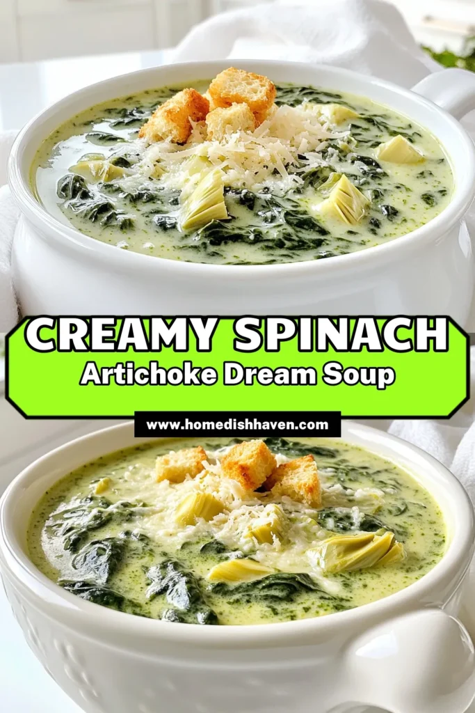 Indulge in a bowl of comfort with this Slow Cooker Creamy Spinach Artichoke Soup! Packed with fresh spinach, artichoke hearts, and rich cheeses, this easy recipe elevates your meal with creamy goodness. Perfect for cozy nights, it cooks effortlessly in your slow cooker. Ready to savor this delicious dish? Click through for the full recipe and enjoy a delightful taste of comfort! #SlowCookerRecipes #SpinachArtichoke #HealthySoups #ComfortFood