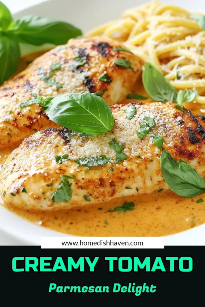 Indulge in a mouthwatering dish with this creamy tomato Parmesan chicken recipe! Juicy chicken breasts are simmered in a rich tomato and creamy Parmesan sauce, delivering a burst of flavor in every bite. Perfectly paired with pasta or served on its own, this dish is sure to impress. Click through for step-by-step instructions to create this comforting meal tonight! #CreamyTomatoParmesanChicken #DinnerIdeas #ComfortFood #RecipeInspiration