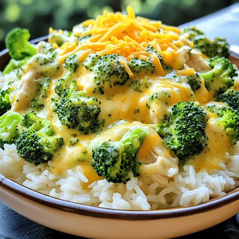 - 4 boneless, skinless chicken breasts - 2 cups fresh broccoli florets - 1 cup shredded sharp cheddar cheese - 1 can (10.5 oz) cream of chicken soup - 1/2 cup chicken broth - 1 teaspoon garlic powder - 1 teaspoon onion powder - 1/2 teaspoon black pepper - 1/2 teaspoon salt - 1 teaspoon Dijon mustard - 1/2 cup sour cream - Cooked rice or pasta - Garnish with extra cheddar cheese and broccoli florets In this creamy dish, the chicken provides a juicy base. I love using boneless, skinless chicken breasts. They cook well in the slow cooker and stay tender. Fresh broccoli florets add a nice crunch and bright color. Plus, they soak up that creamy sauce, making each bite delightful. Sharp cheddar cheese is key for flavor. It melts beautifully, adding richness. The cream of chicken soup makes the sauce thick and hearty. Chicken broth gives it depth, while garlic and onion powder add flavor without extra work. Don't forget the Dijon mustard for a subtle tang. It makes the sauce pop! Finally, a touch of sour cream adds creaminess and balances the flavors. When serving, I love to put this dish over rice or pasta. It’s a great way to soak up the sauce. For a nice touch, sprinkle extra cheddar cheese on top. A few reserved broccoli florets also make it look nice. This dish is sure to please your family and friends! - Initial Setup in the Slow Cooker Start by placing the four boneless, skinless chicken breasts in the slow cooker. Spread them out evenly so they cook well. This helps them absorb all the flavors. - Mixing the Sauce Ingredients In a medium bowl, whisk together the cream of chicken soup and chicken broth. Add garlic powder, onion powder, black pepper, salt, and Dijon mustard. Stir until you have a smooth mix. This sauce is key for flavor. - Cooking Time and Settings Secure the lid on your slow cooker. Set it to cook on low for four hours or on high for two hours. Check that the chicken reaches 165°F. This ensures the chicken is safe to eat. - Adding Broccoli About 30 minutes before serving, add the fresh broccoli florets. Gently stir them into the sauce. This keeps the broccoli bright and tasty while it cooks. - Shredding the Chicken Once the chicken is done, use tongs to take it out. Shred the chicken with two forks until it looks pulled. Return the shredded chicken to the sauce. This makes sure every piece is coated. - Incorporating Cheese and Sour Cream Now stir in the sour cream and shredded cheddar cheese. Mix until the cheese melts into the sauce. This creates a rich and creamy texture that is truly delightful. - Ensuring Even Cooking: Place the chicken breasts in a single layer. This helps them cook evenly. If they overlap, some parts may not cook well. Use a meat thermometer to check that each piece hits 165°F. - Best Practices for Broccoli: Add the broccoli florets 30 minutes before serving. This keeps them bright and crisp. Avoid overcooking the broccoli. It should remain vibrant green and tender, not mushy. - Adding Herbs or Spices: You can boost flavor with herbs like thyme or parsley. A pinch of red pepper flakes adds warmth without overpowering. Mix these in with the sauce for a tasty twist. - Alternative Cheese Options: If you want a different taste, try using gouda or mozzarella. Each cheese brings its own flavor. Experiment to see what you like best. - Serving Style and Bowl Presentation: Serve the dish in shallow bowls. This allows guests to see the colorful broccoli and sauce. A bed of rice or pasta adds a nice base for the chicken. - Garnishing for Visual Appeal: Top each bowl with a little extra cheddar cheese. A few reserved broccoli florets also add color. This simple touch makes the dish look more inviting. {{image_4}} Alternative Protein Options You can swap chicken for turkey or tofu. Turkey gives a leaner taste. Tofu is great for a plant-based meal. Use firm tofu and press it to remove extra moisture. Dairy-Free Modifications For a dairy-free version, replace cheese and sour cream with cashew cream. You can also use a dairy-free cream soup. Many brands offer great options that taste similar. Stovetop Preparation If you prefer the stovetop, start by browning the chicken in a pot. After that, add all the sauce ingredients. Let it simmer until the chicken is cooked through. This usually takes about 30 minutes. Oven-Baked Options To bake, place the marinated chicken in a baking dish. Top it with the sauce and broccoli. Cover with foil and bake at 350°F for about 40 minutes. Remove the foil for the last 10 minutes to brown the cheese. Spicy Versions Want a kick? Add red pepper flakes or diced jalapeños. This will spice up the creamy sauce nicely. Start with a small amount and taste as you go. Adding Vegetables You can toss in carrots, bell peppers, or peas. These veggies add color and extra nutrients. Just chop them small so they cook evenly with the broccoli. To keep your Creamy Broccoli Cheddar Chicken fresh, store it properly. Use an airtight container. Make sure to cool it down first before sealing. This helps prevent moisture build-up. You can store the leftovers in the fridge for up to three days. If you need to keep it longer, consider freezing. For freezing, place the chicken in a freezer-safe bag. Remove as much air as possible before sealing. It can last up to three months in the freezer without losing flavor. When you’re ready to enjoy your leftovers, reheating is key. The best method is to use the microwave. Place your portion in a microwave-safe bowl. Heat on medium power for two to three minutes. Stir halfway to ensure even warmth. If you want to maintain that creamy texture, you can add a splash of chicken broth or milk before reheating. This keeps it from drying out. You can also use a stovetop method. Heat gently in a pan over low heat, stirring often. Knowing how long to keep leftovers is important. In the fridge, your Creamy Broccoli Cheddar Chicken is good for three days. After that, it may spoil. Signs of spoilage include an off smell or changes in color. If frozen, it can last for three months. Thaw it in the fridge before reheating. Always check for signs of spoilage before enjoying leftovers. Keeping these tips in mind helps you enjoy this dish at its best! Cooking this dish takes about 4 hours on low or 2 hours on high. You want the chicken to reach 165°F. For best results, always check the internal temperature with a meat thermometer. This ensures safety and perfect texture. Yes, you can use frozen broccoli! It saves time and still tastes great. Just add it about 30 minutes before serving. This way, it cooks through without getting mushy. Fresh broccoli offers a nice crunch, but frozen works well too. If you need a substitute, try cream of mushroom soup or a homemade mix. For a dairy-free option, use coconut milk with some flour to thicken. This keeps the dish creamy while meeting dietary needs. Always taste as you go to adjust flavors! This article covered how to make Creamy Broccoli Cheddar Chicken in a slow cooker. You learned about the main ingredients, sauce components, and serving ideas. I shared step-by-step instructions from prep to final touches. We also talked about tips, flavor variations, and storage info. With this dish, you can enjoy great taste with easy prep. Experiment with flavors and find what works best for you. Enjoy your cooking journey!
