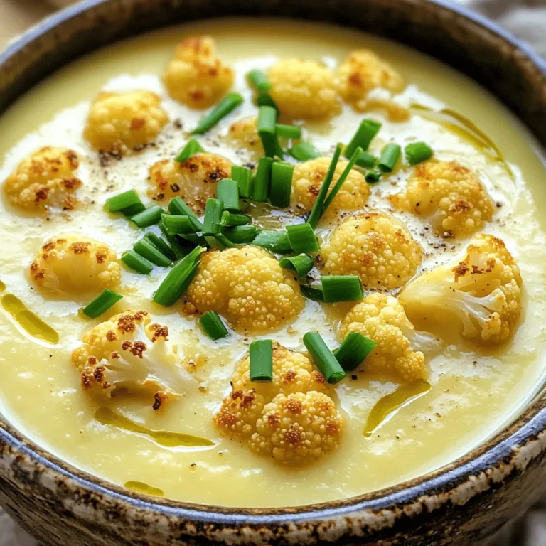 - 1 large head of cauliflower, cut into bite-sized florets - 2 tablespoons extra virgin olive oil - 1 medium onion, finely chopped - 3 cloves of garlic, minced - 4 cups low-sodium vegetable broth - 1 cup coconut milk (or heavy cream for a non-vegan alternative) - 1 teaspoon ground cumin - 1 teaspoon smoked paprika - Sea salt and freshly ground black pepper to taste - Fresh chives or parsley, finely chopped, for garnish Gather these ingredients before starting. The cauliflower is the star, bringing a rich, nutty flavor when roasted. Olive oil adds depth, while onion and garlic build a fragrant base. The vegetable broth gives the soup body, while coconut milk or cream brings creaminess. Spices like cumin and paprika add warmth. Don't forget the fresh herbs for a bright finish! 1. Preheat your oven to 425°F (220°C). This helps roast the cauliflower evenly. 2. Cut the cauliflower into bite-sized florets. Place them on a large baking tray. 3. Drizzle the florets with two tablespoons of extra virgin olive oil. 4. Season with sea salt and freshly ground black pepper. Toss the florets well to coat them. 5. Spread the florets in a single layer. This ensures they roast properly. 6. Roast the cauliflower for 25-30 minutes. Flip them halfway for even browning. Look for a golden-brown color and fork-tender texture. 1. In a large pot, heat a splash of olive oil over medium heat. 2. Add a finely chopped medium onion. Sauté for about 5 minutes until it turns translucent. 3. Next, stir in three minced cloves of garlic, one teaspoon of ground cumin, and one teaspoon of smoked paprika. Cook for another 1-2 minutes. This step fills your kitchen with amazing smells. 1. Once the cauliflower is roasted, carefully add it to the pot with the onions and garlic. 2. Pour in four cups of low-sodium vegetable broth. Raise the heat and bring it to a simmer. 3. Let the mixture simmer for about 10 minutes. This allows all the flavors to blend. 4. Remove the pot from the heat. Use an immersion blender to purée the soup until it is smooth and creamy. If you don't have one, transfer the mixture in batches to a countertop blender. Let it cool slightly to avoid splatter. 5. Return the smooth soup to the pot. Stir in one cup of coconut milk or heavy cream. 6. Place the pot back on low heat. Taste the soup and adjust seasoning with sea salt and freshly cracked black pepper as needed. 7. Once heated through, ladle the soup into bowls. Garnish with fresh chives or parsley for a splash of color. To make your soup creamy, you can use coconut milk or heavy cream. Coconut milk gives a vegan option and a nice subtle sweetness. Heavy cream adds richness and a thicker texture. Choose what fits your taste! For smooth soup, I recommend using an immersion blender. It makes blending easy right in the pot. If you prefer a countertop blender, let the soup cool slightly to avoid splatter. Seasoning is key to great soup. Taste it as you go! If you want more depth, add a pinch of salt or pepper. You can also try adding a splash of lemon juice for brightness. Consider adding spices like nutmeg or chili powder. They can lift the flavor profile and bring warmth to your soup. Roasting cauliflower gives it a lovely caramelized flavor. Spread the florets in a single layer on the baking tray. This helps them roast evenly. Flip them halfway through to ensure all sides cook well. Look for a deep golden color on the florets. They should be fork-tender when done. This means they are perfect for blending into your creamy soup! {{image_4}} If you want a vegan soup, you can skip the coconut milk. Use almond milk or cashew cream instead. These milks add creaminess while keeping the soup light. You can also mix in some silken tofu for extra protein and smoothness. Another great option is to add nutritional yeast. It gives a cheesy flavor without any dairy. Just a couple of tablespoons will do. Stir it in while blending for a tasty twist. To make this soup even better, consider adding fresh herbs. Thyme and rosemary work well with cauliflower. Add them while sautéing the onion. This brings out their flavors and adds depth to the soup. You can also mix in other veggies. Carrots add sweetness, while potatoes make it heartier. Chop them up and roast them with the cauliflower. This is a fun way to change the taste and texture of your soup. This creamy roasted cauliflower soup pairs nicely with bread or a fresh salad. A crusty loaf or garlic bread complements the soup’s flavors perfectly. It makes for a satisfying meal. For garnishes, try something different than chives or parsley. Toasted seeds or nuts can add crunch. A drizzle of olive oil or balsamic glaze can enhance the look and flavor too. Get creative with your toppings to make each bowl special! After making the creamy roasted cauliflower soup, let it cool. Place it in an airtight container. This keeps the soup fresh and tasty. You can store it in the fridge for up to 3 days. If you want to enjoy it later, make sure it cools to room temperature first. To freeze the soup, pour it into freezer-safe containers or bags. Leave some space at the top for expansion. You can freeze the soup for up to 2 months. When you're ready to eat, take it out and thaw it overnight in the fridge. To reheat, pour the soup into a pot and heat it over low heat. Stir it often to make sure it heats evenly. You can also use a microwave. Just heat it in short bursts, stirring in between. Enjoy the creamy goodness! Yes, you can make this soup ahead of time. To store it, let the soup cool completely. Then, transfer it to an airtight container. In the fridge, it can last about 4-5 days. When you are ready to enjoy it, simply reheat it on the stove over low heat. Stir occasionally to warm it evenly. If the soup is too thick, add a splash of vegetable broth or water to loosen it. If you want to swap coconut milk, there are great options. Heavy cream works well for a creamy texture. For a dairy-free choice, try almond milk or soy milk. You can also use cashew cream for a rich flavor. Each option changes the taste slightly, so choose what fits your diet. Absolutely! Adding protein boosts the soup's nutrition. You can mix in canned white beans, chickpeas, or lentils. These will blend well with the flavors. If you prefer meat, shredded chicken or cooked sausage can add heartiness. Just stir it in when you blend the soup for a smooth finish. To spice up your soup, add red pepper flakes or cayenne pepper. Start with a small amount and stir it in. You can also include fresh jalapeños or diced chili peppers for more heat. If you like a smoky flavor, try smoked paprika. Adjust these to your taste for the perfect kick! In summary, this blog post walks you through making a creamy cauliflower soup. You learned about key ingredients like cauliflower, onion, and coconut milk. I shared step-by-step instructions, tips for perfecting the texture, and tasty variations. Finally, I covered storage and common questions. Whether you want a classic or a vegan twist, this soup fits all meals. Enjoy experimenting with flavors, and create a comforting dish everyone will love.