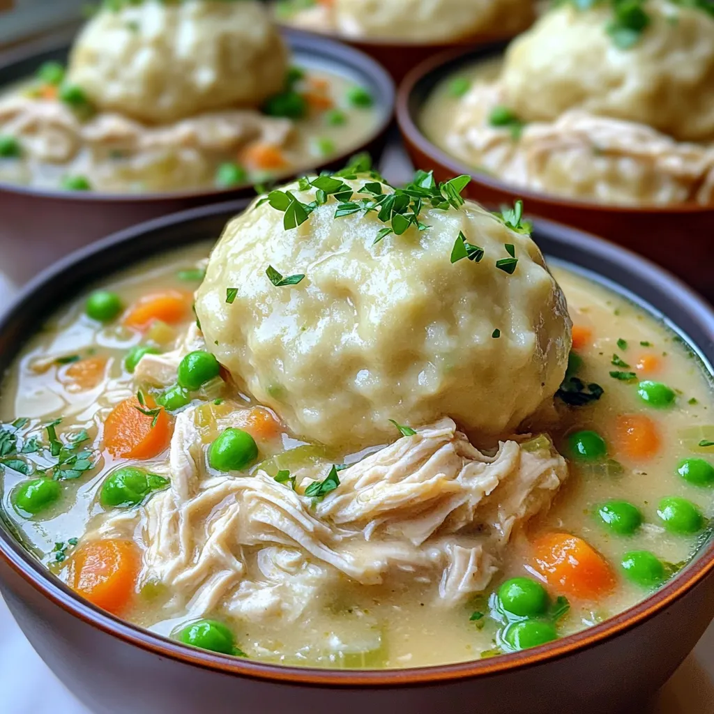 - 4 boneless, skinless chicken breasts - 4 cups chicken broth - 1 medium onion, diced - 2 carrots, sliced - 2 celery stalks, chopped - 3 cloves garlic, minced - 1 teaspoon dried thyme - 1 teaspoon dried parsley - 1 teaspoon onion powder - 1 cup frozen peas - 2 cans refrigerated biscuit dough - Salt and black pepper, to taste For this dish, you start with boneless chicken breasts. They cook up tender and juicy. The chicken broth adds rich flavor and moisture. I love using fresh veggies like onion, carrots, celery, and garlic. They bring color and taste to the meal. Seasonings like thyme, parsley, and onion powder really boost the flavors. The frozen peas add a nice pop of color and sweetness. For the dumplings, I use refrigerated biscuit dough. It's so easy and gives a fluffy texture. You can feel the comfort in every bite. Don't forget to season everything with salt and black pepper to taste. This simple step makes a big difference! - Slow cooker - Cutting board - Forks - Measuring cups and spoons You will need a slow cooker for this recipe. It makes cooking simple and hands-free. A cutting board is great for prepping the veggies. Use forks to shred the chicken later. Measuring cups and spoons help you get the right amounts of each ingredient. With these tools ready, you can make this comforting dish with ease! - Seasoning the Chicken Breasts Start with the boneless, skinless chicken breasts. Place them at the bottom of your slow cooker. Sprinkle salt, black pepper, dried thyme, dried parsley, and onion powder on top. This makes the chicken tasty and juicy. - Layering Vegetables on Top Next, add the diced onion, sliced carrots, chopped celery, and minced garlic. Layer these vegetables over the seasoned chicken. This adds flavor and nutrients to the meal. - Adding Chicken Broth Carefully pour 4 cups of chicken broth over the chicken and vegetables. Make sure everything is covered. This broth will keep the dish moist and rich in flavor. - Cooking Time Options (Low vs High) Cover your slow cooker with the lid. Set it to cook on low heat for 6-7 hours or on high heat for 3-4 hours. The chicken should be tender and fully cooked when time is up. - Shredding the Chicken Once the chicken is cooked, take it out of the slow cooker. Place it on a cutting board. Use two forks to shred the chicken into small pieces and set it aside. - Adding Dumplings and Peas Stir in 1 cup of frozen peas into the slow cooker. This adds a pop of color and sweetness. Then, return the shredded chicken to the pot, mixing it with the vegetables and broth. - Cooking the Dumplings Open the cans of refrigerated biscuit dough. Cut each biscuit into quarters and drop them onto the chicken mixture. Cover the slow cooker again. Cook on high for another 30-40 minutes until the dumplings are fluffy and fully cooked. Enjoy the comfort and warmth of this dish as you ladle it into bowls, ready to savor every bite. - Best Seasoning Combinations: Use salt, black pepper, dried thyme, parsley, and onion powder. This mix brings out the chicken's natural taste. You can adjust these to fit your liking. - Importance of Broth Quality: A good broth makes a big difference. Look for low-sodium or homemade broth. It adds depth and flavor to your dish. - Cooking Time Adjustments: Dumplings need about 30-40 minutes on high heat. Adjust this time based on your slow cooker model. - Testing Doneness: Stick a toothpick into the dumplings. If it comes out clean, they are ready. If not, give them a few more minutes. - Garnishing Suggestions: Fresh parsley adds color and freshness. Sprinkle it on top before serving. This small touch makes the dish more inviting. - Serving Ideas: Serve in deep bowls for a cozy feel. Pair with crusty bread for a complete meal. {{image_4}} You can change the chicken to turkey or beef. Turkey adds a nice twist. Beef brings a hearty flavor. Both options work well in this dish. Feel free to swap the veggies too. Mushrooms give an earthy taste. Corn adds sweetness and a pop of color. Both choices add fun to your meal. Want to spice it up? Add Cajun seasoning for a kick. Italian herbs bring warmth and depth. These spices create a whole new flavor. You can also make it creamier. Stir in cream cheese for richness. Sour cream adds a tangy twist. Both make the broth velvety and delicious. For gluten-free folks, choose gluten-free biscuit dough. Many brands offer tasty options. They fit perfectly into your dish without losing flavor. If you need low-sodium choices, look for low-sodium broth. This keeps the dish lighter and healthier. You can still enjoy all the flavor without the extra salt. - Proper Storage Methods: Let the dish cool to room temperature. Then, use an airtight container to keep it fresh. This keeps the flavor locked in and prevents spills. - Recommended Storage Duration: Store the leftovers in the fridge for up to three days. Use them within this time for the best taste. - Best Practices for Freezing: Divide the chicken and dumplings into smaller portions. This makes it easier to thaw only what you need. Use freezer-safe containers or bags to avoid freezer burn. - Suggested Thawing Process: To thaw, place the container in the fridge overnight. If you're in a hurry, you can use the microwave on the defrost setting. - Methods for Reheating: You can reheat the dish in the microwave or on the stove. If using the stove, add a splash of broth to keep it moist. - Maintaining Flavor and Texture: Stir gently while reheating. This helps keep the dumplings soft and the chicken juicy. Yes, you can use frozen chicken breasts in your slow cooker. Just add them straight to the pot. You might need to cook them longer, around 7-8 hours on low. This extra time helps them cook through safely. Check the chicken's internal temperature with a meat thermometer. It should reach 165°F (75°C). If you don’t have a thermometer, the chicken should be tender and shred easily with a fork. Chicken and dumplings is a complete meal, but you can add sides. Try a simple green salad or steamed veggies. A slice of crusty bread also pairs well with the dish. Leftovers can last for about 3-4 days in the fridge. Store them in an airtight container. Make sure to cool them before putting them away to keep them fresh. This blog post highlights a simple way to make chicken and dumplings. We covered the main ingredients like chicken, broth, and vegetables. You learned key steps—from preparing chicken to cooking in the slow cooker. We also shared tips to enhance flavor and presentation. In final thoughts, feel free to make this dish your own with swaps and variations. Whether you store leftovers or freeze portions, you can enjoy this comforting meal again. Happy cooking!
