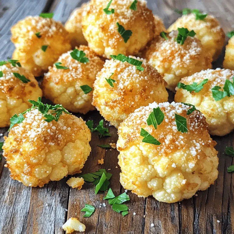 To make the best Parmesan cauliflower bites, you need fresh, simple ingredients. Here’s what you'll need: - Medium head of cauliflower - Grated Parmesan cheese - Almond flour - Large eggs - Seasonings (garlic powder, onion powder, paprika) - Salt and pepper - Fresh parsley for garnish - Cauliflower: This is the main veggie. It gives the bites their shape. - Grated Parmesan cheese: This adds a cheesy flavor. It also helps the bites become golden. - Almond flour: This is gluten-free. It gives a nice texture to the bites. - Large eggs: They help bind everything together. Eggs keep the coating on the cauliflower. - Seasonings: Garlic powder, onion powder, and paprika add flavor. - Salt and pepper: These enhance all the other flavors. - Fresh parsley: This adds color and a fresh taste when you serve the bites. Choosing fresh ingredients makes your dish tastier. The right balance of flavors makes each bite a treat. You can easily find these items at your local store. Using these ingredients will ensure you get crispy, cheesy, and delightful bites every time. First, we need to make the tasty coating. Grab a large mixing bowl. In it, mix the following dry ingredients: - 1 cup finely grated Parmesan cheese - 1/2 cup almond flour - 1 teaspoon garlic powder - 1 teaspoon onion powder - 1/2 teaspoon paprika - Salt and freshly ground black pepper to taste Whisk these together until they blend well. This mix will give the cauliflower a wonderful flavor and crunch. Next, take a separate medium bowl and beat 2 large eggs. Keep whisking until the eggs look uniform. This step is crucial for coating the cauliflower evenly. Now, it’s time to coat the cauliflower. Start with 1 medium head of cauliflower, cut into bite-sized florets. Add the florets into the bowl with the beaten eggs. Toss them gently, ensuring every piece gets coated. The egg helps the dry mix stick. Once coated, move the cauliflower florets to the bowl with the Parmesan mixture. Toss them again so that every piece is covered in the cheesy goodness. This will create a crunchy outer layer when cooked. Before cooking, preheat your air fryer to 400°F (200°C) for about 3-5 minutes. This step is key for achieving that perfect crispiness. Once preheated, arrange the coated cauliflower bites in the air fryer basket. Make sure to place them in a single layer. Leave some space between each piece. This helps them cook evenly. Cook the cauliflower bites for 12-15 minutes. Halfway through, give the basket a shake. This promotes even browning and ensures a delightful crunch. When they turn golden brown, carefully remove them. Place the bites on a serving plate and get ready to enjoy! To make your cauliflower bites crispy, set your air fryer to 400°F (200°C). This high heat helps to brown the bites nicely. Leave space between each piece in the air fryer basket. This space allows air to flow around the bites and cook them evenly. If they touch, they may steam instead of crisp. You can try different seasonings to change the flavor. Some fun options are: - Italian seasoning - Smoked paprika - Chili powder Fresh herbs add great taste too. Sprinkle some parsley, basil, or chives on top for color and flavor. They make your bites look pretty and taste fresh! {{image_4}} You can make these bites gluten-free easily. Just swap almond flour for other gluten-free flours. Options include coconut flour or chickpea flour. Each type brings a unique taste and texture. Coconut flour absorbs more moisture, so use less. Chickpea flour adds a nutty flavor. Experiment to find your favorite! Want to change up the cheese? Feel free to use different types of cheese! Cheddar adds a sharp flavor. Mozzarella gives a gooey, stretchy texture. You can mix cheeses too! Try a blend for a delicious twist. Each cheese will change the bites’ taste and make them fun and new. Mixing in other vegetables boosts nutrition and flavor. Try adding broccoli or bell peppers. Zucchini or carrots can work well too. Cut them into small pieces so they cook evenly. This way, your bites become even healthier and colorful. Get creative and find the perfect veggie combo for your tastes! To keep your Parmesan cauliflower bites fresh, use these simple steps. First, let the bites cool completely. This helps prevent excess moisture. Next, place them in an airtight container. Make sure they are in a single layer if possible. You can also use parchment paper between layers to avoid sticking. Store the container in the fridge. These bites stay good for up to three days. If you want to keep them longer, consider freezing. Just place them in a freezer-safe bag. They can last for up to three months in the freezer. When it's time to enjoy your leftovers, reheating is key. For the best results, use the air fryer again. Preheat it to 350°F (175°C) for about 3 minutes. Place the cauliflower bites in a single layer. Cook them for about 5-7 minutes. This method helps them stay crispy. You can also use an oven if you prefer. Set it to 350°F (175°C) and bake for 10-15 minutes. Just keep an eye on them to avoid burning. If you use a microwave, the bites may become soggy, so it's best to avoid that method. Yes, you can use frozen cauliflower. Start by thawing it completely. Pat it dry with a towel to remove excess moisture. This step is key to getting crispy bites. Follow the same steps as fresh cauliflower after drying. The cooking time may be a bit longer, so check for crispiness at 15 minutes. To add heat, you can mix in red pepper flakes. Start with 1/2 teaspoon. You can also use cayenne pepper for a stronger kick. Add this to the dry mix with garlic and onion powder. For extra flavor, try a dash of hot sauce in the egg mixture. These simple changes make a big impact on taste. Yes, you can prep these bites in advance. Coat the cauliflower and store it in the fridge for up to 2 hours before cooking. This helps the flavors blend. You can also cook them ahead and store leftovers. Keep them in an airtight container in the fridge for up to 3 days. Reheat in the air fryer for 5 minutes to regain crispiness. This guide showed how to make crispy Parmesan cauliflower bites. You learned about the key ingredients and the simple steps to prepare them. We explored tips for perfecting your dish and made variations easy to try. Plus, I shared how to store and reheat your leftovers. In conclusion, these bites offer a fun, tasty, and healthy snack. Enjoy experimenting with flavors and variations. You can't go wrong with this easy recipe!
